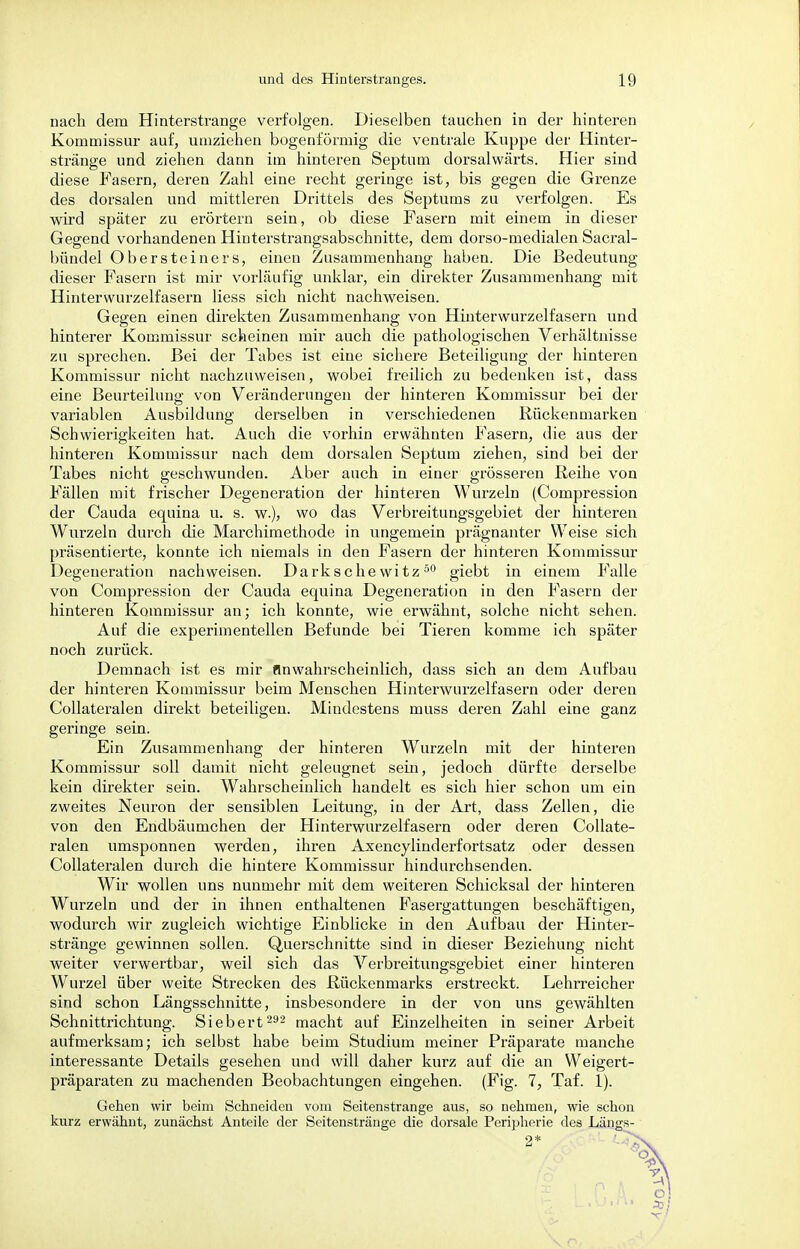 nach dem Hinterstrange verfolgen. Dieselben tauchen in der hinteren Kommissur auf, umziehen bogenförmig die ventrale Kuppe der Hinter- stränge und ziehen dann im hinteren Septum dorsalwärts. Hier sind diese Fasern, deren Zahl eine recht geringe ist, bis gegen die Grenze des dorsalen und mittleren Drittels des Septums zu verfolgen. Es wird später zu erörtern sein, ob diese Fasern mit einem in dieser Gegend vorhandenen Hinterstrangsabschnitte, dem dorso-medialen Sacral- bündel Obersteiners, einen Zusammenhang haben. Die Bedeutung dieser Fasern ist mir vorläufig unklar, ein direkter Zusammenhang mit Hinterwurzelfasern liess sich nicht nachweisen. Gegen einen direkten Zusammenhang von Hinterwurzelfasern und hinterer Kommissur scheinen mir auch die pathologischen Verhältnisse zu sprechen. Bei der Tabes ist eine sichere Beteiligung der hinteren Kommissur nicht nachzuweisen, wobei freilich zu bedenken ist, dass eine Beurteilung von Veränderungen der hinteren Kommissur bei der variablen Ausbildung derselben in verschiedenen Rückenmarken Schwierigkeiten hat. Auch die vorhin erwähnten Fasern, die aus der hinteren Kommissur nach dem dorsalen Septum ziehen, sind bei der Tabes nicht geschwunden. Aber auch in einer grösseren Reihe von Fällen mit frischer Degeneration der hinteren Wurzeln (Compression der Cauda equina u. s. w.), wo das Verbreitungsgebiet der hinteren Wurzeln durch die Marchimethode in ungemein prägnanter Weise sich präsentierte, konnte ich niemals in den Fasern der hinteren Kommissur Degeneration nachweisen. Darksche witz50 giebt in einem Falle von Compression der Cauda equina Degeneration in den Fasern der hinteren Kommissur an; ich konnte, wie erwähnt, solche nicht sehen. Auf die experimentellen Befunde bei Tieren komme ich später noch zurück. Demnach ist es mir flnwahrscheinlich, dass sich an dem Aufbau der hinteren Kommissur beim Menschen Hinterwurzelfasern oder deren Collateralen direkt beteiligen. Mindestens muss deren Zahl eine ganz geringe sein. Ein Zusammenhang der hinteren Wurzeln mit der hinteren Kommissur soll damit nicht geleugnet sein, jedoch dürfte derselbe kein direkter sein. Wahrscheinlich handelt es sich hier schon um ein zweites Neuron der sensiblen Leitung, in der Art, dass Zellen, die von den Endbäumchen der Hinterwurzelfasern oder deren Collate- ralen umsponnen werden, ihren Axencylinderfortsatz oder dessen Collateralen durch die hintere Kommissur hindurchsenden. Wir wollen uns nunmehr mit dem weiteren Schicksal der hinteren Wurzeln und der in ihnen enthaltenen Fasergattungen beschäftigen, wodurch wir zugleich wichtige Einblicke in den Aufbau der Hinter- stränge gewinnen sollen. Querschnitte sind in dieser Beziehung nicht weiter verwertbar, weil sich das Verbreitungsgebiet einer hinteren Wurzel über weite Strecken des Rückenmarks erstreckt. Lehrreicher sind schon Längsschnitte, insbesondere in der von uns gewählten Schnittrichtung. Siebert 292 macht auf Einzelheiten in seiner Arbeit aufmerksam; ich selbst habe beim Studium meiner Präparate manche interessante Details gesehen und will daher kurz auf die an Weigert- präparaten zu machenden Beobachtungen eingehen. (Fig. 7, Taf. 1). Gehen wir beim Schneiden vom Seitenstrange aus, so nehmen, wie schon kurz erwähnt, zunächst Anteile der Seitenstränge die dorsale Peripherie dos Längs- 2* L>