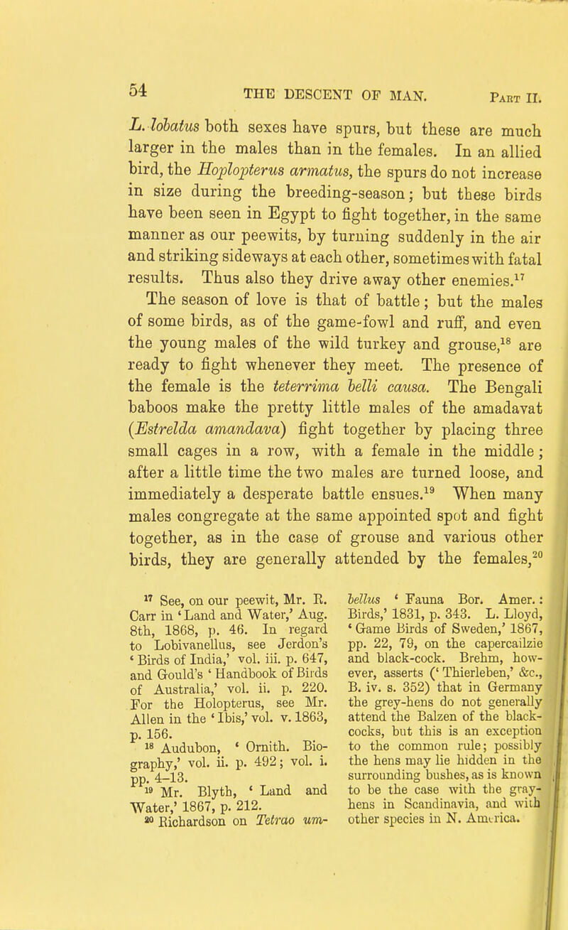 L. hiatus both sexes have spurs, but these are much larger in the males than in the females. In an allied bird, the Hojplopterus armatus, the spurs do not increase in size during the breeding-season; but these birds have been seen in Egypt to fight together, in the same manner as our peewits, by turning suddenly in the air and striking sideways at each other, sometimes with fatal results. Thus also they drive away other enemies.^^ The season of love is that of battle; but the males of some birds, as of the game-fowl and rufi, and even the young males of the wild turkey and grouse,^^ are ready to fight whenever they meet. The presence of the female is the teterrima belli causa. The Bengali baboos make the pretty little males of the amadavat (Estrelda amandava) fight together by placing three small cages in a row, with a female in the middle; after a little time the two males are turned loose, and immediately a desperate battle ensues.^^ When many males congregate at the same appointed spot and fight together, as in the case of grouse and various other birds, they are generally attended by the females,-  See, on our peewit, Mr, E. Carr in ' Land and Water,' Aug, 8th, 1868, p. 46, In regard to Lobivanellus, see Jerdon's ' Birds of India,' vol. iii. p. 647, and Gould's ' Handbook of Birds of Australia,' vol, ii. p. 220. For the Holopterus, see Mr. Allen in the ' Ibis,' vol. v. 1863, p. 156. 18 Audubon, ' Omith. Bio- graphy,' vol. ii. p. 492; vol. i. pp. 4-13.  Mr. Blyth, ' Land and Water,' 1867, p. 212. Eichardson on Tetrao um- lellus ' Fauna Bor. Amer.: Birds,' 1831, p. 343. L, Lloyd, ' Game Birds of Sweden,' 1867, pp, 22, 79, on the capercailzie and black-cock. Brehm, how- ever, asserts (' Thierleben,' &c., B. iv. s. 352) that in Germany the grey-hens do not generally attend the Balzen of the black- cocks, but this is an exception to the common rule; possibly the hens may lie hidden in the surrounding bushes, as is known to be the case with the gray- hens in Scandinavia, and with other species in N. America.
