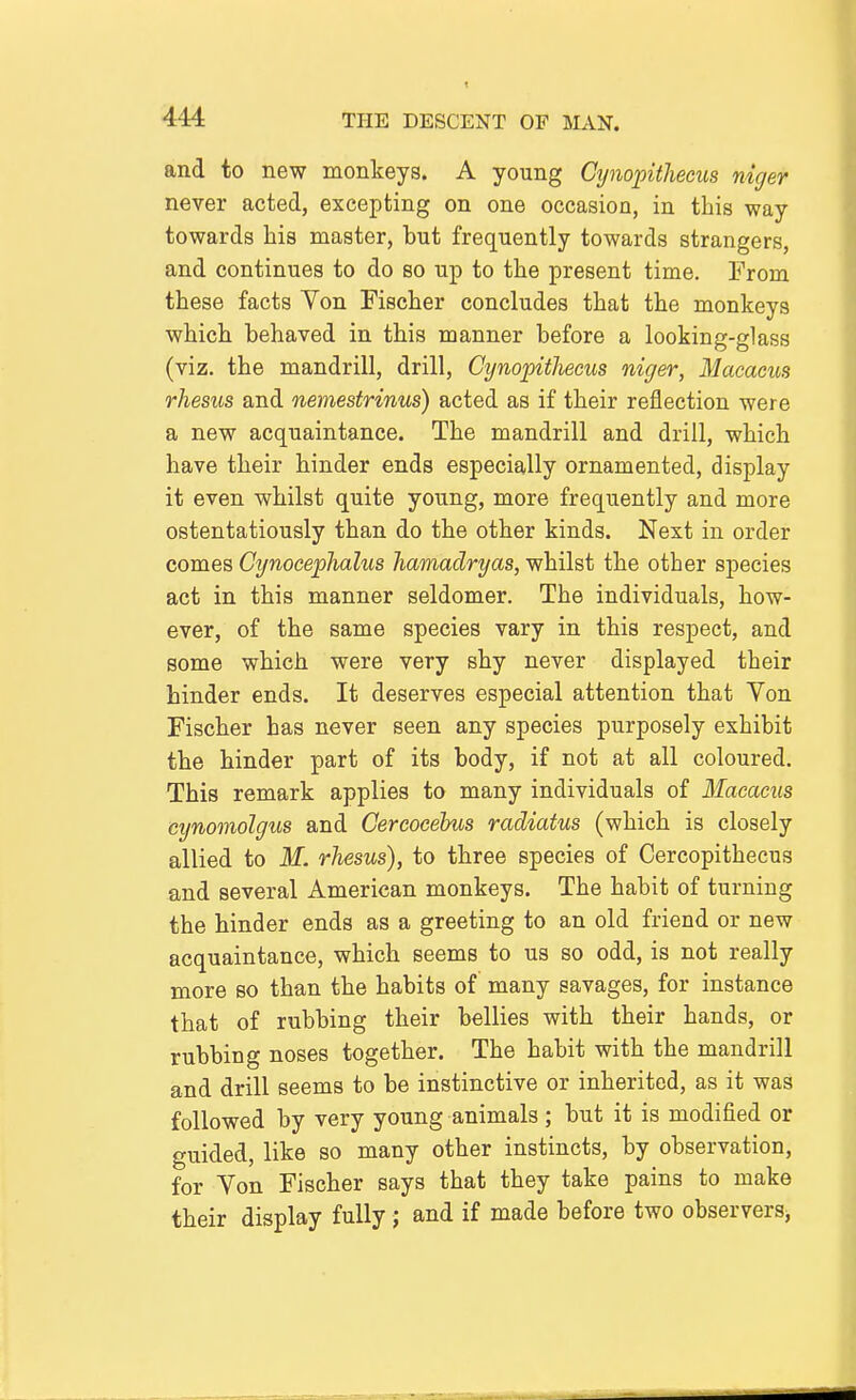 and to new monkeys. A young Ctjnopithecus niger never acted, excepting on one occasion, in this way towards his master, but frequently towards strangers, and continues to do so up to the present time. From these facts Yon Fischer concludes that the monkeys which behaved in this manner before a looking-glass (viz. the mandrill, drill, Cynopitheeus niger, Macacus rhesus and nemestrinus) acted as if their reflection were a new acquaintance. The mandrill and drill, which have their hinder ends especially ornamented, display it even whilst quite young, more frequently and more ostentatiously than do the other kinds. Nest in order comes Cynocephalus Jiamadryas, whilst the other species act in this manner seldomer. The individuals, how- ever, of the same species vary in this respect, and some which were very shy never displayed their hinder ends. It deserves especial attention that Yon Fischer has never seen any species purposely exhibit the hinder part of its body, if not at all coloured. This remark applies to many individuals of Macacus cynomolgus and Cereocehus radiatus (which is closely allied to M. rhesus), to three species of Cercopithecus and several American monkeys. The habit of turning the hinder ends as a greeting to an old friend or new acquaintance, which seems to us so odd, is not really more so than the habits of many savages, for instance that of rubbing their bellies with their hands, or rubbing noses together. The habit with the mandrill and drill seems to be instinctive or inherited, as it was followed by very young animals; but it is modified or guided, like so many other instincts, by observation, for Yon Fischer says that they take pains to make their display fully ; and if made before two observers^