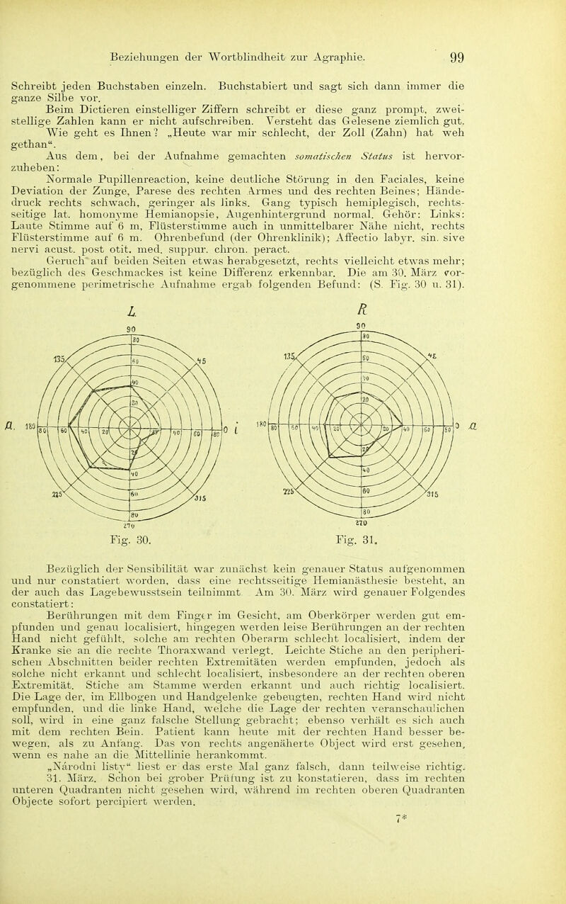 Schreibt jeden Buchstaben einzeln. Buchstabiert und sagt sich dann immer die ganze Silbe vor. Beim Dictieren einstelliger Ziffern schreibt er diese ganz prompt, zwei- stellige Zahlen kann er nicht aufschreiben. Versteht das Gelesene ziemlich gut. Wie geht es Ihnen? „Heute war mir schlecht, der Zoll (Zahn) hat weh gethan. Aus dem, bei der Aufnahme gemachten somatischen Status ist hervor- zuheben: Normale Pupillenreaction, keine deutliche Störung in den Faciales, keine Deviation der Zunge, Parese des rechten Armes und des rechten Beines; Hände- druck rechts schwach, geringer als links. Gang typisch hemiplegisch, rechts- seitige lat. homonyme Hemianopsie, Augenhintergrund normal. Gehör: Links: Laute Stimme auf 6 m, Flüsterstimme ai^ch in unmittelbarer Nähe nicht, rechts Flüsterstimme auf 6 m. Ohrenbefund (der Ohrenklinik); Affectio labj-r. sin. sive nervi acust. post otit. med. suppur. chron. peract. Geruch' auf beiden Seiten etwas herabgesetzt, rechts vielleicht etwas mehr; bezüglich des Geschmackes ist keine Differenz erkennbar. Die am 30. März vor- genommene perimetrische Aufnahme ergab folgenden Befund: (S. Fig. 30 u. 31). l. R a. Fig. 30. Fig. 31, Bezüglich der Sensibilität war zunächst kein genauer Status aufgenommen und nur constatiert worden, dass eine rechtsseitige Hemianästhesie besteht, an der auch das Lagebewiisstsein teilnimmt Am 30. März wird genauer Folgendes constatiert: Berührungen mit dem Finger im Gesicht, am Obei-körper werden gut em- pfunden und genau localisiert, hingegen werden leise Berührungen an der rechten Hand nicht gefühlt, solche am, rechten Oberarm schlecht localisiert, indem der Kranke sie an die rechte Thoraxwand verlegt. Leichte Stiche an den peripheri- schen Abschnitten beider rechten Extremitäten werden empfunden, jedoch als solche nicht erkannt und schlecht localisiert, insbesondere an der rechten oberen Extremität. Stiche am Stamme werden erkannt und auch richtig localisiert. Die Lage der, im Ellbogen und Handgelenke gebeugten, rechten Hand wird nicht empfunden, und die linke Hand, welche die Lage der rechten veranschaulichen soll, wird in eine ganz falsche Stellung gebracht; ebenso verhält es sich auch mit dem rechten Bein. Patient kann heute mit der rechten Hand besser be- wegen, als zu Anfang. Das von reclits angenäherte Object wird erst gesehen, wenn es nahe an die Mittellinie herankommt. „Närodni listy liest er das erste Mal ganz falsch, dann teilweise richtig. 31. März. Schon bei grober Prüfung ist ztt konstatieren, dass im rechten unteren Quadranten nicht gesehen wird, während im rechten oberen Quadranten Objecto sofort percipiert werden. 7*