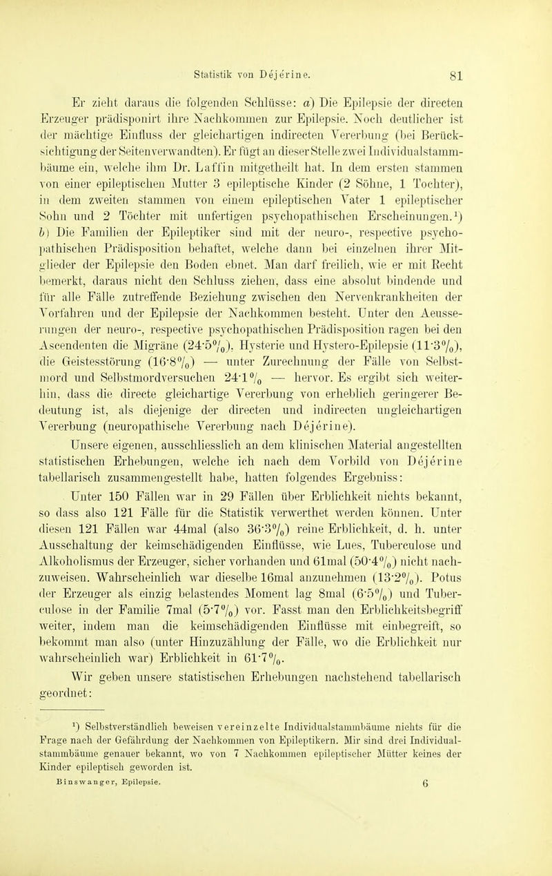 Er zieht daraus die folgenden Schlüsse: a) Die Epilepsie der directen Erzeuger prädisponirt ihre Nachkommen zur Epilepsie. Noch deutlicher ist der mächtige Einfluss der gleichartigen indirecten Vererbung (bei Berück- sichtigung der Seiten verwandten). Er fügt an dieser Stelle zwei Individualstamm- bäume ein, welche ihm Dr. Laffin mitgetheilt hat. In dem ersten stammen von einer epileptischen Mutter 3 epileptische Kinder (2 Söhne, 1 Tochter), in dem zweiten stammen von einem epileptischen Vater 1 epileptischer Sohn und 2 Töchter mit unfertigen psychopathischen Erscheinungen.1) b) Die Familien der Epileptiker sind mit der neuro-, respective psycho- pathischen Prädisposition behaftet, welche dann bei einzelnen ihrer Mit- glieder der Epilepsie den Boden ebnet. Man darf freilich, wie er mit Becht bemerkt, daraus nicht den Schluss ziehen, dass eine absolut bindende und für alle Fälle zutreffende Beziehung zwischen den Nervenkrankheiten der Vorfahren und der Epilepsie der Nachkommen besteht. Unter den Aeusse- rungen der neuro-, respective psychopathischen Prädisposition ragen bei den Ascendenten die Migräne (24-5°/0); Hysterie und Hystero-Epilepsie (ll-3%)> die Geistesstörung (16'8°/0) — unter Zurechnung der Fälle von Selbst- mord und Selbstmordversuchen 241 °/0 — hervor. Es ergibt sich weiter- hin, dass die directe gleichartige Vererbung von erheblich geringerer Be- deutung ist, als diejenige der directen und indirecten ungleichartigen Vererbung (neuropathisehe Vererbung nach Dejerine). Unsere eigenen, ausschliesslich an dem klinischen Material angestellten statistischen Erhebungen, welche ich nach dem Vorbild von Dejerine tabellarisch zusammengestellt habe, hatten folgendes Ergebniss: Unter 150 Fällen war in 29 Fällen über Erblichkeit nichts bekannt, so dass also 121 Fälle für die Statistik verwerthet werden können. Unter diesen 121 Fällen war 44mal (also 36'3%) reine Erblichkeit, d. h. unter Ausschaltung der keimschädigenden Einflüsse, wie Lues, Tuberculose und Alkoholismus der Erzeuger, sicher vorhanden und 61mal (5040/o) nicht nach- zuweisen. Wahrscheinlich war dieselbe 16mal anzunehmen (13'2°/0)- Potus der Erzeuger als einzig belastendes Moment lag 8mal (6'5°/0) und Tuber- culose in der Familie 7mal (5,7%) vor. Fasst man den Erblichkeitsbegriff weiter, indem man die keimschädigenden Einflüsse mit einbegreift, so bekommt man also (unter Hinzuzählung der Fälle, wo die Erblichkeit nur wahrscheinlich war) Erblichkeit in 6P7°/0. Wir geben unsere statistischen Erhebungen nachstehend tabellarisch geordnet: l) Selbstverständlich beweisen vereinzelte Individualstainmbäume nichts für die Frage nach der Gefährdung der Nachkommen von Epileptikern. Mir sind drei Individual- stammbäume genauer bekannt, wo von 7 Nachkommen epileptischer Mütter keines der Kinder epileptisch geworden ist. Bins wanger, Epilepsie. g