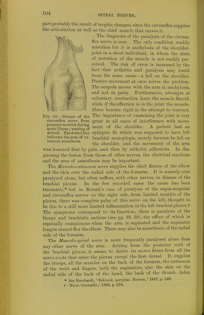 SPINAL NERVES. part probably the result of trophic changes, since the circumflex supplies the articulation as well as the chief muscle that moves it, The diagnosis of the paralysis of the circum- flex nerve is easy. The only condition readily mistaken for it is anchylosis of the shoulder- joint in a stout individual, in whom the state of nutrition of the muscle is not readily per- ceived. The risk of error is increased by the fact that arthritis and paralysis may result from the same cause—a fall on the shoulder. Passive movement at once solves the problem. The scapula moves with the arm in anchylosis, and not in palsy. Furthermore, attempts at voluntary contraction leave the muscle flaccid, while if the affection is in the joint the muscle- ! fibres become rigid in the attempt to contract. 52. Disease of the The importance of examining the joint is very circumflex nerve from great in all cases of interference with move- deltoid. The dotted line epileptic fit which was supposed to have left indicates the area of cu- brachial monoplegia, merely because he fell on taneous anaesthesia. , , n -, ,n ? ji the shoulder, and the movement ot the arm was lessened first by pain, and then by arthritic adhesions. In dia- gnosing the lesion from those of other nerves, the electrical reactions and the area of anaesthesia may be important. The Muscido-cutaneous nerve supplies the chief flexors of the elbow and the skin over the radial side of the forearm. It is scarcely ever paralysed alone, but often suffers, with other nerves, in disease of the brachial plexus. In the few recorded cases the cause has been traumatic,* but in Eemak's case of paralysis of the supra-scapular and circumflex nerves on the right side, from limited neuritis of the plexus, there was complete palsy of this nerve on the left, thought to be due to a still more limited inflammation in the left brachial plexus.f The symptoms correspond to its function; there is paralysis of the biceps and brachialis anticus (see pp. 38, 39), the effect of which is especially conspicuous when the arm is supinated and the supinator longus cannot flex the elbow. There may also be anaesthesia of the radial side of the forearm. The Musculo-spiral nerve is more frequently paralysed alone than any other nerve of the arm. Arising from the posterior cord of the brachial plexus, it seems to derive its motor fibres from all the nerve-roots that enter the plexus except the first dorsal. It supplies the triceps, all the muscles on the back of the forearm, the extensors of the wrist and fingers, both the supinators, also the skin on the radial side of the back of the hand, the back of the thumb, index * See Bernhardt, 1 Erkrank. peripher. Nerven.,' 1897, p. 329. t ' Neur. Centralbl.,' 1896, p. 578.
