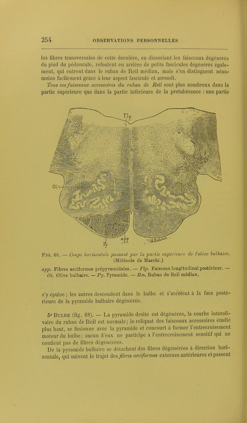 les libres transversales de celle dernière, en dissociant les faisceaux dégénérés du pied du pédoncule, refoulent en arrière de petits fascicules dégénérés égale- ment, qui entrent dans le ruban de Reil médian, mais s'en distinguent néan- moins facilement grâce à leur aspect fasciculô cl arrondi. Tous ces faisceaux accessoires du ruban de Reil sont plus nombreux dans la partie supérieure que dans la partie inférieure de la protubérance : une partie FlG. 68. — Coupe horizontale pansant par la partie supérieure de Volicc bulbaire. (Méthode de Marchi.) app. Fibres arcif ormes prépyramidales. — Flp. Faisceau longitudinal postérieur. — Oi. Olive bulbaire. — Py. Pyramide. — Rm. Euban de Keil médian. s'y épuise; les autres descendent dans le bulbe et s'accolent à la face posté- rieure de la pyramide bulbaire dégénérée. 5° Bulbe (fig. 68). — La pyramide droite est dégénérée, la courbe interoli- vaire du ruban de Reil est normale; le reliquat des faisceaux accessoires étudié plus haut, se fusionne avec la pyramide et concourt à former l'entrecroisement moteur du bulbe; aucun d'eux ne participe à l'entrecroisement sensitif qui ne contient pas de fibres dégénérées. De la pyramide bulbaire se détachent des fibres dégénérées à direction hori- zontale, qui suivent le trajet des fibres arciformes externes antérieures et passent