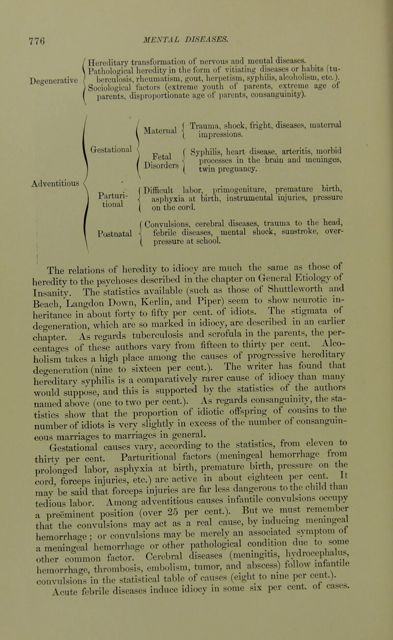 Degenerative Hereditary transformation of nervous and mental diseases. Pathological heredity in the form of vitiating diseases or habits (tu- berculosis, rheumatism, gout, herpetism, syphilis, alcoholism, etc.). Sociological factors (extreme youth of parents, extreme age of parents, disproportionate age of parents, consanguinity). Adventitious Gestational , , f Trauma, shock, fright, diseases, maternal Maternal j impressions. Fetal Disorders impressions. Syphilis, heart disease, arteritis, morbid processes in the brain and meninges, twin pregnancy. u • (Difficult labor, primogeniture, premature birth, Parturi- ] asphyxia at birth, instrumental injuries, pressure tlonal ( on the cord. fConvulsions, cerebral diseases, trauma to the head, Postnatal \ febrile diseases, mental shock, sunstroke, over- [ pressure at school. The relations of heredity to idiocy are much the same as those of heredity to the psychoses described in the chapter on General Etiology of Insanity. The statistics available (such as those of Shuttleworth and Beach, Langdon Down, Kerlin, and Piper) seem to show neurotic in- heritance in about forty to fifty per cent, of idiots. The stigmata of degeneration, which are so marked in idiocy, are described m an earlier chapter As regards tuberculosis and scrofula in the parents, the per- centages of these authors vary from fifteen to thirty per cent. Alco- holism takes a high place among the causes of progressive hereditary degeneration (nine to sixteen per cent.). The writer has found that hereditary syphilis is a comparatively rarer cause of idiocy than many would suppose, and this is supported by the statistics of the authors named above (one to two per cent.). As regards consanguinity, the sta- tistics show that the proportion of idiotic offspring of cousins to the number of idiots is very slightly in excess of the number of consanguin- eous marriages to marriages in general. > Gestational causes vary, according to the statistics, from eleven to thirty per cent. Parturitional factors (meningeal hemorrhage from prolonged labor, asphyxia at birth, premature birth, pressure on the cord, forceps injuries, etc) are active in about eighteen per cent It may be said that forceps injuries are far less dangerous to the child than tedious labor. Among adventitious causes infantile convulsions occupy a preeminent position (over 25 per cent.). But we must remember that the convulsions may act as a real cause, by inducing meningeal hemorrhage ; or convulsions may be merely an associated symptom ot a meningeal hemorrhage or other pathological condition due to some other common factor. Cerebral diseases (meningitis hyoWphalus hemorrhage, thrombosis, embolism, tumor, and abscess) follow infantile convulsions in the statistical table of causes (eight to nine per cent.). Acute febrile diseases induce idiocy in some six per cent, ot cases.