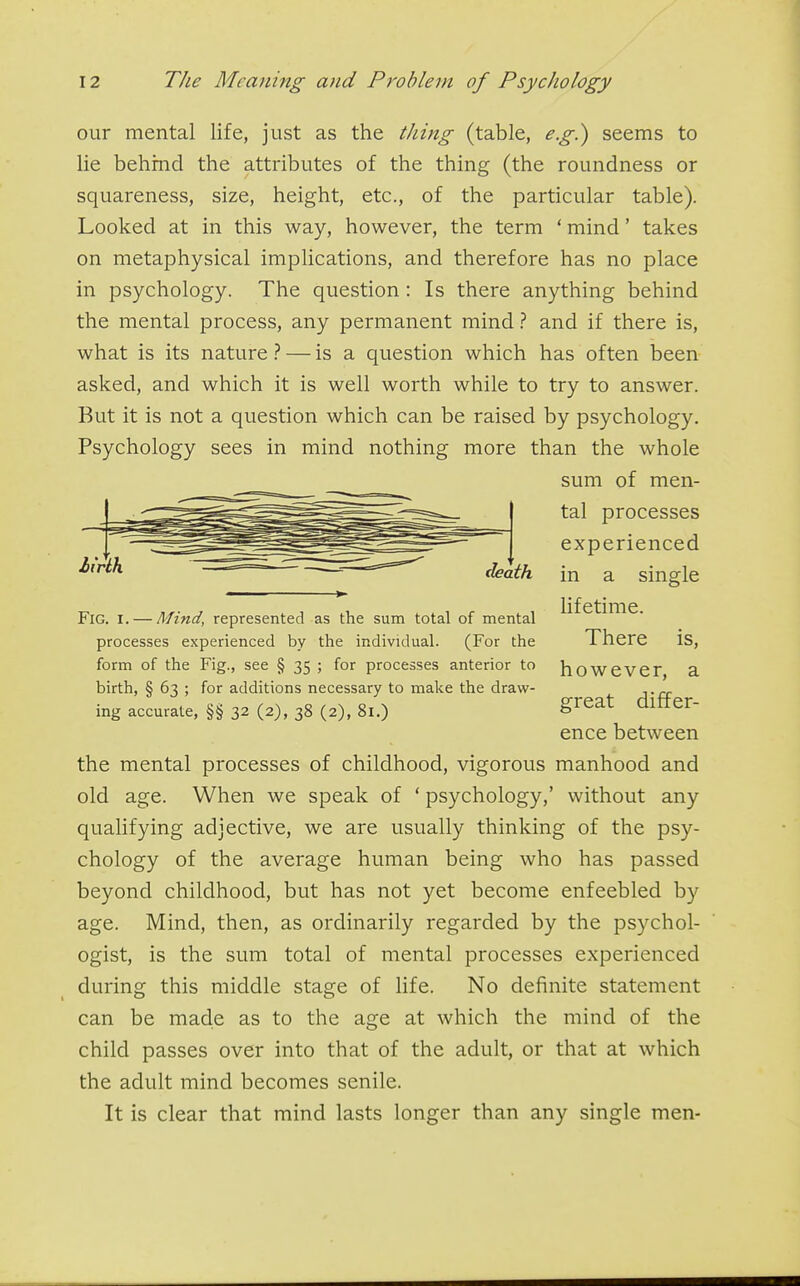 hrlh hath our mental life, just as the tiling (table, eg!) seems to lie behind the attributes of the thing (the roundness or squareness, size, height, etc., of the particular table). Looked at in this way, however, the term ' mind' takes on metaphysical implications, and therefore has no place in psychology. The question: Is there anything behind the mental process, any permanent mind} and if there is, what is its nature ? — is a question which has often been asked, and which it is well worth while to try to answer. But it is not a question which can be raised by psychology. Psychology sees in mind nothing more than the whole sum of men- tal processes experienced in a single lifetime. There is, however, a great differ- ence between the mental processes of childhood, vigorous manhood and old age. When we speak of ' psychology,' without any qualifying adjective, we are usually thinking of the psy- chology of the average human being who has passed beyond childhood, but has not yet become enfeebled by age. Mind, then, as ordinarily regarded by the psychol- ogist, is the sum total of mental processes experienced during this middle stage of hfe. No definite statement can be made as to the age at which the mind of the child passes over into that of the adult, or that at which the adult mind becomes senile. It is clear that mind lasts longer than any single men- FiG. I. — Mind, represented as the sum total of mental processes experienced by the individual. (For the form of the Fig., see § 35 ; for processes anterior to birth, § 63 ; for additions necessary to malte the draw- ing accurate, §§ 32 (2), 38 (2), 81.)