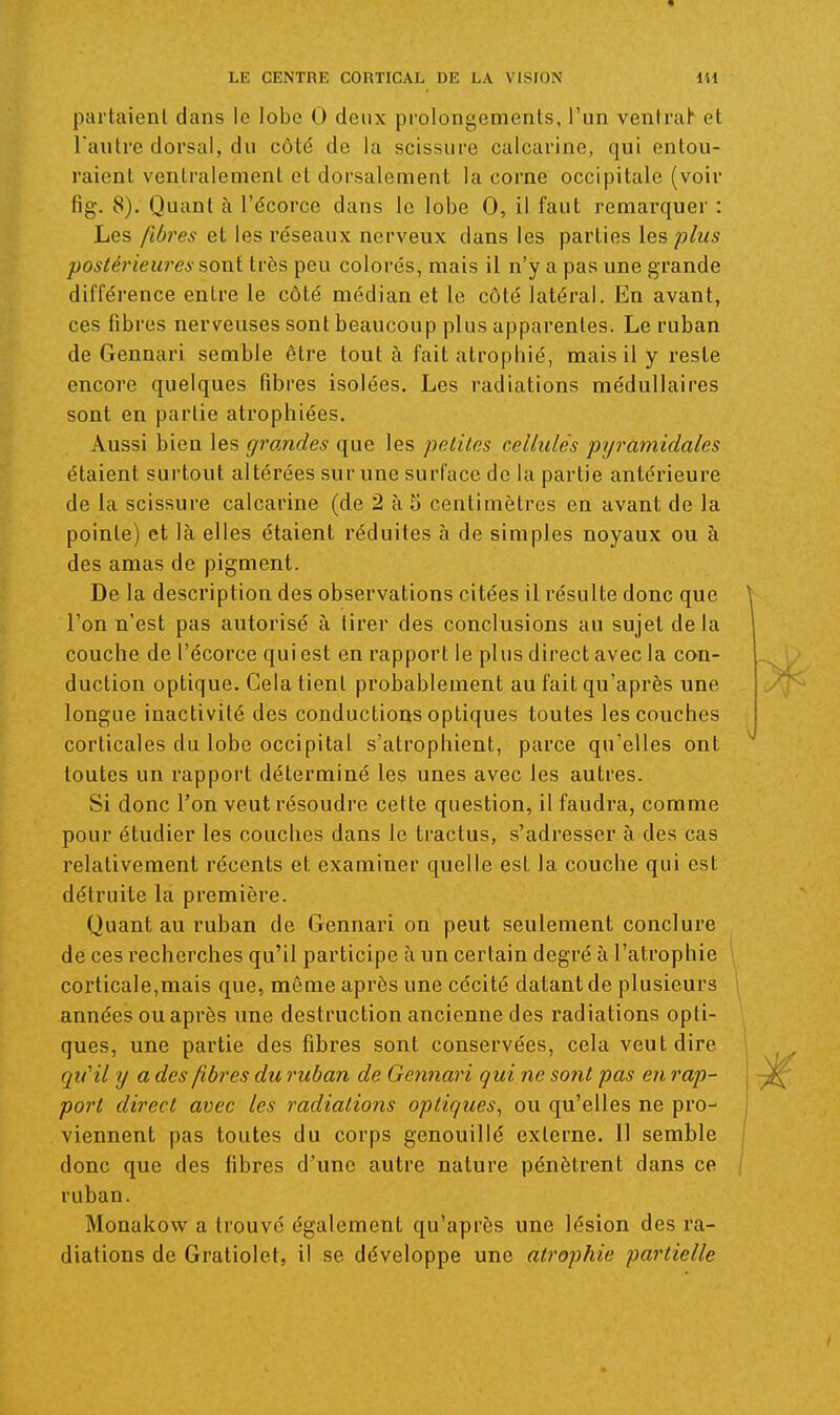 partaienl dans le lobe 0 deux prolongements, l'un ventrah et l'autre dorsal, du côté de la scissure calcarine, qui entou- raient venlralement et dorsalcment la corne occipitale (voir fig. 8). Quant à l'écorce dans le lobe 0, il faut remarquer : Les fibres et les réseaux nerveux dans les parties les plus posté7'ieui'es sont très peu colorés, mais il n'y a pas une grande différence entre le côté médian et le côté latéral. En avant, ces fibres nerveuses sont beaucoup plus apparentes. Le ruban de Gennari semble être tout à fait atrophié, mais il y reste encore quelques fibres isolées. Les radiations médullaires sont en partie atrophiées. Aussi bien les grandes que les petites cellules pyramidales étaient surtout altérées sur une surface de la partie antérieure de la scissure calcarine (de 2 à 5 centimètres en avant de la pointe) et là elles étaient réduites à de simples noyaux ou à des amas de pigment. De la description des observations citées il résulte donc que l'on n'est pas autorisé à tirer des conclusions au sujet delà couche de l'écorce qui est en rapport le plus direct avec la con- duction optique. Cela tient probablement au fait qu'après une longue inactivité des conductions optiques toutes les couches corticales du lobe occipital s'atrophient, parce qu'elles ont toutes un rapport déterminé les unes avec les autres. Si donc l'on veut résoudre cette question, il faudra, comme pour étudier les couches dans le tractus, s'adresser à des cas relativement récents et examiner quelle est la couche qui est détruite la première. Quant au ruban de Gennari on peut seulement conclure de ces recherches qu'il participe à un certain degré à l'atrophie corticale,mais que, même après une cécité datant de plusieurs années ou après une destruction ancienne des radiations opti- ques, une partie des fibres sont conservées, cela veut dire qu'il y a des fibres du ruban de Gennari qui ne sont pas en rap- port direct avec les radiations optiques^ ou qu'elles ne pro- viennent pas toutes du corps genouillé externe. Il semble donc que des fibres d'une autre nature pénètrent dans ce [ ruban. Monakow a trouvé également qu'après une lésion des ra- diations de Gratiolet, il se développe une atrophie partielle