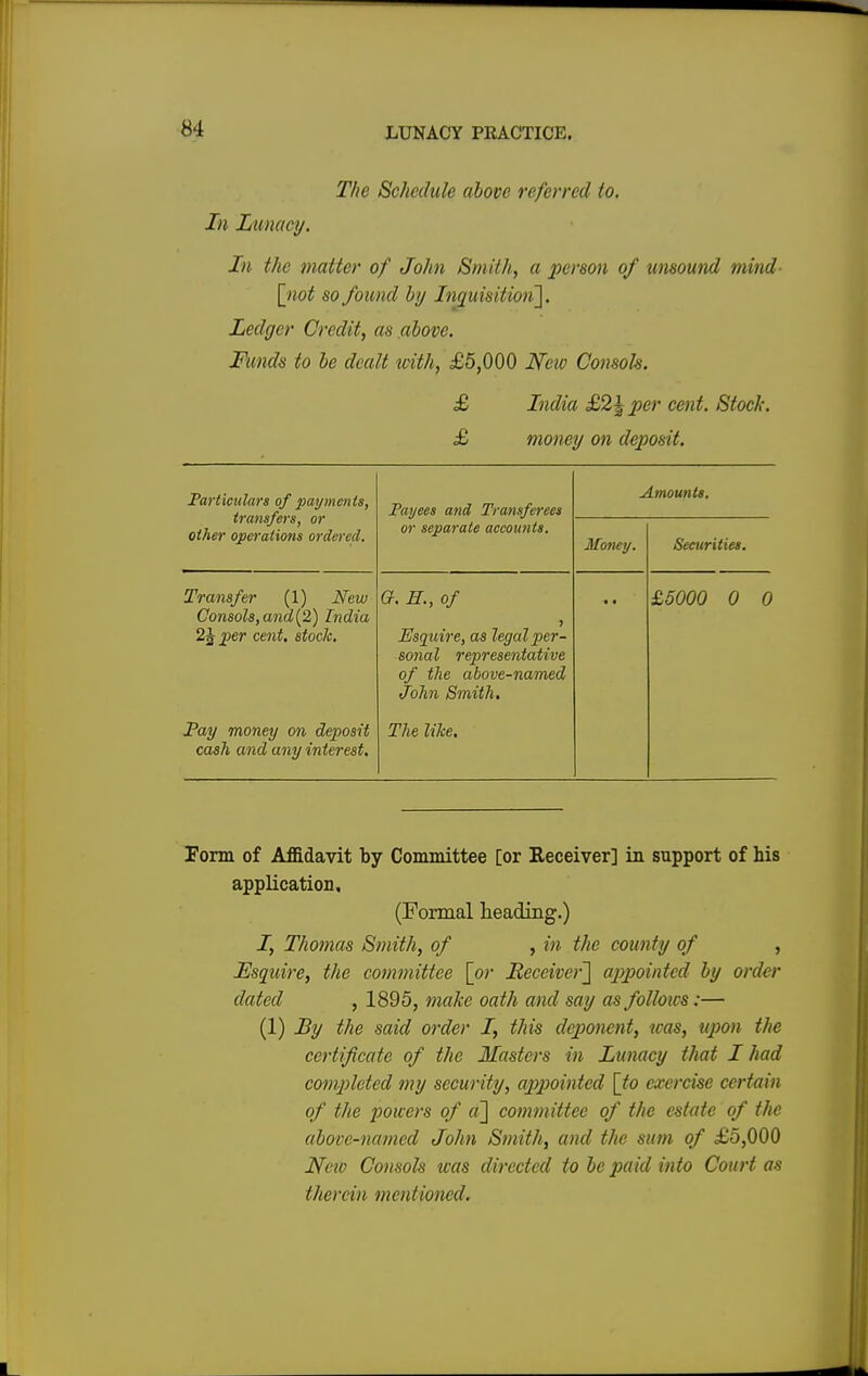 The Schedule above referred to. In Lunacy. In the matter of John Smith, a person of unsound mind- [not so found by Inquisition']. Ledger Credit, as above. Funds to be dealt with, £5,000 New Consols. £ India £2 J per cent. Stock. £ money on deposit. Particulars of payments, transfers, or other operations ordered. Payees and Transferees or separate accounts. Amounts. Money. Securities. Transfer (1) New Consols,and(2) India per cent, stock. Pay money on depiosit cash and any interest. a. e., of Esquire, as legal per- sonal representative of the above-named John Smith. The like. • • £5000 0 0 Form of Affidavit by Committee [or Receiver] in support of his application. (Formal heading.) I, Thomas Smith, of , in the county of , Esquire, the committee [or Receiver] appointed by order dated , 1895, make oath and say as follows:— (1) By the said order I, this deponent, was, upon the certificate of the Masters in Lunacy that I had completed my security, appointed [to exercise certain of the powers of a] committee of the estate of the above-named John Smith, and the sum of £5,000 New Consols was directed to be paid into Court as therein mvnltuned.