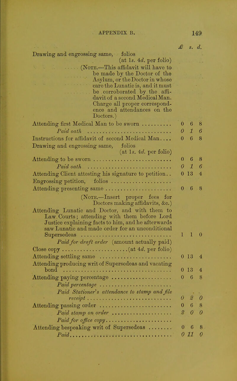 £ s. d. Drawing and engrossing same, folios (at Is. 4d. per folio) (Note.—This affidavit will have to be made by the Doctor of the Asylum, or the Doctor in whose care the Lunatic is, and it must be corroborated by the . affi- davit of a second Medical Man. Charge all proper correspond- ence and attendances on the Doctors.) Attending first Medical Man to be sworn 0 6 8 Paid oath 0 1 6 Instructions for affidavit of second Medical Man.... 0 6 8 Drawing and engrossing same, folios (at Is. id. per folio) Attending to be sworn 0 6 8 Paid oath 0 1 6 Attending Client attesting his signature to petition.. 0 13 4 Engrossing petition, folios Attending presenting same 0 6 8 (Note.—Insert proper fees for Doctors making affidavits, &c.) Attending Lunatic and Doctor, and with them to Law Courts; attending with them before Lord Justice explaining facts to him, and he afterwards saw Lunatic and made order for an unconditional Supersedeas 1 1 0 Paid for draft order (amount actually paid) Close copy (at id. per folio) Attending settling same 0 13 4 Attending producing writ of Supersedeas and vacating bond 0 13 4 Attending paying percentage 0 6 8 Paid percentage Paid Stationer's attendance to stamp and file receipt 0 2 0 Attending passing order 0 6 8 Paid stamp on order 2 0 0 Paid for office copy Attending bespeaking writ of Supersedeas 0 6 8 Paid 0 11 0