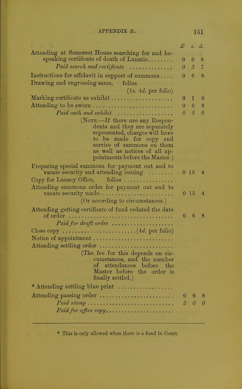 £ s. d. Attending at Somerset House searching for and be- speaking certificate of death, of Lunatic 0 6 8 Paid search and certificate 0 3 7 Instructions for affidavit in support of summons .... 0 6 8 Drawing and engrossing same, folios (Is. 4d. per folio) Marking certificate as exhibit 0 1 0 Attending to be sworn 0 6 8 Paid oath and exhibit 0 2 6 (Note.—If there are any Eespon- dents and they are separately represented, charges will have to be made for copy and service of summons on them as well as notices of all ap- pointments before the Master.) Preparing special summons for payment out and to vacate security and attending issuing 013 4 Copy for Lunacy Office, folios Attending summons order for payment out and to vacate security made 0 13 4 (Or according to circumstances.) Attending getting certificate of fund redated the date of order 0 6 8 Paid for draft order Close copy (4d. per folio) Notice of appointment Attending settling order (The fee for this depends on cir- cumstances, and the number of attendances before the Master before the order is finally settled.) * Attending settling blue print Attending passing order 0 6 8 Paid stamp 2 0 0 Paid for office copy, * This is only allowed when there is a fund in Court.