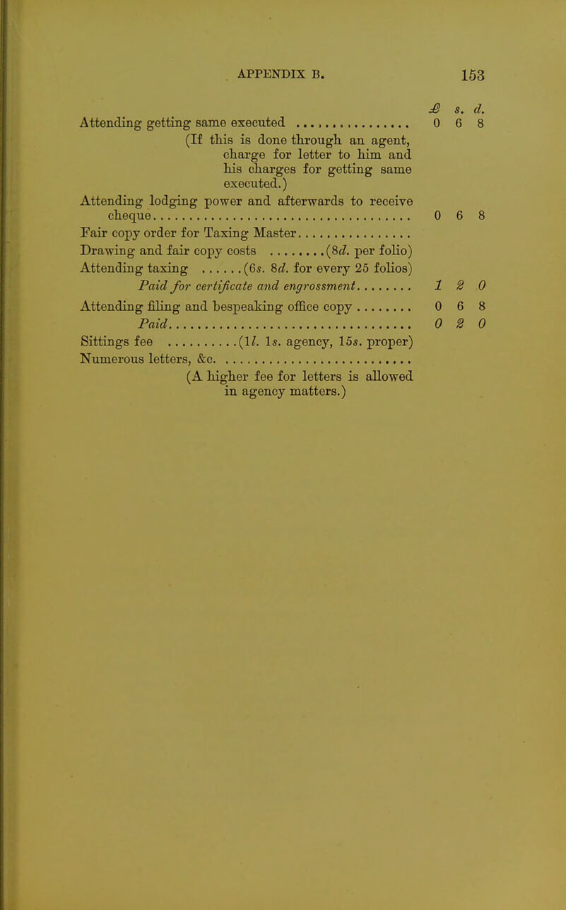 £ s. d. Attending getting same executed 0 6 8 (If this is done through an agent, charge for letter to him and his charges for getting same executed.) Attending lodging power and afterwards to receive cheque 0 6 8 Fair copy order for Taxing Master Drawing and fair copy costs (8c/. per folio) Attending taxing (6s. 8d. for every 25 folios) Paid for certificate and engrossment 1 2 0 Attending filing and bespeaking office copy 0 6 8 Paid 0 2 0 Sittings fee (1/. Is. agency, 15s. proper) Numerous letters, &c (A higher fee for letters is allowed in agency matters.)
