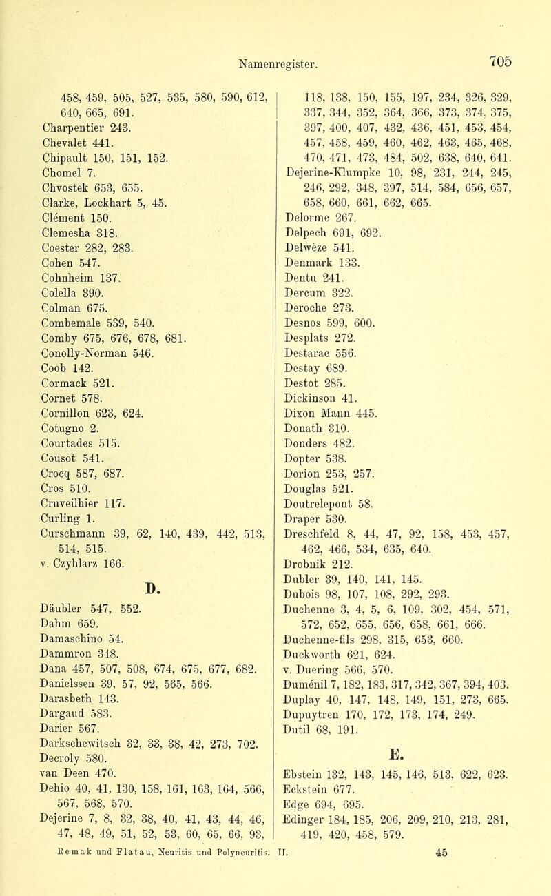 458, 459, 505, 527, 535, 580, 590, 612, 640, 665, 691. Charpentier 243. Chevalet 441. Chipault 150, 151, 152. Chomel 7. Chvostek 653, 655. Clarke, Lockhart 5, 45. Clement 150. Clemesha 318. Coester 282, 283. Cohen 547. Cohnheim 187. Colella 390. Colman 675. Comhemale 539, 540. Comby 675, 676, 678, 681. Conolly-Norman 546. Coob 142. Cormack 521. Cornet 578. Cornillon 623, 624. Cotugno 2. Courtades 515. Cousot 541. Crocq 587, 687. Cros 510. CruveiMer 117. Curling 1. Curschmann .39, 62, 140, 439, 442, 513, 514, 515. V. Czyhlarz 166. D. Däubler 547, 552. Dahm 659. Damaschino 54. Dammron 348. Dana 457, 507, 508, 674, 675, 677, 682. Danielssen 39, 57, 92, 565, 566. Darasbeth 143. Dargaud 583. Darier 567. Darkschewitsch 32, 33, 38, 42, 273, 702. Decroly 580. van Deen 470. Dehio 40, 41, 130, 158, 161, 163, 164, 566, 567, 568, 570. Dejerine 7, 8, 32, 38, 40, 41, 43, 44, 46, 47, 48, 49, 51, 52, 53, 60, 65, 66, 93, Kemak und Flatau, Neuritis und Polyneuritis. 118, 138, 150, 155, 197, 234, 326, 329, 337, 344, 352, 364, 366, 373, 374. 375, 397, 400, 407, 432, 436, 451, 453, 454, 457, 4.58, 459, 460, 462, 463, 465, 468, 470, 471, 473, 484, 502, 638, 640, 641. Dejerine-Klumpke 10, 98, 231, 244, 245, 246, 292, 348, 397, 514, 584, 656, 657, 658, 660, 661, 662, 665. Delorme 267. Delpech 691, 692. Delweze 541. Denmark 133. Dentu 241. Dercum 322. Deroehe 273. Desnos 599, 600. Desplats 272. Destarac 556. Destay 689. Destot 285. Dickinson 41. Dixon Manu 445. Donath 310. Donders 482. Dopter 538. Dorion 253, 257. Douglas 521. Doutrelepont 58. Draper 530. Dreschfeld 8, 44, 47, 92, 158, 453, 457, 462, 466, 534, 635, 640. Drobuik 212. Dubler 39, 140, 141, 145. Dubois 98, 107, 108, 292, 293. Duchenne 3, 4, 5, 6, 109, 302, 4-54, 571, 572, 652, 655, 656, 658, 661, 666. Ducheune-fils 298, 315, 653, 660. Duckworth 621, 624. V. Duering 566, 570. Dumenil 7,182,183, 317, 342, 367, 394, 403. Duplay 40, 147, 148, 149, 151, 273, 665. Dupuytren 170, 172, 173, 174, 249. Dutil 68, 191. E. Ebstein 132, 143, 145, 146, 513, 622, 623. Eckstein 677. Edge 694, 695. Edinger 184, 185, 206, 209, 210, 213, 281, 419, 420, 458, 579. II. 45