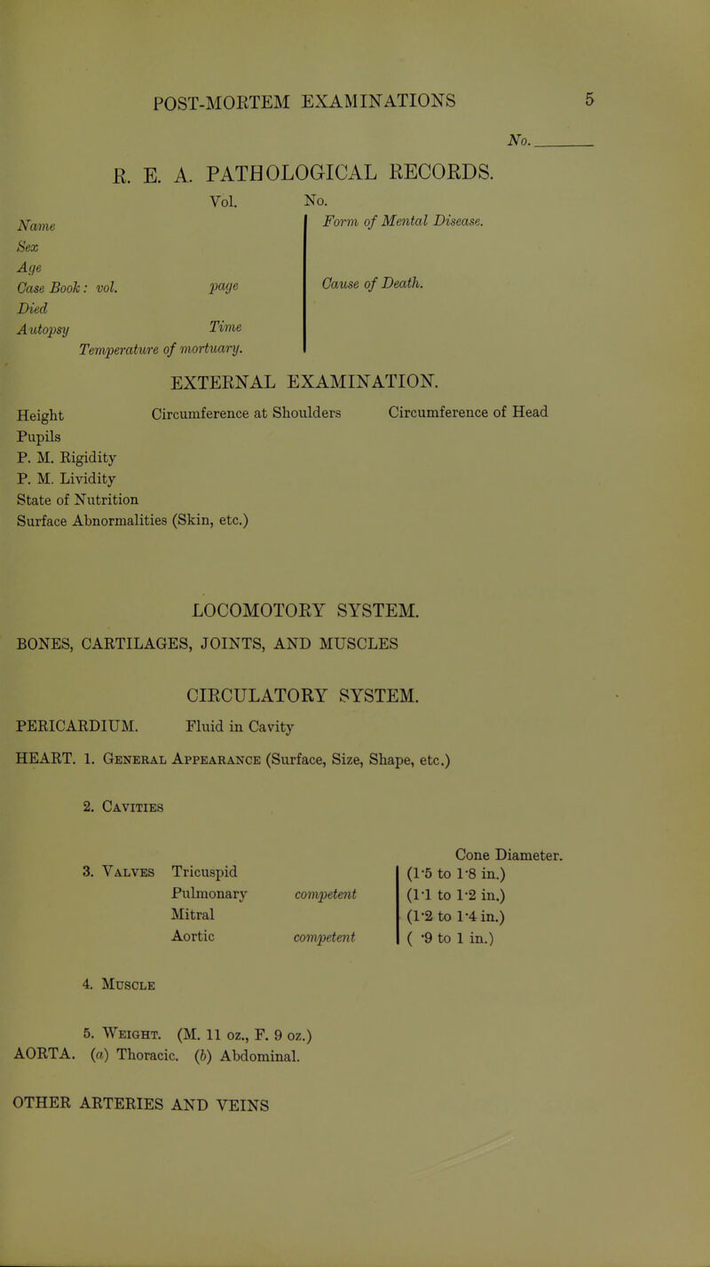 No. Form of Mental Disease. Cause of Death. R. E. A. PATHOLOGICAL RECORDS. Vol. No. Navie Sex Age Case Book: vol page Died Autopsy Time Temperature of morticary. EXTERNAL EXAMINATION. Height Circumference at Shoulders Circumference of Head Pupils P. M. Rigidity P. M. Lividity State of Nutrition Surface Abnormalities (Skin, etc.) LOCOMOTORY SYSTEM. BONES, CARTILAGES, JOINTS, AND MUSCLES CIRCULATORY SYSTEM. PERICARDIUM. Fluid in Cavity HEART. 1. General Appearance (Surface, Size, Shape, etc.) 2. Cavities 3. Valves Tricuspid Pulmonary competent Mitral Aortic competent Cone Diameter. (1-5 to 1-8 in.) (1-1 to 1-2 in.) (1-2 to 1-4 in.) ( -9 to 1 in.) 4. Muscle 5. Weight. (M. 11 oz., F. 9 oz.) AORTA, (a) Thoracic. (6) Abdominal. OTHER ARTERIES AND VEINS