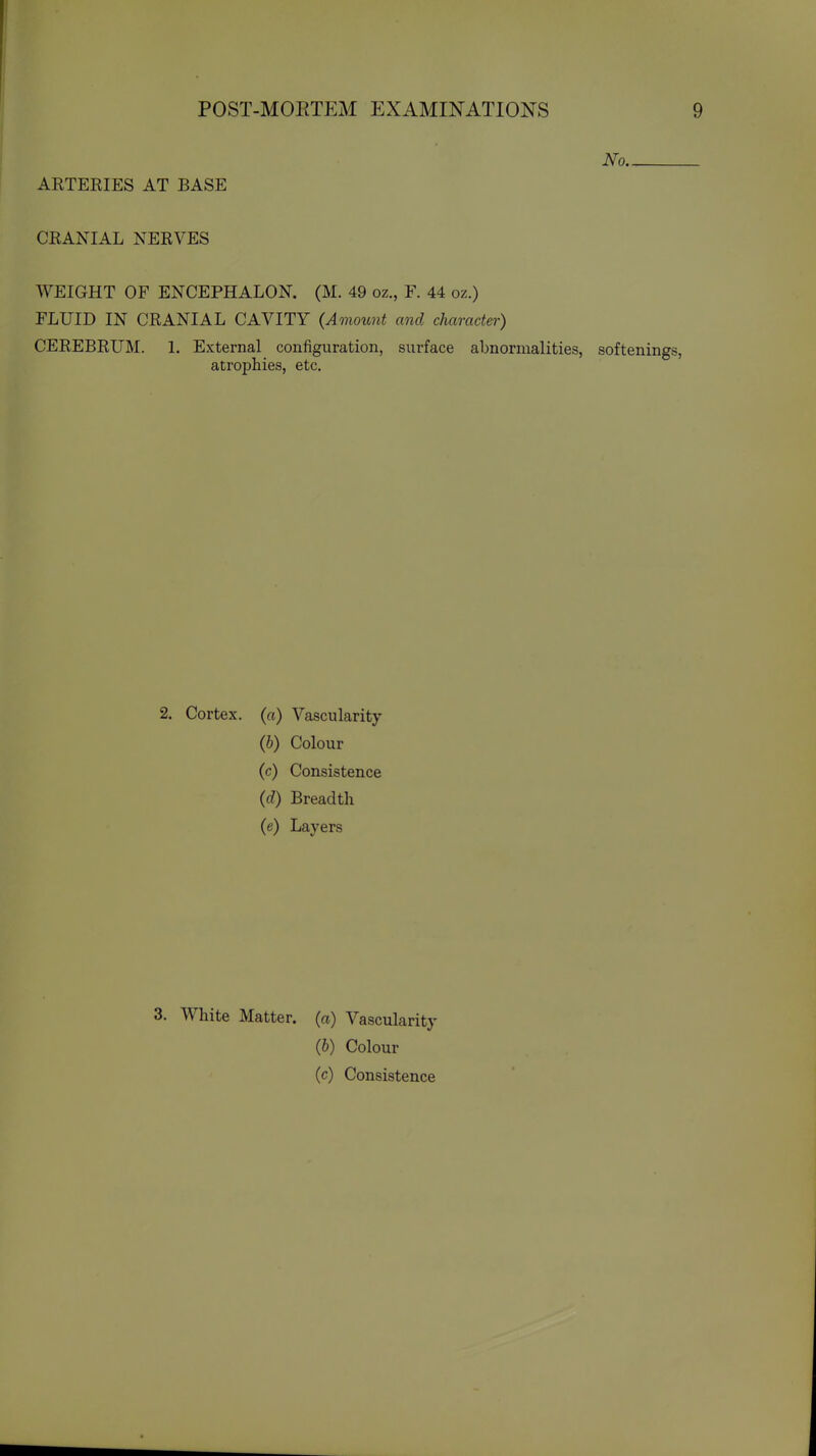 No ARTERIES AT BASE CRANIAL NERVES WEIGHT OF ENCEPHALON. (M. 49 oz., F. 44 oz.) FLUID IN CRANIAL CAVITY {Amount and character) CEREBRUM. 1. External configuration, surface abnormalities, softenings, atrophies, etc. 2. Cortex, (a) Vascularity {h) Colour (c) Consistence {d) Breadtli (e) Layers 3. White Matter, (a) Vascularity (6) Colour (c) Consistence