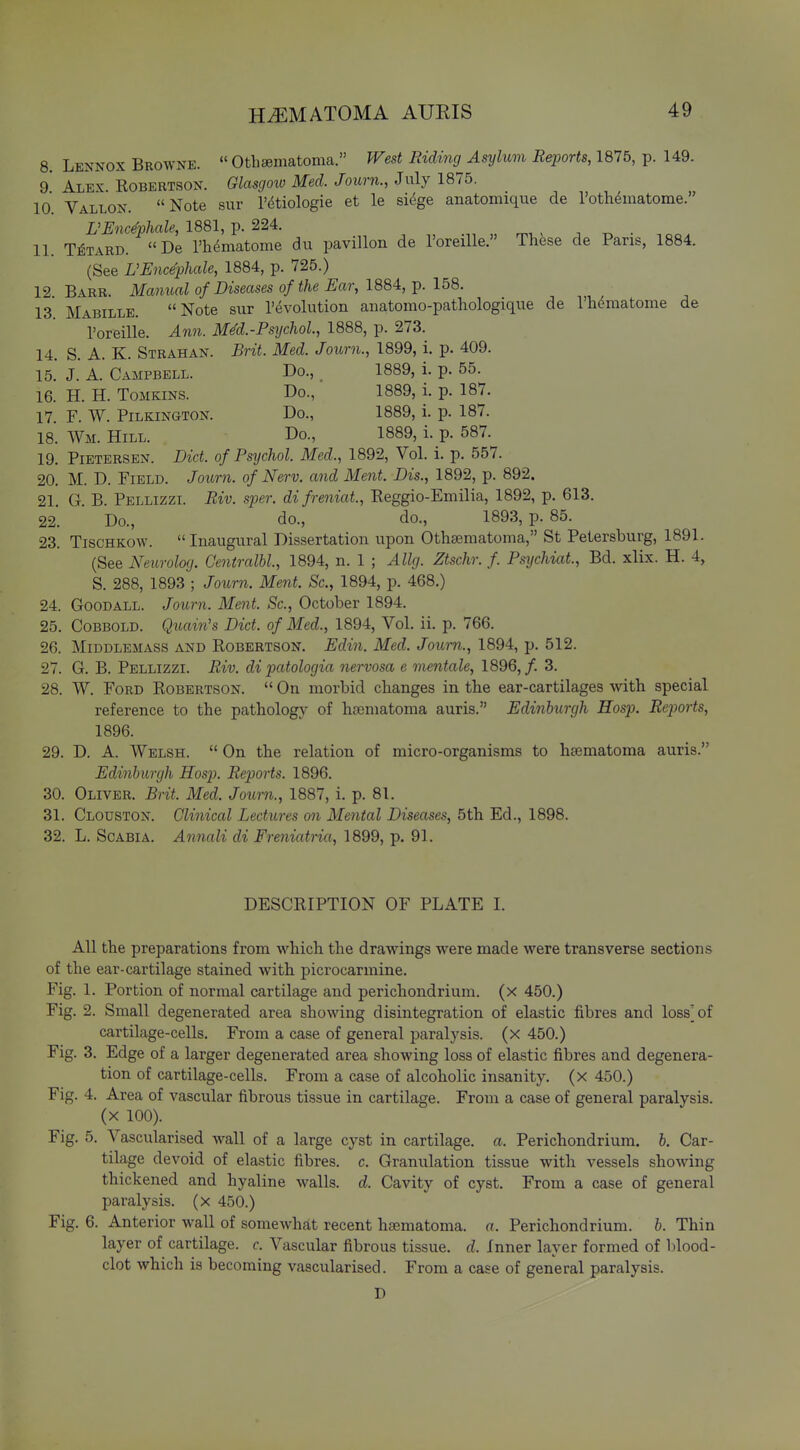 8. Lennox Brownk.  Othsematoma. West Riding Asylum Reports, 1875, p. 149. 9 Alek. Robertson. Glasgow Med. Journ., July 1875. 10. Vallon. Note sur I'dtiologie et le siege anatomique de I'oth^matome. L'Enc^phale, 1881, p. 224. , ^ . 11. TiTARD. «De rhematome du pavilion de Toreille. These de Pans, 1884. (See L'JEncephale, 1884, p. 725.) 12 Barr. Manual of Diseases of the Ear, 1884:,-p. 158. 13 Mabille. Note sur revolution anatomo-pathologique de I'hdmatome de I'oreille. Ann. MM.-Psychol, 1888, p. 273. 14. S. A. K. Strahan. Brit. Med. Journ., 1899, i, p. 409. 15.' J. A. Campbell. Do., 1889, i. p. 55. 16. H. H. ToMKiNS. Do., 1889, i. p. 187. 17 F. W. PiLKiNGTON. Do., 1889, i. p. 187. 18. Wm. Hill. Do., 1889, i. p. 587. 19. Pietersen. Diet, of Psychol. Med., 1892, Vol. i. p. 557. 20. M. D. Field. Joimi. of Nerv. and Ment. Dis., 1892, p. 892. 21. G. B. Pellizzi. Riv. sper. di freniat, Reggio-Emilia, 1892, p. 613. 22. Do., do., do., 1893, p. 85. 23. TisCHKOW. Inaugural Dissertation upon Othtematoma, St Petersburg, 1891. (See Neurolog. Gentralhl, 1894, n. 1 ; Allg. Ztschr. f. Psxjchiat., Bd. xlix. H. 4, S. 288, 1893 ; Journ. Ment. Sc., 1894, p. 468.) 24. Goodall. Journ. Ment. Sc., October 1894. 25. CoBBOLD. Qiiain's Diet, of Med., 1894, Vol. ii. p. 766. 26. MiDDLEMASS AND ROBERTSON. Edin. Med. Journ., 1894, p. 512. 27. G. B. Pellizzi. Riv. dipatologia nervosa e mentale, 1896,/. 3. 28. W. Ford Robertson.  On morbid changes in the ear-cartilages with special reference to the pathology of ha3matoma auris. Edinburgh Eosp. Rejjorts, 1896. 29. D. A. Welsh.  On the relation of micro-organisms to hjematoma auris. Edinburgh Hosjx Reports. 1896. 30. Oliver. Brit. Med. Journ., 1887, i. p. 81. 31. Clouston. Clinical Lectures on Mental Diseases, 5th Ed., 1898. 32. L. ScABiA. Aimali di Freniatria, 1899, p. 91. DESCRIPTION OF PLATE I. All the preparations from which the drawings were made were transverse sections of the ear-cartilage stained with picrocarmine. Fig. 1. Portion of normal cartilage and perichondrium, (x 450.) Fig. 2. Small degenerated area showing disintegration of elastic fibres and loss^of cartilage-cells. From a case of general paralysis, (x 450.) Fig. 3. Edge of a larger degenerated area showing loss of elastic fibres and degenera- tion of cartilage-cells. From a case of alcoholic insanity, (x 450.) Fig. 4. Area of vascular fibrous tissue in cartilage. From a case of general paralysis, (x 100). Fig. 5. Vascularised wall of a large cyst in cartilage, a. Perichondrium, b. Car- tilage devoid of elastic fibres, c. Granulation tissue with vessels showing thickened and hyaline walls, d. Cavity of cyst. From a case of general paralysis, (x 450.) Fig. 6. Anterior wall of somewhat recent hsematoma. a. Perichondrium, b. Thin layer of cartilage, c Vascular fibrous tissue, d. Inner layer formed of blood- clot which is becoming vascularised. From a case of general paralysis.