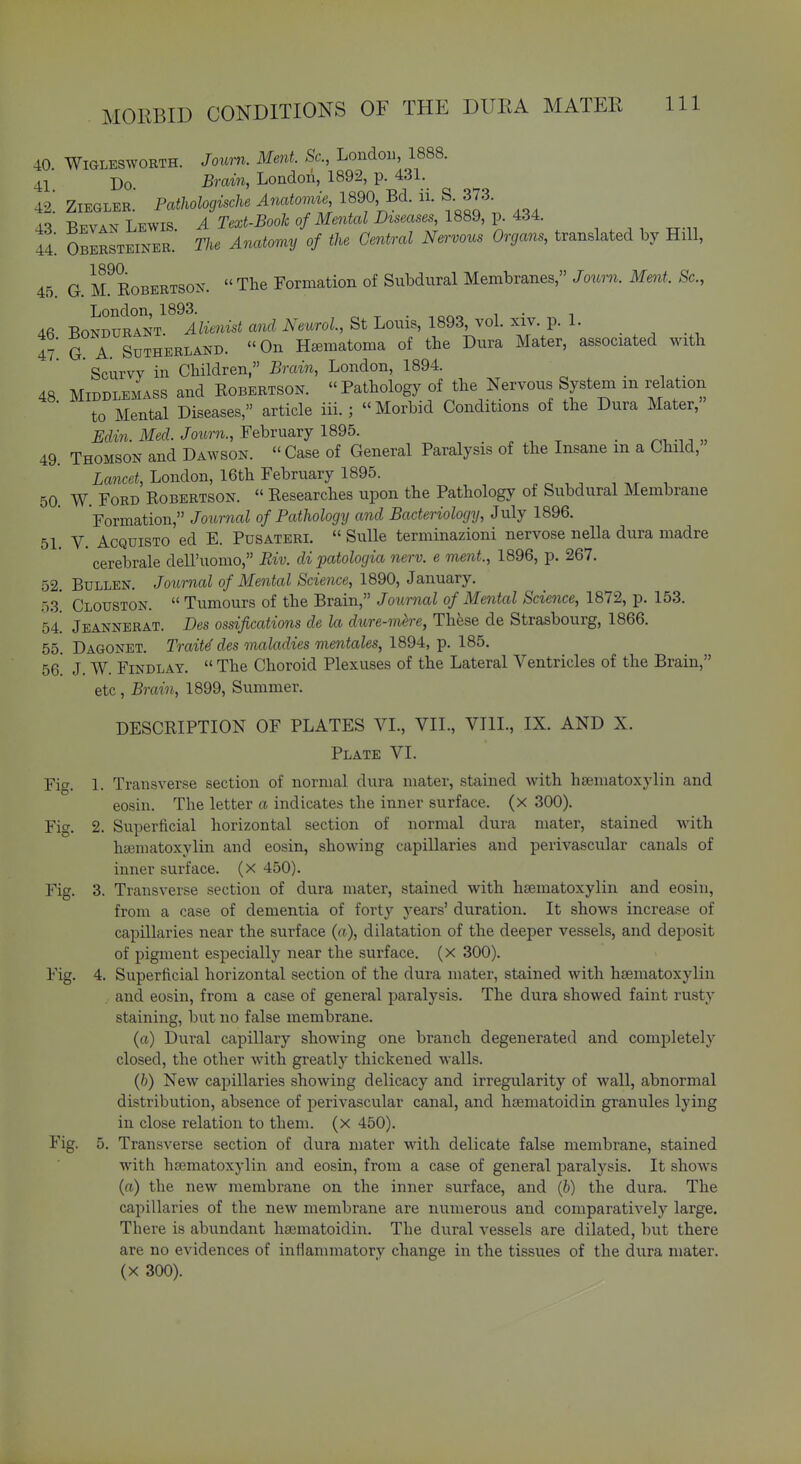 40. WiGLESWORTH. JouTU. Meut. Sc., London, 1888. 41 Do Brain, London, 1892, p. 431. 42^ ZiEGLER. Pathologische Anatonvie 1890, Bd. ii. S. 373 43 Bevan Lewis. A Text-Book of Mental Diseases, 1889, p. 434. 44. Obersteiner. The Anatomy of the Centred Nervous Organs, translated by Hill, 45 G if Robertson. The Formation of Subdural Membranes, Journ. Ment. Sc., London, 1893. . Afi BoNDURANT. Alienist and Neurol, St Louis, 1893, vol. xiv. p. 1. . ^ . , 47 G A. Sutherland. On Hsematoma of the Dura Mater, associated with ' Scurw in Children, Brain, London, 1894. . , . 48 MiDDLEMASs and Robertson. Pathology of the Nervous System m relation ■ to Mental Diseases, article iii. ; Morbid Conditions of the Dura Mater, Edin. Med. Journ., February 1895. _ ^, . „ 49. Thomson and Dawson.  Case of General Paralysis of the Insane m a Child, Lancet, London, 16th February 1895. 50. W. Ford Robertson.  Researches upon the Pathology of Subdural Membrane Formation, Journal of Pathology and Bacteriology, July 1896. 51. V. AcQUisTO ed E. Pusateri.  Sulle terminazioni nervose nella dura madre cerebrale dell'uomo, Riv. di patologia nerv. e ment., 1896, p. 267. 52. Bullen. Journal of Mental Science, 1890, January. 53! Clouston.  Tumours of the Brain, Joxmial of Mental Science, 1872, p. 153. 54! Jeannerat. Des ossifications de la dure-mere, Thfese de Strasbourg, 1866. 55. Dagonet. Traits des maladies mentales, 1894, p. 185. 56* J. W. FiNDLAY.  The Choroid Plexuses of the Lateral Ventricles of the Brain, etc , Brain, 1899, Summer. DESCRIPTION OF PLATES VL, VII., VIII., IX. AND X. Plate VI. Fig. 1. Transverse section of normal dura mater, stained with hsematoxylin and eosin. The letter a indicates the inner surface, (x 300). Fig. 2. Superficial horizontal section of normal dura mater, stained with hEematoxylin and eosin, showing capillaries and perivascular canals of inner surface, (x 450). Fig. 3. Transverse section of dura mater, stained with hsematoxylin and eosin, from a case of dementia of forty years' duration. It shows increase of capillaries near the surface (a), dilatation of the deeper vessels, and deposit of pigment especially near the surface, (x 300). Fig. 4. Superficial horizontal section of the dura mater, stained with hsematoxylin and eosin, from a case of general paralysis. The dura showed faint rusty staining, but no false membrane. (a) Dural capillary showing one branch degenerated and completely closed, the other Avith greatly thickened walls. (6) New capillaries showing delicacy and irregularity of wall, abnormal distribution, absence of perivascular canal, and hsematoidin granules lying in close relation to them, (x 450). Fig. 5. Transverse section of dura mater with delicate false membrane, stained with hcematoxylin and eosin, from a case of general paralysis. It shows {a) the new membrane on the inner surface, and (6) the dura. The capillaries of the new membrane are numerous and comparatively large. There is abundant ha^matoidin. The dural vessels are dilated, but there are no evidences of inflammatory change in the tissues of the dura mater. (X 300).