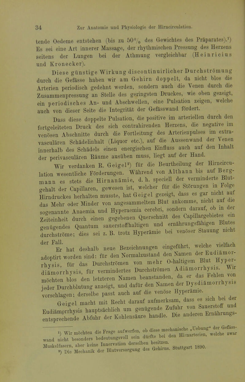 tende Oedeme entstehen (bis zu 50% des Gewichtes des Präparates).^) Es sei eine Art innerer Massage, der rhythmischen Pressung des Herzens seitens der Lungen bei der Athmung vergleichbar (Heinricius und Kronecker). Diese günstige Wirkung discontinuirlicher Durchströmung durch die Gefässe haben wir am Gehirn doppelt, da nicht blos die Arterien periodisch gedehnt werden, sondern auch die Venen durch die Zusammenpressung an Stelle des geringsten Druckes, wie oben gezeigt, ein periodisches An- und Abschwellen, eine Pulsation zeigen, welche auch von dieser Seite die Integrität der Gefässwand fördert. Dass diese doppelte Pulsation, die positive im arteriellen durch den fortgeleiteten Druck des sich contrahirenden Herzens, die negative im venösen Abschnitte durch die Fortleitung des Arterienpulses im extra- vasculären Schädeünhalt (Liquor etc.), auf die Aussenwand der Venen innerhalb des Schädels einen energischen Einfluss auch auf den Inhalt der perivasculären Räume ausüben muss, liegt auf der Hand. Wir verdanken R. GeigeP) für die Beurtheilung der Hirncircu- lation wesentliche Förderungen. Während von Althann bis auf Berg- mann es stets die Hirnanämie, d. h. speeiell der vermmderte Blut- gehalt der CapiUaren, gewesen ist, welcher für die Störungen m Folge Hirndruckes herhalten musste, hat Geigel gezeigt, dass es gar nicht auf das Mehr oder Minder von angesammeltem Blut ankomme, nicht auf die sogenannte Anaemia und Hyperaemia cerebri, sondern darauf, ob m der Zelteinheit durch einen gegebenen Querschnitt des Capillargebietes ein genügendes Quantum sauerstoffhaltigen und ernährungsfahigen Blutes durchströme; dies sei z. B. trotz Hyperämie bei venöser Stauung nicht ^Br hat deshalb neue Bezeichnungen eingeführt, welche vielfach adoptirt worden sind: für den Normalzustand ^e^Namen der Budiay rhysis, für das Durchströmen von mehr 0-haltigem Bhit Hype diämo rhysis, für vermindertes Durchströmen Adiämorrhysis. Wir machten bL ien letzteren Namen beanstanden, da er ^as F^^h e^^ ieder Durchblutung anzeigt, und dafür den Namen der Dysdiamorihysis vorschlagen; derselbe passt auch auf die venöse Hyperamie. Geigel macht mit Recht darauf aufmerksam, dass es Eudiämo i^ysis hauptsächlich um genügende Zufuhr von Säuerst ff mid Xi-hende Abfuhr der Kohlensäure handle. Die anderen Ernahiungs- ;r^.5cMen die Frage aufwerfen. «Wiese mechani.^^^^^^^ wand nicht besonders bedeutungsvoll sein durfte bei den Hi.naitenen, Muskelfasern, aber keine Innervation derselben besitzen. •0 Die Mechanik der Blutversorgung des Gehirns. Stuttgait 1890.