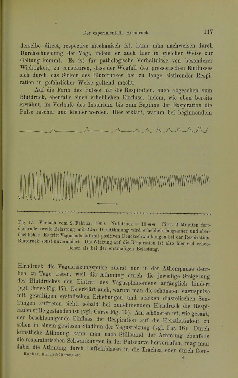 derselbe direct, respective mechanisch ist, kann man nachweisen durch Durchschneidung der Vagi, indem er auch hier in gleicher Weise zur Geltung kommt. Es ist für pathologische Verhältnisse von besonderer Wichtigkeit, zu constatiren, dass der Wegfall des pressorischen Einflusses sich durch das Sinken des Blutdruckes bei zu lange sistirender Respi- ration in gefährlicher Weise geltend macht. Auf die Form des Pulses hat die Respiration, auch abgesehen vom Blutdruck, ebenfalls einen erheblichen Einfluss, indem, wie oben bereits erwähnt, im Verlaufe des Inspirium bis zum Beginne der Exspiration die Pulse rascher und kleiner werden. Dies erklärt, warum bei beginnendem Fig. 17. Versuch vom 2. Februar 1900. Nulldruck = 10 mm. Circa 2 Minuten fort- dauernde zweite Belastung mit 2 kg: Die Athmung wird erheblich langsamer und ober- flächlicher. Es tritt Vaguspuls auf mit positiven Druckschwankungen bei der Respiration Blutdruck sonst unverändert. Die Wirkung auf die Respiration ist also hier viel erheb- licher als bei der erstmaligen Belastung. Hirndruck die Vagusreizungspulse zuerst nur in der Athempause deut- hch zu Tage treten, weil die Athmung durch die jeweilige Steigerung des Blutdruckes den Eintritt des Vagusphänomens anfängHch hindert (vgl. Curve Fig. 17). Es erklärt auch, warum man die schönsten Vaguspulse mit gewaltigen systolischen Erhebungen und starken diastolischen Sen- kungen auftreten sieht, sobald bei zunehmendem Hirndruck die Respi- ration stille gestanden ist (vgl. Curve Fig. 19). Am schönsten ist, wie gesagt, der beschleunigende Einfluss der Respiration auf die Herzthätigkeit zu sehen in einem gewissen Stadium der Vagusreizung (vgl. Fig. 16). Durch künstliche Athmung kann man nach Stillstand der Athmung ebenfalls die respiratorischen Schwankungen in der Pulscurve hervorrufen, mag man dabei die Athmung durch Lufteinblasen in die Trachea oder durch Com- Kocher, Hirnerschütteiung etc.