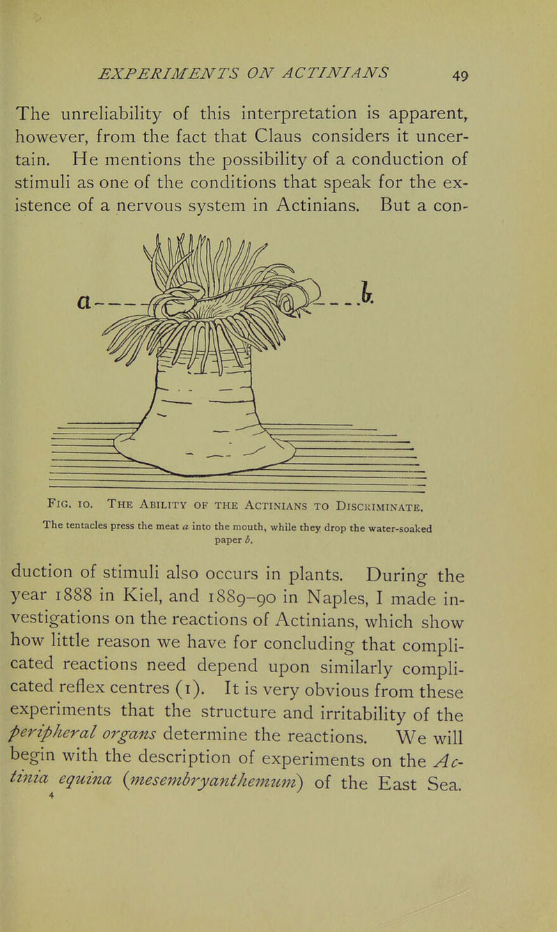 The unreliability of this interpretation is apparent, however, from the fact that Claus considers it uncer- tain. He mentions the possibility of a conduction of stimuli as one of the conditions that speak for the ex- istence of a nervous system in Actinians. But a con- Fig. 10. The Ability of the Actinians to Discriminate. The tentacles press the meat a. into the mouth, while they drop the water-soaked paper b. duction of stimuli also occurs in plants. During the year 1888 in Kiel, and 1889-90 in Naples, I made in- vestigations on the reactions of Actinians, which show how little reason we have for concluding that compli- cated reactions need depend upon similarly compli- cated reflex centres (i). It is very obvious from these experiments that the structure and irritability of the peripheral organs determine the reactions. We will begin with the description of experiments on the Ac- tinia equina {jnesembryanthemzmi) of the East Sea.