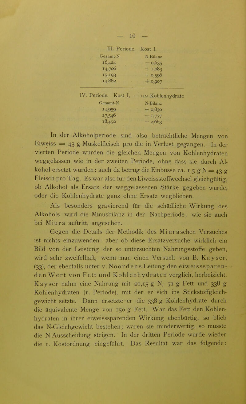 III. Periode. Kost I. Gesamt-N N-Bilanz 16,424 - 0,635 14,706 -f 1,083 15,193 0,596 14,882 + 0,907 IV. Periode. Kost I, — 112 Kohlenhydrate Gesamt-N N-Bilanz 14,959 4- 0,830 17,546 —1,757 18,452 — 2,663 In der Alkoholperiode sind also beträchtliche Mengen von Eiweiss = 43 g Muskelfleisch pro die in Verlust gegangen. In der vierten Periode wurden die gleichen Mengen von Kohlenhydraten weggelassen wie in der zweiten Periode, ohne dass sie durch Al- kohol ersetzt wurden: auch da betrug die Einbusse ca. 1,5 g N = 43 g Fleisch pro Tag. Es war also für den Eiweissstoffwechsel gleichgültig, ob Alkohol als Ersatz der weggelassenen Stärke gegeben wurde, oder die Kohlenhydrate ganz ohne Ersatz wegblieben. Als besonders gravierend für die schädliche Wirkung des Alkohols wird die Minusbilanz in der Nachperiode, wie sie auch bei Miura auftritt, angesehen. Gegen die Details der Methodik des Miuraschen Versuches ist nichts einzuwenden: aber ob diese Ersatzversuche wirklich ein Bild von der Leistung der so untersuchten Nahrungsstoffe geben, wird sehr zweifelhaft, wenn man einen Versuch von B. Kayser. (33), der ebenfalls unter v. Noordens Leitung den eiweisssparen- den Wert von Fett und Kohlenhydraten verglich, herbeizieht. Kayser nahm eine Nahrung mit 21,15 & 71 g Fett und 338 g Kohlenhydraten (i. Periode), mit der er sich ins Stickstoffgleich- gewicht setzte. Dann ersetzte er die 338 g Kohlenhydrate durch die äquivalente Menge von 150 g Fett. War das Fett den Kohlen- hydraten in ihrer eiweisssparenden Wirkung ebenbürtig, so blieb das N-Gleichgewicht bestehen; waren sie minderwertig, so musste die N-Ausscheidung steigen. In der dritten Periode wurde wieder die I. Kostordnung eingeführt. Das Resultat war das folgende: