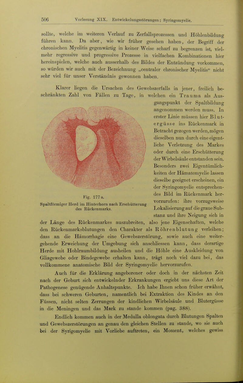 sollte, welche im weiteren Verlauf zu Zerfallsprozessen und Höhlenbildung führen kann. Da aber, wie wir früher gesehen haben, der Begriff der chronischen Myelitis gegenwärtig in keiner Weise scharf zu begrenzen ist, viel- mehr regressive und progressive Prozesse in vielfachen Kombinationen hier hereinspielen, welche auch ausserhalb des Bildes der Entzündung vorkommen, so würden wir auch mit der Bezeichnung „centraler chronischer Myelitis nicht sehr viel für unser Verständnis gewonnen haben. Klarer liegen die Ursachen des Gewebszerfalls in jener, freilich be- schränkten Zahl von Fällen zu Tage, in welchen ein Trauma als Aus- gangspunkt der Spaltbildung angenommen werden muss. In erster Linie müssen hier Blut- ergüsse ins Rückenmark in Betracht gezogen werden, mögen dieselben nun durch eine eigent- liche Verletzung des Markes oder durch eine Erschütterung der Wirbelsäule entstanden sein. \ Besonders zwei Eigentümlich- r^fe^ keiteu der Hämatomyelie lassen dieselbe geeignet erscheinen, ein der Syringomyelie entsprechen- des Bild im Rückenmark her- Fig. 177 a. . TT , . ^. . , , , .. vorzurufen: ihre vorzugsweise Spaltiormiger Herd im Hinterhorn nach Erschütterung , , . ° des Rückenmarks. Lokalisierung auf die graue Sub- stanz und ihre Neigung sich in der Länge des Rückenmarkes auszubreiten, also jene Eigenschaften, welche den Rückenmarksblutungen den Charakter als Röhrenblutung verleihen; dass an die Hämorrhagie eine Gewebszerstörung, sowie auch eine weiter- gehende Erweichung der Umgebung sich anschhessen kann, dass derartige Herde mit Hohlraumbildung ausheilen und die Höhle eine Auskleidung von Gliagewebe oder Bindegewebe erhalten kann, trägt noch viel dazu bei, das vollkommene anatomische Bild der Syringomyelie hervorzurufen. Auch für die Erklärung angeborener oder doch in der nächsten Zeit nach der Geburt sich entwickelnder Erkrankungen ergiebt uns diese Art der Pathogenese genügende Anhaltspunkte. Ich habe Ihnen schon früher erwähnt, dass bei schweren Geburten, namentlich bei Extraktion des Kindes an den Füssen, nicht selten Zerrungen der kindlichen Wirbelsäule und Blutergüsse in die Meningen und das Mark zu stände kommen (pag. 388). Endlich kommen auch in der Medulla oblongata durch Blutungen Spalten und Gewebszerstörungen an genau den gleichen Stellen zu stände, wo sie auch bei der Syrigomyelie mit Vorliebe auftreten, ein Moment, welches gewiss