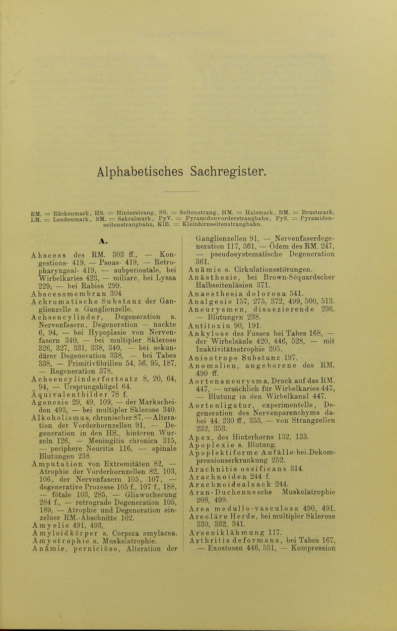 Alphabetisches Sachregister. EM. = Kiickenniark, HS. = Hinterstrang, SS. = Seitenstrang, HM. = Halsmark, BM. = Brustmark, LM. = Lendenmark, SM. = Sakralmark, PyV. = Pyramidenvorderstrangbahn, PyS. = Pyramiden- seitenstrangbahn, KIB. — Kleinhirnseitenstrangbahn. Abscess des RM. 303 ff., — Kon- gestions- 419, — Psoas- 419, — Retro- pharj'ngeal- 419, — subperiostale, bei Wirbelkaries 423, — miliare, bei Lyssa 229,- — bei Rabies 299. Abscessmembran 304 A cbrom atische Substanz der Gan- glienzelle s. Ganglienzelle. Achsencylinder, Degeneration s. Nervenfasern, Degeneration — riackte 6, 94, — bei Hypoplasie von Nerven- fasern 340, — bei multipler Sklerose 326, 327, 331, 338, 340, — bei sekun- därer Degeneration 338, — bei Tabes 338, - Primitivfibrillen 54, 56, 95, 187, — Regeneration 378. Achsencylinderfortsatz 8, 20, 64, _ 94, — Ursprungshügel 64. Äquivalentbilder 78 f. Agenesie 29, 49, 109, — der Markschei- den 493, — bei multipler Sklerose 340. Alkoholismus, chronischer87, — Altera- tion der Vorderhornzellen 91, — De- generation in den HS., hinteren Wur- zeln 126, — Meningitis chronica 315, — periphere Neuritis 116, — spinale Blutungen 238. Amputation von Extremitäten 82, — Atrophie der Vorderbornzellen 82, 103, 106, der Nervenfasern 105, 107, — degenerative Prozesse 105 f., 107 f., 188, — fötale 103, 285, — Gliawucherung 284 f., — retrograde Degeneration 105, 189, ■— Atrophie und Degeneration ein- zelner RM.-Abschnitte 1U2. Amyelie 491, 493. Amyloidkörper s. Corpora amylacea. Amyotrophie s. Muskelatrophie. Anämie, perniciöse, Alteration der Ganglienzellen 91, — Nervenfaserdege- neration 117, 361, — Ödem desRM. 247, — pseudosystematische Degeneration 361. Anämie s. Cirkulationsstörungen. Anästhesie, bei Brown-Sequardscher Halbseitenläsion 371. Anaesthesia dolorosa 541. Analgesie 157, 275, 372, 499, 500, 513. Aneurysmen, dissezierende 236, — Blutungen 238. Antitoxin 90, 191. Ankylose des Fusses bei Tabes 168, — der Wirbelsäule 420, 446, 528, — mit Inaktivitätsatrophie 205. Anisotrope Substanz 197. Anomalien, angeborene des RM. 490 ff. Aortenaneurysma, Druck auf das RM. 447, — ursächlich für Wirbelkaries 447, — Blutung in den Wirbelkanal 447. A 0 r t e n 1 i g a t u r, experimentelle, De- generation des Nervenparenchyms da- bei 44. 230 ff., 353, — von Strangzellen 232, 353. Apex, des Hinterhorns 132, 133. Apoplexie s. Blutung. Apoplektiforme Anfälle bei-Dekom- pressionserkrankung 252. Arachnitis ossificans 314. Arachnoidea 244 f. Arachnoidealsack 244. Aran-Duchennesche Muskclatrophie 208, 499. Area nieduUo-vasculosa 490, 491. Areoläre Herde, bei multipler Sklerose • 330, 332, 341. Arseniklähmung 117. Arthritis deformans, bei Tabes 167, — Exostosen 446, 531, — Kompression