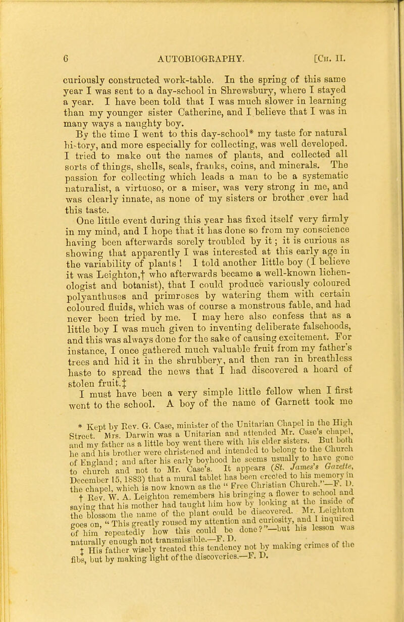 curiously constructed work-table. In the spring of this same year I was sent to a day-school in Shrewsbuiy, where T stayed a year. I have been told that I was much slower in learning than my younger sister Catherine, and I believe that I was in many ways a naughty boy. By the time I went to this day-school* my taste for natural hi-tory, and more especially for collecting, was well developed. I tried to make out the names of plants, and collected all sorts of things, shells, seals, franks, coins, and minerals. The passion for collecting which leads a man to be a systematic naturalist, a virtuoso, or a mieer, was very strong in me, and was clearly innate, as none of my sisters or brother ever had this taste. One little event during this year has fixed itself very firmly in my mind, and I hope that it has done so from my conscience having been afterwards sorely troubled by it; it is curious as showing that apparently I was interested at this early age in the variability of plants ! 1 told another little boy (I believe it was Leighton,! who afterwards became a well-known lichen- ologist and botanist), that I could produce variously coloured polyanthuses and primroses by watering them with certain coloured fliuds, which was of course a monstrous fable, and had never been tried by me. T may here also confess that as a little boy I was much given to inventing deliberate falsehoods, and this was always done for the sake of causing excitement. For instance, I once gathered much valuable fruit from my father's trees and hid it in the shrubbery, and then ran in breathless haste to spread the news that I had discovered a hoard of stolen fruit.J , » , t £ 4. I must have been a very simple little fellow when i tirst went to the school. A boy of the name of Garnett took me * Kent by Rev. G. Case, minister of the Unitaiiau Chapel in the High Street Mis. Darwin was a Unitnrian and nttended Mr. Cases chape , and my father as a little boy went there with his elder sisters. But both he and his brotlicr were christened and intended to belong to the Church of En-land ; and after his early boyhood he seems usually to ha^'c gone to church and not to Mr. Case's. It appears (St. Jame^ s Gazette, December 15,1883) that a mural tablet has been erected to his memory in tlie chapel which is now known as the  Free Christian Church. -F. I). t Eev W A Leighton remembers his bringing a flower to school and saving that his mother had taught him how by looking at the insnie of the blossom the name of the plant could bo discoyercd. ]\Ir Leighton Joes rThs greatly roused my attention and curiosity, and I inquired Thim'repeatedly how this could be done?-but lus lesson was •nitiirallv enouerh not transmissible.—F. D. ... , t His father wisely treated this tendency not by making crimes of the fibs, but by making light of the discoveries.—F. D.