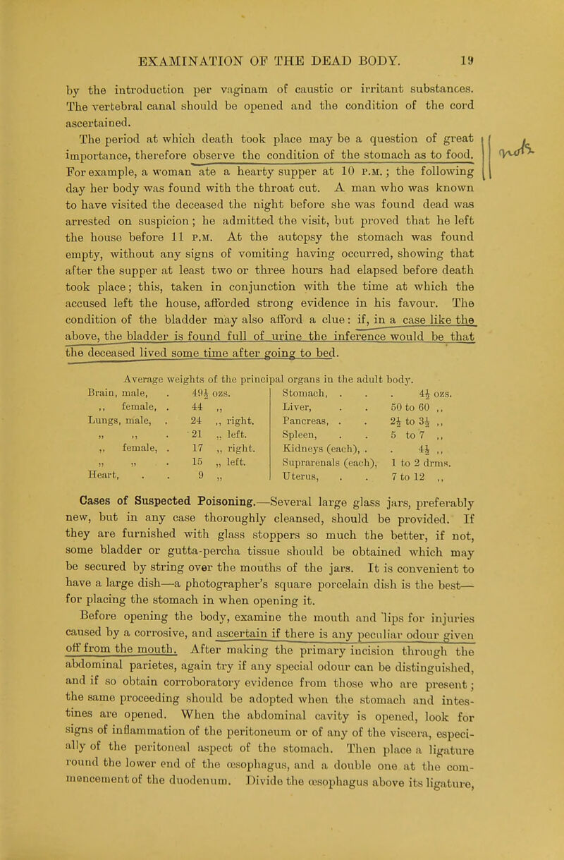 by the introduction per vaginam of caustic or irritant substances. The vertebral canal should be opened and the condition of the cord ascertained. The period at which death took place may be a question of great importance, therefore observe the condition of the stomach as to food. For example, a woman ate a hearty supper at 10 p.m.; the following day her body was found with the throat cut. A man who was known to have visited the deceased the night before she was found dead was arrested on suspicion ; he admitted the visit, but proved that he left the house before 11 p.m. At the autopsy the stomach was found empty, without any signs of vomiting having occurred, showing that after the supper at least two or three hours had elapsed before death took place; this, taken in conjunction with the time at which the accused left the house, afforded strong evidence in his favour. The condition of the bladder may also afford a clue: if, in a case like the above, the bladder is found full of urine the inference would be that the deceased lived some time after going to bed. Average weights of the principal organs in the adult bod)'. Brain, male, 4:9J ozs. Stomach, . 4J ozs. ,, female, . 4i „ Liver, 50 to 60 ,, Lungs, male, 24 „ right. Pancreas, . 2i to 31 ,, J) 1) ■21 „ left. Spleen, 5 to 7 ,, ,, female, . 17 „ right. Kidneys (each), . H ,, II i> 15 „ left. Suprarenals (each), 1 to 2 drms. Heart, 9 „ Uterus, 7 to 12 ,, Cases of Suspected Poisoning.—Several large glass jars, preferably new, but in any case thoroughly cleansed, should be provided. If they are furnished with glass stoppers so much the better, if not, some bladder or gutta-percha tissue should be obtained which may be secured by string over the mouths of the jars. It is convenient to have a large dish—a photographer's square porcelain dish is the best— for placing the stomach in when opening it. Before opening the body, examine the mouth and lips for injuries caused by a corrosive, and ascertain if there is any peculiar odour given off from the mouth. After making the primary incision through the abdominal parietes, again try if any special odour can be distingui.shed, and if so obtain corroboratory evidence from those who are present; the same proceeding should be adopted when the stomach and intes- tines are opened. When the abdominal cavity is opened, look for signs of inflammation of the peritoneum or of any of the viscera, especi- ally of the peritoneal aspect of the stomach. Then place a ligature round the lower end of the cesophagus, and a double one at the com- mencement of the duodenum. Divide the oesophagus above its ligature,