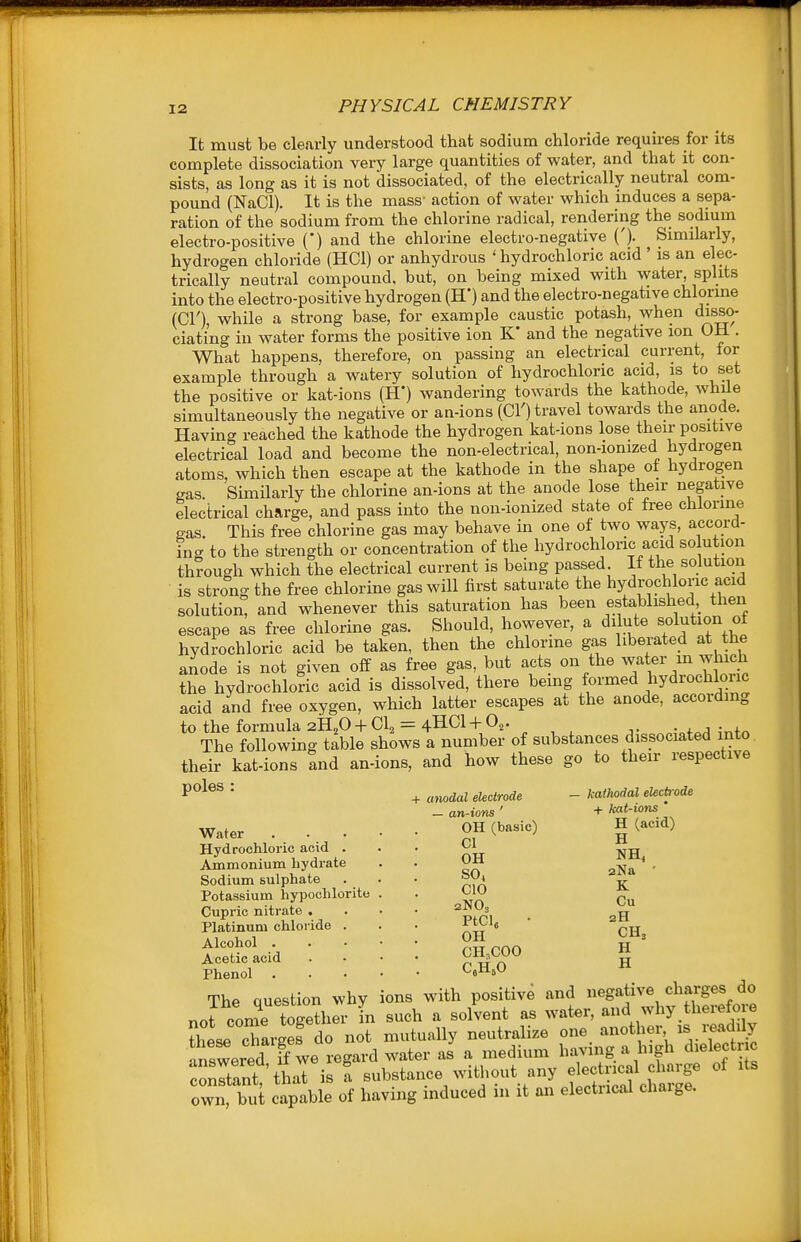 It must be clearly understood that sodium chloride requires for its complete dissociation very large quantities of water, and that it con- sists, as long as it is not dissociated, of the electrically neutral com- pound (NaCl). It is the mass- action of water which induces a sepa- ration of the sodium from the chlorine radical, rendering the sodium electro-positive (*) and the chlorine electro-negative (')• Similarly, hydrogen chloride (HCl) or anhydrous ' hydrochloric acid' is an elec- trically neutral compound, but, on being mixed with water, splits into the electro-positive hydrogen (H') and the electro-negative chlorine (Cr), while a strong base, for example caustic potash, when disso- ciating in water forms the positive ion K and the negative ion OH . What happens, therefore, on passing an electrical current, for example through a watery solution of hydrochloric acid, is to set the positive or kat-ions (H) wandering towards the kathode, while simultaneously the negative or an-ions (CI') travel towards the anode. Having reached the kathode the hydrogen kat-ions lose their positive electrical load and become the non-electrical, non-ionized hydrogen atoms, which then escape at the kathode in the shape of hydrogen gas Similarly the chlorine an-ions at the anode lose their negative electrical charge, and pass into the non-ionized state of free chlorine gas. This free chlorine gas may behave in one of two ways, accord- ing to the strength or concentration of the hydrochloric acid solution through which the electrical current is being passed If the solution is strong the free chlorine gas will first saturate the hydrochloric acid solution, and whenever this saturation has been established then escape as free chlorine gas. Should, however, a dilute solution of hydrochloric acid be taken, then the chlorine gas liberated at the anode is not given off as free gas, but acts on the water m which the hydrochloric acid is dissolved, there bemg formed hydrochloric acid and free oxygen, which latter escapes at the anode, according to the formula 2H20 + Cl2 = 4HCl + 0,. • The following table shows a number of substances dissociated into their kat-ions !nd an-ions, and how these go to their respective P^^®^ • + amdal eUctrode - kathodal electrode - an-ions ' + kat-ioiis Water Hydrochloric acid . Ammonium hydrate Sodium sulphate Potassium hypochlorite Cupric niti-ate . Platinum chloride . Alcohol . Acetic acid Phenol OH (basic) H (acid) CI H OH NH, SOi 2Na ■ CIO K 2NO3 c« PtCle • OH CH3 CH,COO H C.HjO H The Question why ions with positive and negative charges do noFcon^e together L such a solvent as water, ad why herefoi^ Saese charges do not mutually neutralize one another ^^f^^^^7 answered ff we regard water as a medium having a high dielectr c t^'that is I substance without any «-^^^^^^^^^^^^ own, but capable of having mduced in it an electncal chaige.