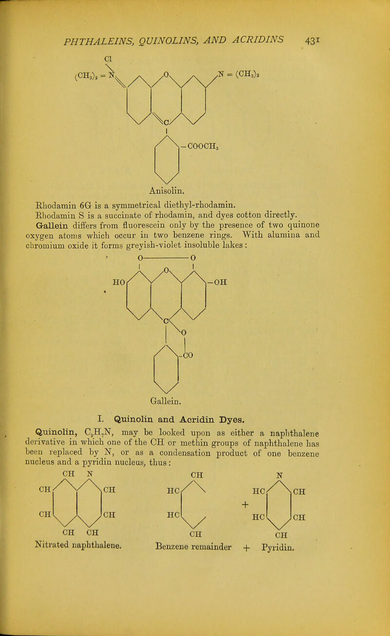 CI -COOCH3 Anisolin. Rhodamin 6G is a symmetrical cliethyl-rhodamia. Eliodamin S is a succinate of rhodamin, and dyes cotton directly. Gallein. differs from fluorescein only by the presence of two quinone oxygen atoms which occur in two benzene rings. With alumina and chromium oxide it forms greyish-violet insoluble lakes : O- I -0 HO O -OH 0 -CO Gallein. I. Quinolin and Aeridin Dyes. Quinolin, CgH^N, may be looked upon as either a naphthalene derivative in which one of the CH or methin groups of naphthalene has been replaced by or as a condensation product of one benzene nucleus and a pyridin nucleus, thus : CH N CH CH CH N CH CH HC HC HC + CH CH Nitrated naphthalene. HC CH CH Benzene remainder + Pyridin CH CH