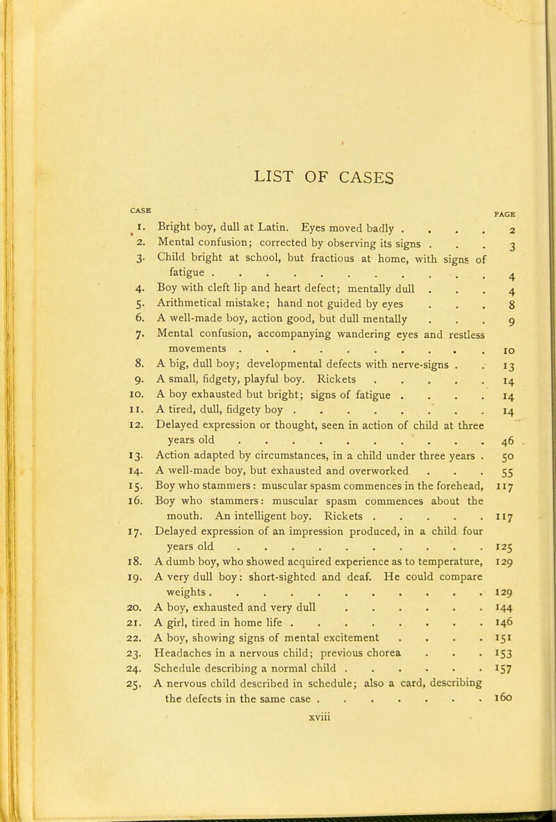 LIST OF CASES ^ X. Bright boy, dull at Latin. Eyes moved badly .... 2 2. Mental confusion; corrected by observing its signs • • • 3 3. Child bright at school, but fractious at home, with signs of fatigue . 4 4. Boy with cleft lip and heart defect; mentally dull ... 4 5. Arithmetical mistake; hand not guided by eyes ... 8 6. A well-made boy, action good, but dull mentally ... 9 7. Mental confusion, accompanying wandering eyes and restless movements .......... ro 8. A big, dull boy; developmental defects with nerve-signs . . 13 9. A small, fidgety, playful boy. Rickets 14 10. A boy exhausted but bright; signs of fatigue .... 14 11. A tired, dull, fidgety boy 14 12. Delayed expression or thought, seen in action of child at three years old 46 13. Action adapted by circumstances, in a child under three years . 50 14. A well-made boy, but exhausted and overworked • • • 55 15. Boy who stammers : muscular spasm commences in the forehead, 117 16. Boy who stammers: muscular spasm commences about the mouth. An intelligent boy. Rickets II7 17. Delayed expression of an impression produced, in a child four years old . 125 18. A dumb boy, who showed acquired experience as to temperature, 129 19. A very dull boy: short-sighted and deaf. He could compare weights 129 20. A boy, exhausted and very dull 144 21. A girl, tired in home life ........ 146 22. A boy, showing signs of mental excitement . . . '15' 23. Headaches in a nervous child; previous chorea . . . 153 24. Schedule describing a normal child 157 25. A nervous child described in schedule; also a card, describing the defects in the same case . . 160