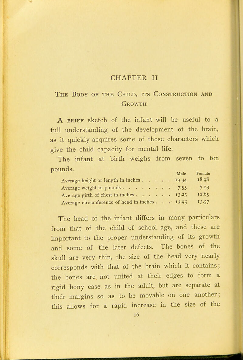 CHAPTER II The Body of the Child, its Construction and Growth A BRIEF sketch of the infant will be useful to a full understanding of the development of the brain, as it quickly acquires some of those characters which give the child capacity for mental life. The infant at birth weighs from seven to ten Average circumference of head in inches . . . 13.95 13.57 The head of the infant differs in many particulars from that of the child of school age, and these are important to the proper understanding of its growth and some of the later defects. The bones of the skull are very thin, the size of the head very nearly corresponds with that of the brain which it contains; the bones are. not united at their edges to form a rigid bony case as in the adult, but are separate at their margins so as to be movable on one another; this allows for a rapid increase in the size of the 16 pounds. Average height or length in inches Average weight in pounds . . . Average girth of chest in inches . 19-34 7-55 13-25 Male Female 18.98 7-23 12.65