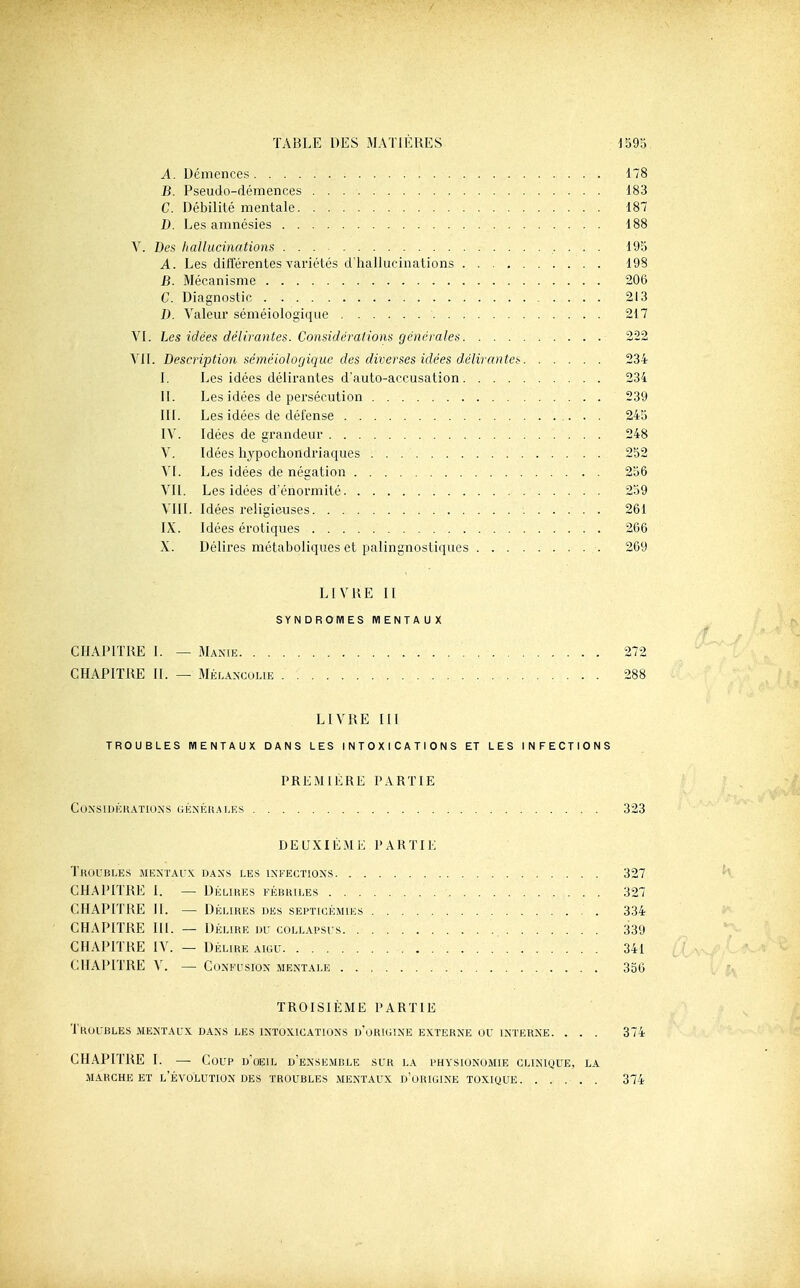 A. Démences 178 B. Pseudo-démences 183 C. Débilité mentale 187 D. Les amnésies 188 V. Des hallucinations 195 A. Les différentes variétés d'hallucinations 198 B. Mécanisme 206 C. Diagnostic 213 D. Valeur séméiologique 217 VI. Les idées délirantes. Considérations générales 222 Vil. Description séméiologique des diverses idées délirantes 234 I. Les idées délirantes d'auto-accusation 234 II. Les idées de persécution 239 III. Les idées de défense 245 IV. Idées de grandeur 248 V. Idées hypocliondriaques 252 VI. Les idées de négation 256 VU. Les idées d'énormité 259 VIII. Idées religieuses 261 IX. Idées érotiques 266 X. Délires métaboliques et palingnostiques 269 LIVRE II SYNDROMES MENTAUX CHAPITRE 1. — Maxie 272 CHAPITRE II. — Mélancolie 288 LIVRE 111 TROUBLES MENTAUX DANS LES INTOXICATIONS ET LES INFECTIONS PREMIÈRE PARTIE CuNSlDÉHAïIOXS GÉNÉUALES ' . . . . 323 DEUXIÈME PARTIE Troubles mextai-x dans les lnfections 327 CHAPITRE I. — Délikes fébkiles 327 CHAPITRE 11. — Délires des septicé.mies 334 CHAPITRE III. — Délire or collapsis 339 CHAPITRE IV. — DÉLIRE AIGU 341 CHAPITRE V. — CoNEusiox mentale 336 TROISIÈME PARTIE Troubles mentaux dans les intoxications d'origine externe ou interne. . . . 374 CHAPITRE I. — Coup d'oeil d'ensemble sur la physionomie clinique, la marche ET l'Évolution DES troubles mentaux d'origine toxique. ..... 374