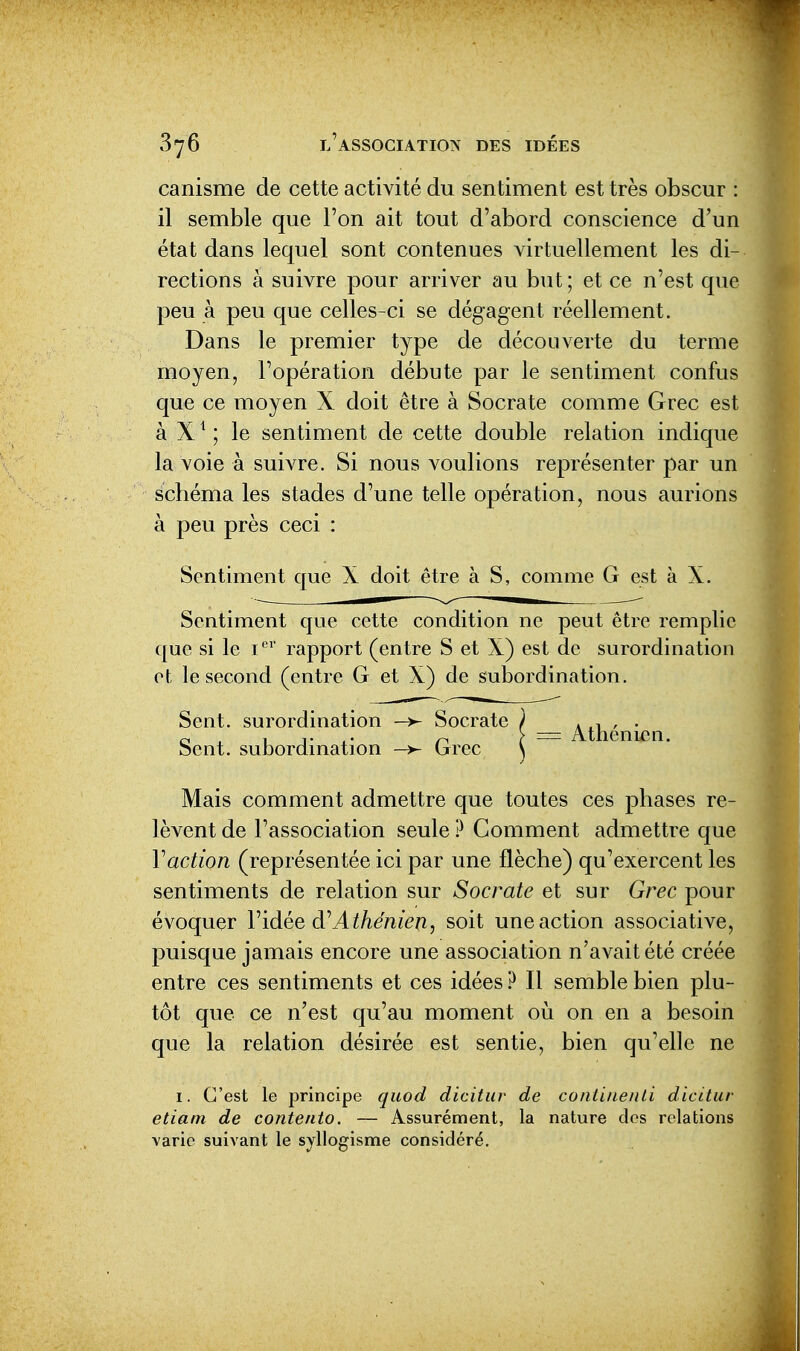 canisme de cette activité du sentiment est très obscur : il semble que l'on ait tout d'abord conscience d'un état dans lequel sont contenues virtuellement les di- rections à suivre pour arriver au but ; et ce n'est que peu à peu que celles-ci se dégagent réellement. Dans le premier type de découverte du terme moyen, l'opération débute par le sentiment confus que ce moyen X doit être à Socrate comme Grec est à X ^ ; le sentiment de cette double relation indique la voie à suivre. Si nous voulions représenter par un schéma les stades d'une telle opération, nous aurions à peu près ceci : Sentiment que X doit être à S, comme G est à X. Sentiment que cette condition ne peut être remplie que si le i*^'' rapport (entre S et X) est de surordination et le second (entre G et X) de subordination. Sent, surordination Socrate Sent, subordination Grec Mais comment admettre que toutes ces phases re- lèvent de l'association seule ? Comment admettre que Vaction (représentée ici par une flèche) qu'exercent les sentiments de relation sur Socrate et sur Gi^ec pour évoquer Vidée d''Athénien, soit une action associative, puisque jamais encore une association n'avait été créée entre ces sentiments et ces idées ? Il semble bien plu- tôt que ce n'est qu'au moment où on en a besoin que la relation désirée est sentie, bien qu'elle ne = Athénien. I. C'est le principe quod dicitur de contiiieuli dicitur etiam de contento. — Assurément, la nature des relations varie suivant le syllogisme considéré.