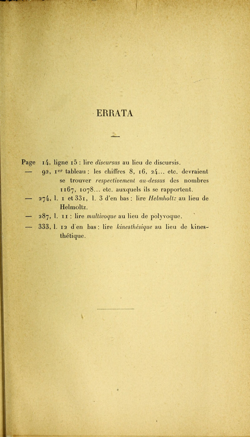 ERRATA Page i4, ligne i5 : lire discursus au lieu de discursis. — 92, i*^''tableau : les chiffres 8, 16, 2/4.•• etc. devraient se trouver respectivement au-dessus des nombres 1167, 1078... etc. auxquels ils se rapportent. — 274, 1. I et33i, 1. 3 d'en bas: lire Helmholtz au lieu de Helmoltz. — 287, 1. II : lire multivoque au lieu de polyvoque, — 333, 1. 12 den bas: lire kinesthésique au lieu de kines- thétique.