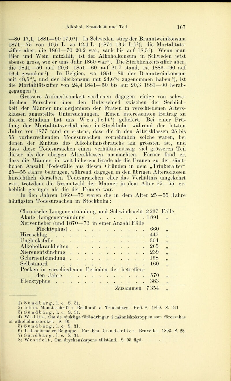 —80 17,1, 1881—90 17,0^). In Schweden stieg der Branntweinkonsum 1871—75 von 10,5 L. zu 12,4 L. (1874 13,5 L.)^), die Mortalitäts- zifFer aber, die 1861^—70 20,2 war, sank bis auf 18,3^). Wenn man Bier und Wein mitzählt, ist der Alkoholkonsum in Schweden jetzt ebenso gross, wie er ums Jahr 1860 war*). Die Sterblichkeitsziffer aber, die 1841—50 auf 20,6, 1851—60 auf 21,7 stand, ist 1886—90 auf 16,4 gesunken^). In Belgien, wo 1851—89 der Branntweinkonsum mit 48,5 ^/o und der Bierkonsum mit 24,67o zugenommen haben *^), ist die Mortalitätsziö'er von 24,4 1841- 50 bis auf 20,3 1881—90 herab- gegangen Grössere Aufmerksamkeit verdienen dagegen einige von schwe- dischen Forschern über den Unterschied zwischen der Serblich- keit der Männer und derjenigen der Frauen in verschiedenen Alters- klassen angestellte Untersuchungen. Einen interessanten Beitrag zu diesem Studium hat uns Westfeit^) geliefert. Bei einer Prü- fung der Mortalitätsverhältnisse in Stockholm während der letzten Jahre vor 1877 fand er erstens, dass die in den Altersklassen 25 bis 55 vorherrschenden Todesursachen vornehmlich solche waren, bei denen der Einfluss des i^lkoholmissbrauchs am grössten ist, und dass diese Todesursachen einen verhältnismässig viel grösseren Teil dieser als der übrigen Altersklassen ausmachten. Ferner fand er, dass die Männer in weit höherem Grade als die Frauen zu der sämt- lichen Anzahl Todesfälle aus diesen Gründen in dem „Trinkeralter 25—55 Jahre beitrugen, während dagegen in den übrigen Altersklassen hinsichtlich derselben Todesursachen eher das Verhältnis umgekehrt war, trotzdem die Gesamtzahl der Männer in dem Alter 25—55 er- heblich geringer als die der Frauen w^ar. In den Jahren 1869—75 waren die in dem Alter 25 — 55 Jahre häufigsten Todesursachen in Stockholm : Chronische Lungenentzündung und Schwindsucht 2 237 Fälle Akute Lungenentzündung 1891 Nervenfieber (und 1870—73 in einer Anzahl Fälle Flecktyphus) 660 Hirnschlag 447 Unglücksfälle 304 Alkoholkrankheiten 265 Nierenentzündung 239 Gehirnentzündung 198 Selbstmord 160 Pocken in verschiedenen Perioden der betreffen- den Jahre 570 Flecktyphus 383 Zusammen 7 354 „ 1) Sundbärg, 1. c. S. 31. 2) Intern. Monatsschrift z. Bekämpf, d. Trinksitten. Heft 8. 1899. S. 241. 3) iSun db är g, 1. c. S. 31. 4) Wallis, Gm de sjukliga förändringar i människokroppen som förorsakas af alkoholmissbruket. S. 10. 5) Sundbärg, 1. c. S. 31. 6) L'alcoolisme en Belgique. Par Em, Cauderlier. Bruxelles, 1893. S. 28. 7) S u n d b ä r g , 1. c. S. 31. 8) West feit. Gm dryckenskapens tillstand. S. 95 flgd.