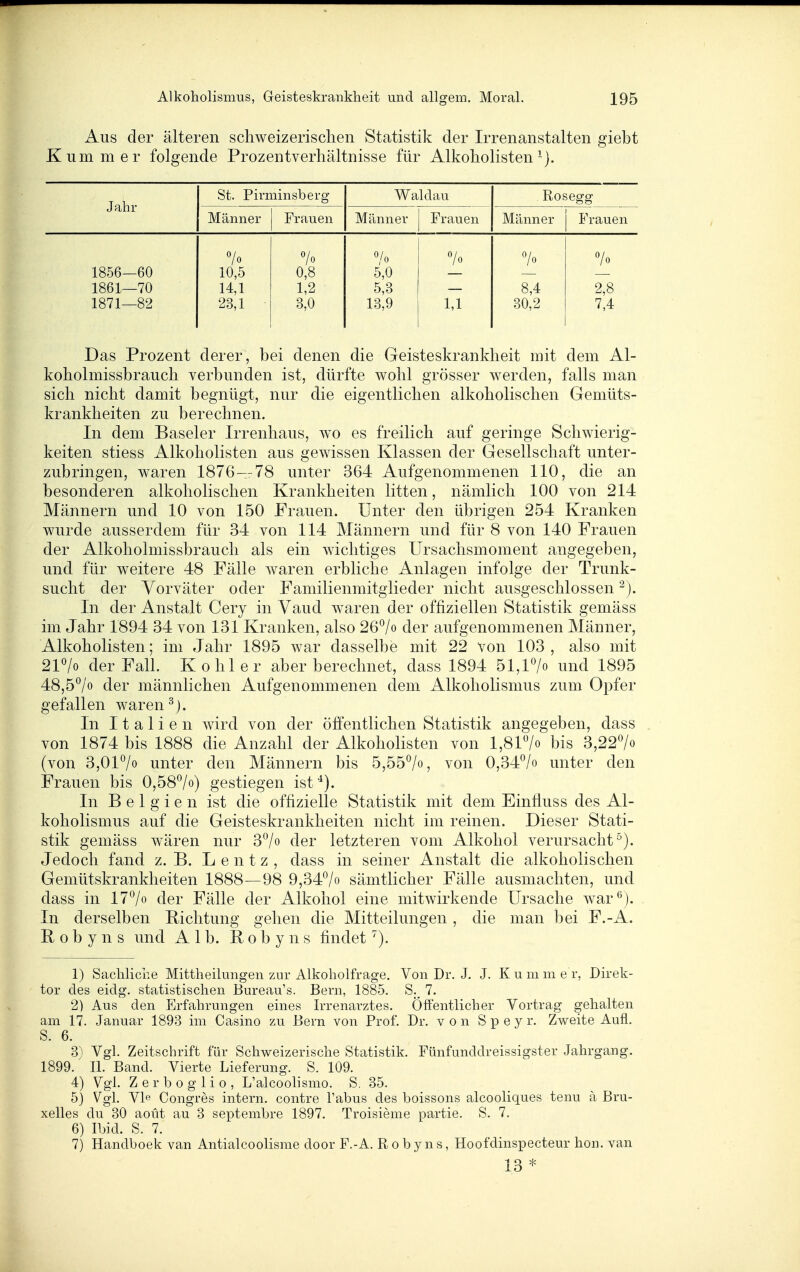 Aus der älteren schweizerischen Statistik der Irrenanstalten giebt Kummer folgende Prozentverhältnisse für Alkoholisten-). Jahr St. Pirminsberg Waldau Rosegg Männer Frauen Männer Frauen Männer 1^ rauen 7o 7o 7o 7o 1856—60 10,5 0,8 5,0 1861—70 14,1 1,2 5,3 8,4 2,8 1871—82 23,1 3,0 13,9 1,1 30,2 7,4 Das Prozent derer, bei denen die Geisteskrankheit mit dem Al- koholmissbrauch verbunden ist, dürfte wohl grösser werden, falls man sich nicht damit begnügt, nur die eigentlichen alkoholischen Gemüts- krankheiten zu berechnen. In dem Baseler Irrenhaus, w^o es freilich auf geringe Schwierig- keiten stiess Alkoholisten aus gewissen Klassen der Gesellschaft unter- zubringen, waren 1876—78 unter 364 Aufgenommenen 110, die an besonderen alkoholischen Krankheiten litten, nämlich 100 von 214 Männern und 10 von 150 Frauen. Unter den übrigen 254 Kranken wurde ausserdem für 34 von 114 Männern und für 8 von 140 Frauen der Alkoholmissbrauch als ein wichtiges Ursachsmoment angegeben, und für weitere 48 Fälle waren erbliche Anlagen infolge der Trunk- sucht der Vorväter oder Familienmitglieder nicht ausgeschlossen In der Anstalt Cery in Vaud waren der offiziellen Statistik gemäss im Jahr 1894 34 von 131 Kranken, also 267» der aufgenommenen Männer, Alkoholisten; im Jahr 1895 war dasselbe mit 22 von 103 , also mit 2l7o der Fall. Kohl er aber berechnet, dass 1894 51,l7o und 1895 48,57o der männlichen Aufgenommenen dem Alkoholismus zum Opfer gefallen waren In Italien wird von der öffentlichen Statistik angegeben, dass von 1874 bis 1888 die Anzahl der Alkoholisten von l,817o bis 3,227« (von 3,Ol7o unter den Männern bis 5,557», von 0,347^o unter den Frauen bis 0,587») gestiegen ist'^). In Belgien ist die offizielle Statistik mit dem Einfluss des Al- koholismus auf die Geisteskrankheiten nicht im reinen. Dieser Stati- stik gemäss wären nur 37» der letzteren vom Alkohol verursacht^). Jedoch fand z. B. L e n t z , dass in seiner Anstalt die alkoholischen Gemütskrankheiten 1888—98 9,34^/o sämtlicher Fälle ausmachten, und dass in 177» der Fälle der Alkohol eine mitwirkende Ursache war*^). In derselben Richtung gehen die Mitteilungen, die man bei F.-A. Robyns und Alb. Robyns findet^). 1) Sachliche Mittheilungen zur Alkoholfrage. Von Dr. J. J. K u m m e r, Direk- tor des eiclg. statistischen Bureau\s. Bern, 1885. 7. 2) Aus den Erfahrungen eines Irrenarztes. Öffentlicher Vortrag gehalten am 17. Januar 1893 im Casino zu Bern von Prof. Dr. von S p e y r. Zweite Aufl. S. 6. 3) Vgl. Zeitschrift für Schweizerische Statistik. Fünfunddreissigster Jahrgang. 1899. II. Band. Vierte Lieferung. S. 109. 4) Vgl. Zerboglio, L'alcoolismo. S. 35. 5} Vgl. Vle Congres intern, contre Tabus des boissons alcooliques tenu ä Bru- xelles du 30 aoüt au 3 septembre 1897. Troisieme partie. S. 7. 6) Ibid. S. 7. 7) Handboek van Antialcoolisme door F.-A. Robyns, Hoofdinspecteur hon. van 13 *