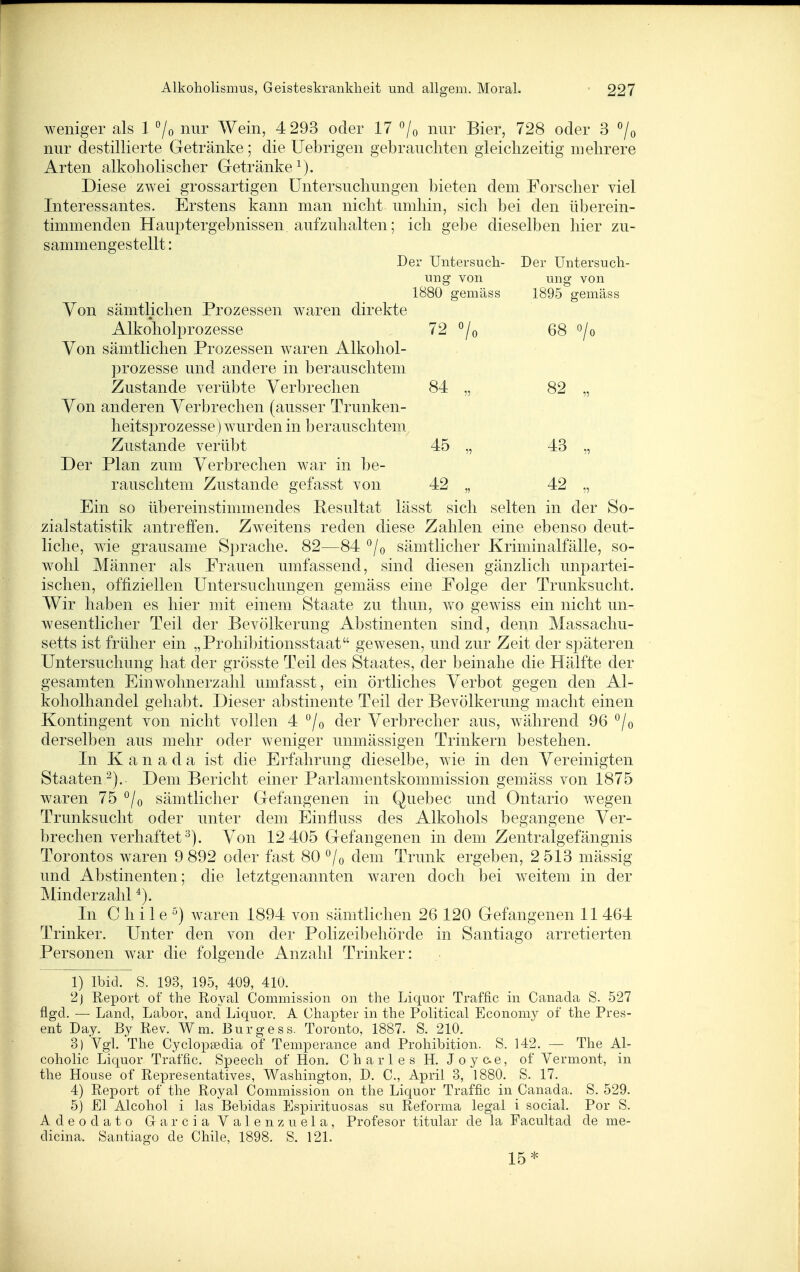 weniger als 1 7o nur Wein, 4 293 oder 17 nur Bier, 728 oder 3 7o nur destillierte Getränke; die üebrigen gebrauchten gleichzeitig mehrere Arten alkoholischer Getränke^). Diese zwei grossartigen Untersuchungen bieten dem Forscher viel Interessantes. Erstens kann man nicht umhin, sich bei den überein- timmenden Hauptergebnissen aufzuhalten; ich gebe dieselben hier zu- sammengestellt : Der Untersuch- Der Untersuch- ung von ung von 1880 gemäss 1895 gemäss Yon sämtlichen Prozessen waren direkte Alkoholprozesse 72 68 o/o Von sämtlichen Prozessen waren Alkohol- jDrozesse und andere in berauschtem Zustande verübte Verbrechen 84 „ 82 „ Von anderen Verbrechen (ausser Trunken- heitsprozesse) wurden in berauschtem Zustande verübt 45 „ 43 „ Der Plan zum Verbrechen war in be- rauschtem Zustande gefasst von 42 „ 42 „ Ein so übereinstimmendes Resultat lässt sich selten in der So- zialstatistik antrefien. Zweitens reden diese Zahlen eine ebenso deut- liche, wie grausame Sprache. 82—84 °/o sämtlicher Kriminalfälle, so- wohl Männer als Frauen umfassend, sind diesen gänzlich unpartei- ischen, offiziellen Untersuchungen gemäss eine Folge der Trunksucht. Wir haben es hier mit einem Staate zu thun, wo gewiss ein nicht un- wesentlicher Teil der Bevölkerung Abstinenten sind, denn Massachu- setts ist früher ein „Prohibitionsstaat gewesen, und zur Zeit der späteren Untersuchung hat der grösste Teil des Staates, der beinahe die Hälfte der gesamten Einwohnerzahl umfasst, ein örtliches Verbot gegen den Al- koholhandel gehabt. Dieser abstinente Teil der Bevölkerung macht einen Kontingent von nicht vollen 4 der Verbrecher aus, während 96 ^/o derselben aus mehr oder weniger unmässigen Trinkern bestehen. In Kanada ist die Erfahrung dieselbe, wie in den Vereinigten Staaten^). Dem Bericht einer Parlamentskommission gemäss von 1875 waren 75 °/o sämtlicher Gefangenen in Quebec und Ontario wegen Trunksucht oder unter dem Einfluss des Alkohols begangene Ver- brechen verhaftet^). Von 12 405 Gefangenen in dem Zentralgefängnis Torontos waren 9 892 oder fast 80 ^/o dem Trunk ergeben, 2 513 mässig und Abstinenten; die letztgenannten waren doch bei weitem in der Minderzahl In Chilewaren 1894 von sämtlichen 26 120 Gefangenen 11 464 Trinker. Unter den von der Polizeibehörde in Santiago arretierten Personen war die folgende Anzahl Trinker: 1) Ibid. S. 193, 195, 409, 410. 2j Report of the Royal Commission on the Liquor Traffic in Canada S. 527 flgd. — Land, Labor, and Liquor. A Chapter in the Political Economy of the Pres- ent Daj. By Rev. Wm. Bürgess. Toronto, 1887. S. 210. 3) Vgl. The Cyclopsedia of Temperance and Prohibition. S. 142. — The Al- coholic Liquor Traffic. Speech of Hon. C h a r 1 e s H. J o y ce, of Vermont, in the House of Representatives, Washington, D. C, April 3, 1880. S. 17. 4) Report of the Royal Commission on the Liquor Traffic in Canada. S. 529. 5) El Alcohol i las Bebidas Espirituosas su Reforma legal i social. Por S. Adeodato Garcia Valenz uela, Profesor titular de la Facultad de me- dicina. Santiago de Chile, 1898. S. 121. 15*