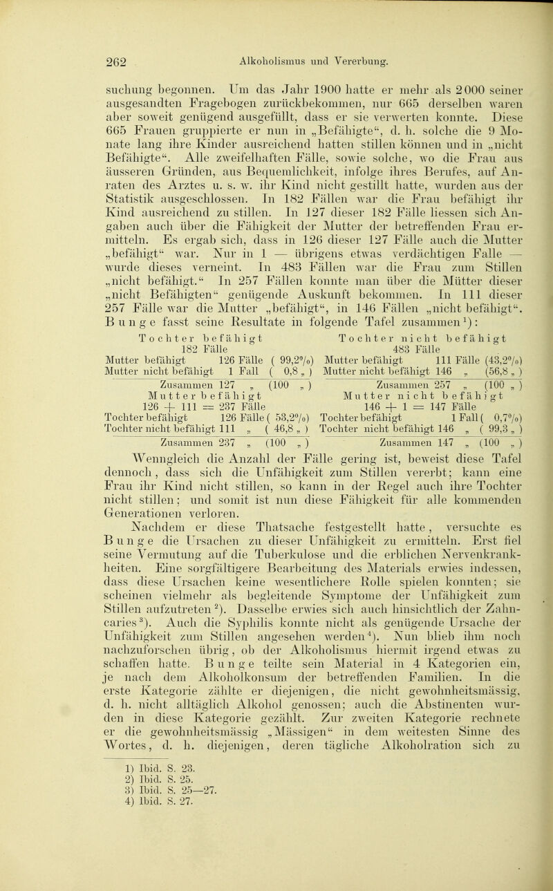 sucliimg begonnen. Um das Jahr 1900 hatte er mehr als 2 000 seiner ausgesandten Fragebogen zurückbekommen, nur 665 derselben waren aber soweit genügend ausgefüllt, dass er sie verwerten konnte. Diese 665 Frauen gruppierte er nun in „Befähigte, d. h. solche die 9 Mo- nate lang ihre Kinder ausreichend hatten stillen können und in „nicht Befähigte. Alle zweifelhaften Fälle, sowie solche, wo die Frau aus äusseren Gründen, aus Bequemlichkeit, infolge ihres Berufes, auf An- raten des Arztes u. s. w. ihr Kind nicht gestillt hatte, wurden aus der Statistik ausgeschlossen. In 182 Fällen war die Frau befähigt ihr Kind ausreichend zu stillen. In 127 dieser 182 Fälle Hessen sich An- gaben auch über die Fähigkeit der Mutter der betreffenden Frau er- mitteln. Es ergab sich, dass in 126 dieser 127 Fälle auch die Mutter „befähigt war. Nur in 1 — übrigens etwas verdächtigen Falle — wurde dieses verneint. In 48B Fällen war die Frau zum Stillen „nicht befähigt. In 257 Fällen konnte man über die Mütter dieser „nicht Befähigten genügende Auskunft bekommen. In III dieser 257 Fälle war die Mutter „befähigt, in 146 Fällen „nicht befähigt. Bunge fasst seine Besultate in folgende Tafel zusammen ^): Tochter befähigt Tochter nicht befähigt 182 Fälle 483 Fälle Mutter befähigt 126 Fälle ( 99,27o) Mutter befähigt III Fälle (43,27o) Mutter nicht befähigt 1 Fall ( 0,8 „ ) Mutter nicht befähigt 146 „ (56,8 „ ) Zusammen 127 „ (100 „ ) Zusammen 257 „ (100 „ ) Mutter befähigt Mutter nicht befähigt 126 + III ~ 237 Fälle 146 + 1 = 147 Fälle Tochter befähigt 126 Fälle ( 53,2o/o) Tochter befähigt lFall( 0,77o) Tochter nicht befähigt III „ (46,8,,) Tochter nicht befähigt 146 „ ( 99,3 „ ) Zusammen 237 „ (100 „ ) Zusammen 147 „ (100 „ ) Wenngleich die Anzahl der Fälle gering ist, beweist diese Tafel dennoch, dass sich die Unfähigkeit zum Stillen vererbt; kann eine Frau ihr Kind nicht stillen, so kann in der Kegel auch ihre Tochter nicht stillen; und somit ist nun diese Fähigkeit für alle kommenden Grenerationen verloren. Nachdem er diese Thatsache festgestellt hatte, versuchte es Bunge die Ursachen zu dieser Unfähigkeit zu ermitteln. Erst fiel seine Vermutung auf die Tuberkulose und die erblichen Nervenkrank- heiten. Eine sorgfältigere Bearbeitung des Materials erwies indessen, dass diese Ursachen keine wesentlichere Rolle spielen konnten; sie scheinen vielmehr als begleitende Symptome der Unfähigkeit zum Stillen aufzutreten ^). Dasselbe erwies sich auch hinsichtlich der Zahn- caries ^). Auch die Syphilis konnte nicht als genügende Ursache der Unfähigkeit zum Stillen angesehen werden'^). Nun blieb ihm noch nachzuforschen übrig, ob der Alkoholismus hiermit irgend etwas zu schaffen hatte. Bunge teilte sein Material in 4 Kategorien ein, je nach dem Alkoholkonsum der betreffenden Familien. In die erste Kategorie zählte er diejenigen, die nicht gewohnheitsmässig, d. h. nicht alltäglich Alkohol genossen; auch die Abstinenten wur- den in diese Kategorie gezählt. Zur zweiten Kategorie rechnete er die gewohnheitsmässig „Mässigen in dem weitesten Sinne des Wortes, d. h. diejenigen, deren tägliche Alkoholration sich zu 1) Ibid. S. 23. 2) Ibid. S. 25. 3) Ibid. S. 25—27.