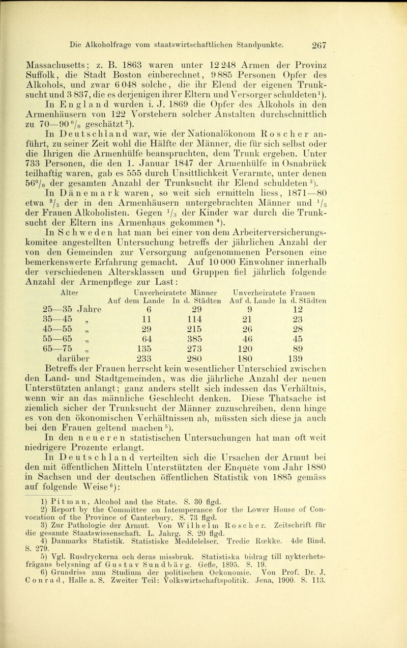 Massachusetts; z. B. 1863 waren unter 12 248 Armen der Provinz Suffolk, die Stadt Boston einberechnet, 9 885 Personen Opfer des Alkohols, und zwar 6 048 solche, die ihr Elend der eigenen Trunk- sucht und 3 837, die es derjenigen ihrer Eltern und Yersorger schuldeten^). In England wurden i. J. 1869 die Opfer des Alkohols in den Armenhäusern von 122 Vorstehern solcher Anstalten durchschnittlich zu 70—90 o/o geschätzt 2). In Deutschland war, wie der Nationalökonom Roscher an- führt, zu seiner Zeit wohl die Hälfte der Männer, die für sich selbst oder die Ihrigen die Armenhülfe beanspruchten, dem Trunk ergeben. Unter 733 Personen, die den 1. Januar 1847 der Armenhülfe in Osnabrück teilhaftig waren, gab es 555 durch Unsittlichkeit Verarmte, unter denen 56°/o der gesamten Anzahl der Trunksucht ihr Elend schuldeten^). In Dänemark waren, so weit sich ermitteln Hess, 1871—80 etwa ^/s der in den Armenhäusern untergebrachten Männer und ^5 der Frauen Alkoholisten. Gegen ^/g der Kinder war durch die Trunk- sucht der Eltern ins Armenhaus gekommen In Schweden hat man bei einer von dem Arbeiterversicherungs- komitee angestellten Untersuchung betreffs der jährlichen Anzahl der von den Gemeinden zur Versorgung aufgenommenen Personen eine bemerkenswerte Erfahrung gemacht. Auf 10 000 Einwohner innerhalb der verschiedenen Altersklassen und Gruppen fiel jährlich folgende Anzahl der Armenpflege zur Last: Altei* Unverheiratete Männer Unverheiratete Frauen Auf dem Lande In d. Städten Auf d. Lande In d. Städten 25—35 Jahre 6 29 9 12 35—45 , 11 114 21 23 45—55 „ 29 215 26 28 55—65 „ 64 385 46 45 65—75 „ 135 273 120 89 darüber 233 280 180 139 Betreffs der Frauen herrscht kein wesentlicher Unterschied zwischen den Land- und Stadtgemeinden, was die jährliche Anzahl der neuen Unterstützten anlangt; ganz anders stellt sich indessen das Verhältnis, wenn wir an das männliche Geschlecht denken. Diese Thatsache ist ziemlich sicher der Trunksucht der Männer zuzuschreiben, denn hinge es von den ökonomischen Verhältnissen ab, müssten sich diese ja auch bei den Frauen geltend machen'^). In den neueren statistischen Untersuchungen hat man oft weit niedrigere Prozente erlangt. In Deutschland verteilten sich die Ursachen der Armut l)ei den mit öffentlichen Mitteln Unterstützten der Enquete vom Jahr 1880 in Sachsen und der deutschen öffentlichen Statistik von 1885 gemäss auf folgende Weise ^): 1) Pitman, Alcohol and the State. S. 30 flgd. 2) Report by the Committee on Intemperance for tlie Lower House of Con- vocation of the Province of Canterbury. S. 73 figd. 3) Zur Pathologie der Armut. Von Wilhelm Roscher. Zeitschrift für die gesamte Staatswissenschaft. L. Jahrg. S. 20 flgd. 4) Danmarks Statistik. Statistiske Meddelelser. Tredie Roekke. 4de Bind. S. 279. 5) Vgl. Rusdryckerna och deras missbruk. Statistiska bidrag tili nykterhets- frägans belysning af Gustav Sundbärg. Gefle, 1895. S. 19. 6) Grundriss zum Studium der politischen Oekonomie. Von Prof. Dr. J. Conrad, Halle a. S. Zweiter Teil: Volkswirtschaftspolitik. Jena, 1900. S. 113.