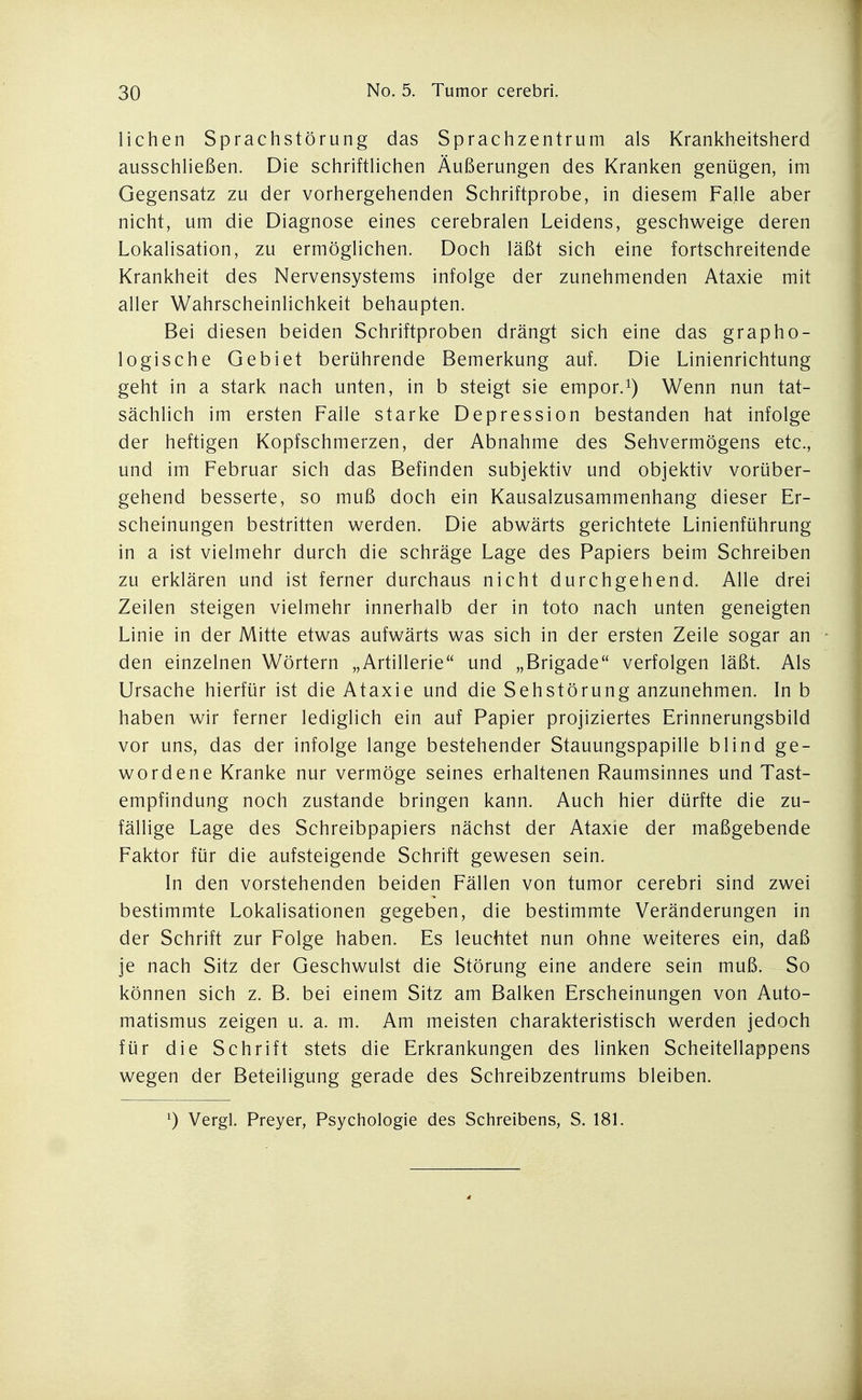 liehen Sprachstörung das Spraehzentrum als Krankheitsherd ausschließen. Die schriftlichen Äußerungen des Kranken genügen, im Gegensatz zu der vorhergehenden Schriftprobe, in diesem Falle aber nicht, um die Diagnose eines cerebralen Leidens, geschweige deren Lokalisation, zu ermöglichen. Doch läßt sich eine fortschreitende Krankheit des Nervensystems infolge der zunehmenden Ataxie mit aller Wahrscheinlichkeit behaupten. Bei diesen beiden Schriftproben drängt sich eine das grapho- logische Gebiet berührende Bemerkung auf. Die Linienrichtung geht in a stark nach unten, in b steigt sie empor.Wenn nun tat- sächlich im ersten Falle starke Depression bestanden hat infolge der heftigen Kopfschmerzen, der Abnahme des Sehvermögens etc., und im Februar sich das Befinden subjektiv und objektiv vorüber- gehend besserte, so muß doch ein Kausalzusammenhang dieser Er- scheinungen bestritten werden. Die abwärts gerichtete Linienführung in a ist vielmehr durch die schräge Lage des Papiers beim Schreiben zu erklären und ist ferner durchaus nicht durchgehend. Alle drei Zeilen steigen vielmehr innerhalb der in toto nach unten geneigten Linie in der Mitte etwas aufwärts was sich in der ersten Zeile sogar an den einzelnen Wörtern „Artillerie und „Brigade verfolgen läßt. Als Ursache hierfür ist die Ataxie und die Sehstörung anzunehmen. In b haben wir ferner lediglich ein auf Papier projiziertes Erinnerungsbild vor uns, das der infolge lange bestehender Stauungspapille blind ge- wordene Kranke nur vermöge seines erhaltenen Raumsinnes und Tast- empfindung noch zustande bringen kann. Auch hier dürfte die zu- fällige Lage des Schreibpapiers nächst der Ataxie der maßgebende Faktor für die aufsteigende Schrift gewesen sein. In den vorstehenden beiden Fällen von tumor cerebri sind zwei bestimmte Lokalisationen gegeben, die bestimmte Veränderungen in der Schrift zur Folge haben. Es leuchtet nun ohne weiteres ein, daß je nach Sitz der Geschwulst die Störung eine andere sein muß. So können sich z. B. bei einem Sitz am Balken Erscheinungen von Auto- matismus zeigen u. a. m. Am meisten charakteristisch werden jedoch für die Schrift stets die Erkrankungen des linken Scheitellappens wegen der Beteiligung gerade des Schreibzentrums bleiben. ^) Vergl. Preyer, Psychologie des Schreibens, S. 181.