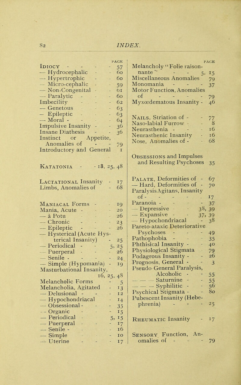 PAGE Idiocy - - - - 57 — Hydrocephalic - - 60 — Hypertrophic - - 60 — Micro-cephalic - - 59 — Non-Congenital - - bi — Paralytic - - - 60 Imbecility - . - - 62 — Genetous - - 63 — Epileptic - - - 63 — Moral - - ■ - 64 Impulsive Insanity - - 36 Insane Diathesis - - 36 Instinct or Appetite, Anomalies of - - 79 Introductory and General i Katatonia - - 18, 25, 48 Lactational Insanity - 17 Limbs, Anomalies of - 68 Maniacal Forms - 19 Mania, Acute - - - 20 — a Potu - - 26 — Chronic - - - 23 — Epileptic - - - 26 — Hysterical (Acute Hys- terical Insanity) - 25 — Periodical - - 5? 25 — Puerperal • - - 26 — Senile - - - - 24 — Simple (Hypomania) - ig Masturbational Insanity, 16, 25, 48 Melancholic Forms - 5 Melancholia, Agitated - 13 — Delusional - - - 12 — Hypochondriacal - 14 — Obsessional - - - 35 -- Organic - - - 15 — Periodical - 5, 15 — Puerperal - - - 17 — Senile - - - 16 — Simple - 10 — Uterine - - - 17 PAGE Melancholy Folie raison- nante - - 5- 15 Miscellaneous Anomalies 79 Monomania - - - 37 Motor FunctioH, Anomalies of . - - - 79 Myxoedematous Insanity - 46 Nails, Striation of - - 77 Naso-labial Furrow - - 8 Neurasthenia - - - 16 Neurasthenic Insanity - 16 Nose, Anomalies of - - 68 Obsessions and Impulses and Resulting Psychoses 35 Palate, Deformities of - 67 — Hard, Deformities of - 70 Paralysis Agitans, Insanity of- - - - .17 Paranoia - - - - 37 — Depressive - 38, 39 — Expansive - - 37, 39 — Hypochondriacal - 38 Pareto-ataxic Deteriorative Psychoses - - - 49 Pathophobia - - - 35 Phthisical Insanity - - 40 Physiological Stigmata 79 Podagrous Insanity - - 26 Prognosis, General - - 3 Pseudo General Paralysis, Alcoholic - - 55 — Saturnine - - 55 Syphilitic - - 56 Psychical Stigmata - - 80 Pubescent Insanity (Hebe- phrenia) - - - 25 Rheumatic Insanity - 17 Sensory Function, An- omalies of - - - 79