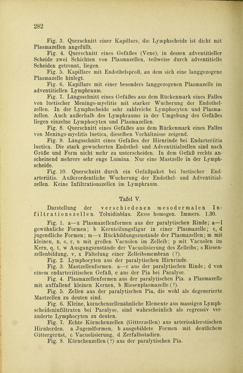 Fig. 3. Querschnitt einer Kapillare, die Lymphscheide ist dicht mit Plasmazellen angefüllt. Fig. 4. Querschnitt eines Gefäßes (Vene), in dessen adventitieller Scheide zwei Schichten von Plasmazellen, teilweise durch adventitielle Scheiden getrennt, liegen. Fig. 5. Kapillare mit Endothelsproß, an dem sich eine langgezogene Plasmazelle hinlegt. Fig. 6. Kapillare mit einer besonders langgezogenen Plasmazelle im adventitiellen Lymphraum. Fig. 7. Längsschnitt eines Gefäßes aus dem Rückenmark eines Falles von luetischer Meningo-myelitis mit starker Wucherung der Endothel- zellen. In der Lymphscheide sehr zahlreiche Lymphocyten und Plasma- zellen. Auch außerhalb des Lymphraums in der Umgebung des Gefäßes liegen einzelne Lymphocyten und Plasmazellen. Fig. 8. Querschnitt eines Gefäßes aus dem Rückenmark eines Falles von Meningo-myelitis luetica, dieselben Verhältnisse zeigend. Fig. 9. Längsschnitt eines Gefäßes der Hirnrinde bei Endarteriitis luetica. Die stark gewucherten Endothel- und Adventitialzellen sind nach Größe und Form nicht mehr zu unterscheiden. In dem Gefäß rechts an- scheinend mehrere sehr enge Lumina. Nur eine Mastzelle in der Lymph- scheide. Fig. 10. Querschnitt durch ein Gefäßpaket bei luetischer End- arteriitis. Außerordentliche Wucherung der Endothel- und Adventitial- zellen. Keine Infiltrationszellen im Lymphraum. Tafel V. Darstellung der verschiedenen mesodermalen In- filtrationszellen. Toluidinblau. Zeiss homogen. Immers. 1.30. Fig. 1. a—X Plasmazellenformen aus der paralytischen Rinde; a—1 gewöhnliche Formen; b Kernteilungsfigur in einer Plasmazelle; c, d jugendliche Formen; m—x Rückbildungszustände der Plasmazellen; m mit kleinen, n, o, r, u mit großen Vacuolen im Zelleib; p mit Vacuolen im Kern, q, t, w Ausgangszustände der Vacuolisierung des Zelleibs; s Riesen- zellenbildung, V, X Fältelung einer Zelleibsmembran (?). Fig. 2. Lymphocyten aus der paralytischen Hirnrinde. Fig. 3. Mastzellenformen, a—c aus der paralytischen Rinde; d von einem endarteriitischen Gefäß, e aus der Pia bei Paralyse. Fig. 4. Plasmazellenformen aus der paralytischen Pia. a Plasmazelle mit auffallend kleinen Kernen, b Riesenplasmazelle (?). Fig. 5. Zellen aus der paralytischen Pia, die wohl als degenerierte Mastzellen zu deuten sind. Fig. 6. Kleine, körnchenzellenähnliche Elemente aus massigen Lymph- scheideninfiltraten bei Paralyse, sind wahrscheinlich als regressiv ver- änderte Lymphocyten zu deuten. Fig. 7. Echte Körnchenzellen (Gitterzellen) aus arteriosklerotischen Hirnherden, a Jugendformen, b ausgebildete Formen mit deutlichem Gittergerüst, c Vacuolisierung, d Zerfallsstadien. Fig. 8. Körnchenzellen (?) aus der paralytischen Pia.