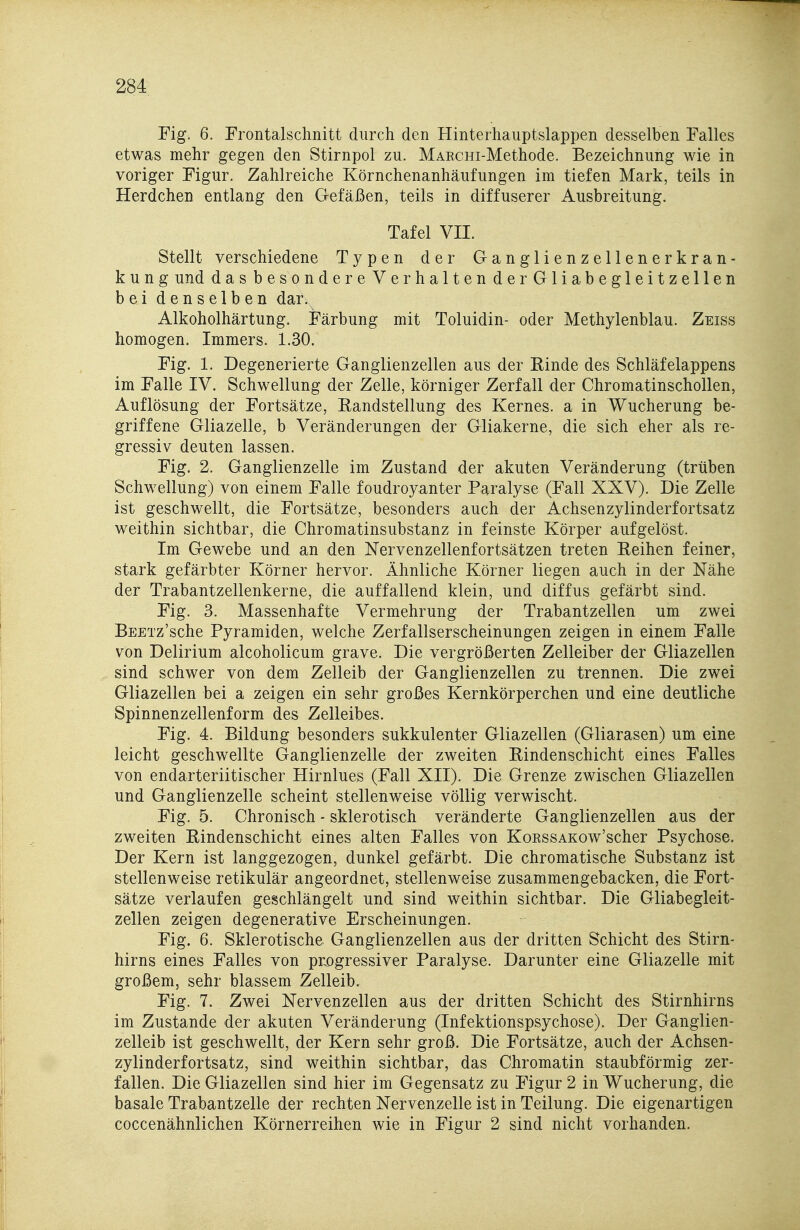 Fig. 6. Frontalschnitt durch den Hinterhauptslappen desselben Falles etwas mehr gegen den Stirnpol zu. MAKCHi-Methode. Bezeichnung wie in voriger Figur. Zahlreiche Körnchenanhäufungen im tiefen Mark, teils in Herdchen entlang den Gefäßen, teils in diffuserer Ausbreitung. Tafel VII. Stellt verschiedene Typen der Ganglienzellenerkran- kung und das besondereVerhalten derGliabegleitzellen bei denselben dar. Alkoholhärtung. Färbung mit Toluidin- oder Methylenblau. Zeiss homogen. Immers. 1.30. Fig. 1. Degenerierte Ganglienzellen aus der Einde des Schläfelappens im Falle IV. Schwellung der Zelle, körniger Zerfall der Chromatinschollen, Auflösung der Fortsätze, Randstellung des Kernes, a in Wucherung be- griffene Gliazelle, b Veränderungen der Gliakerne, die sich eher als re- gressiv deuten lassen. Fig. 2. Ganglienzelle im Zustand der akuten Veränderung (trüben Schwellung) von einem Falle foudroyanter Paralyse (Fall XXV). Die Zelle ist geschwellt, die Fortsätze, besonders auch der Achsenzylinderfortsatz weithin sichtbar, die Chromatinsubstanz in feinste Körper aufgelöst. Im Gewebe und an den Nervenzellenfortsätzen treten Reihen feiner, stark gefärbter Körner hervor. Ähnliche Körner liegen auch in der Nähe der Trabantzellenkerne, die auffallend klein, und diffus gefärbt sind. Fig. 3. Massenhafte Vermehrung der Trabantzellen um zwei BEETz'sche Pyramiden, welche Zerfallserscheinungen zeigen in einem Falle von Delirium alcoholicum grave. Die vergrößerten Zelleiber der Gliazellen sind schwer von dem Zelleib der Ganglienzellen zu trennen. Die zwei Gliazellen bei a zeigen ein sehr großes Kernkörperchen und eine deutliche Spinnenzellenform des Zelleibes. Fig. 4. Bildung besonders sukkulenter Gliazellen (Gliarasen) um eine leicht geschwellte Ganglienzelle der zweiten Rindenschicht eines Falles von endarteriitischer Hirnlues (Fall XII). Die Grenze zwischen Gliazellen und Ganglienzelle scheint stellenweise völlig verwischt. Fig. 5. Chronisch - sklerotisch veränderte Ganglienzellen aus der zweiten Rindenschicht eines alten Falles von KoKssAKOw'scher Psychose. Der Kern ist langgezogen, dunkel gefärbt. Die chromatische Substanz ist stellenweise retikulär angeordnet, stellenweise zusammengebacken, die Fort- sätze verlaufen geschlängelt und sind weithin sichtbar. Die Gliabegleit- zellen zeigen degenerative Erscheinungen. Fig. 6. Sklerotische Ganglienzellen aus der dritten Schicht des Stirn- hirns eines Falles von pr^ogressiver Paralyse. Darunter eine Gliazelle mit großem, sehr blassem Zelleib. Fig. 7. Zwei Nervenzellen aus der dritten Schicht des Stirnhirns im Zustande der akuten Veränderung (Infektionspsychose). Der Ganglien- zelleib ist geschwellt, der Kern sehr groß. Die Fortsätze, auch der Achsen- zylinderfortsatz, sind weithin sichtbar, das Chromatin staubförmig zer- fallen. Die Gliazellen sind hier im Gegensatz zu Figur 2 in Wucherung, die basale Trabantzelle der rechten Nervenzelle ist in Teilung. Die eigenartigen coccenähnlichen Körnerreihen wie in Figur 2 sind nicht vorhanden.