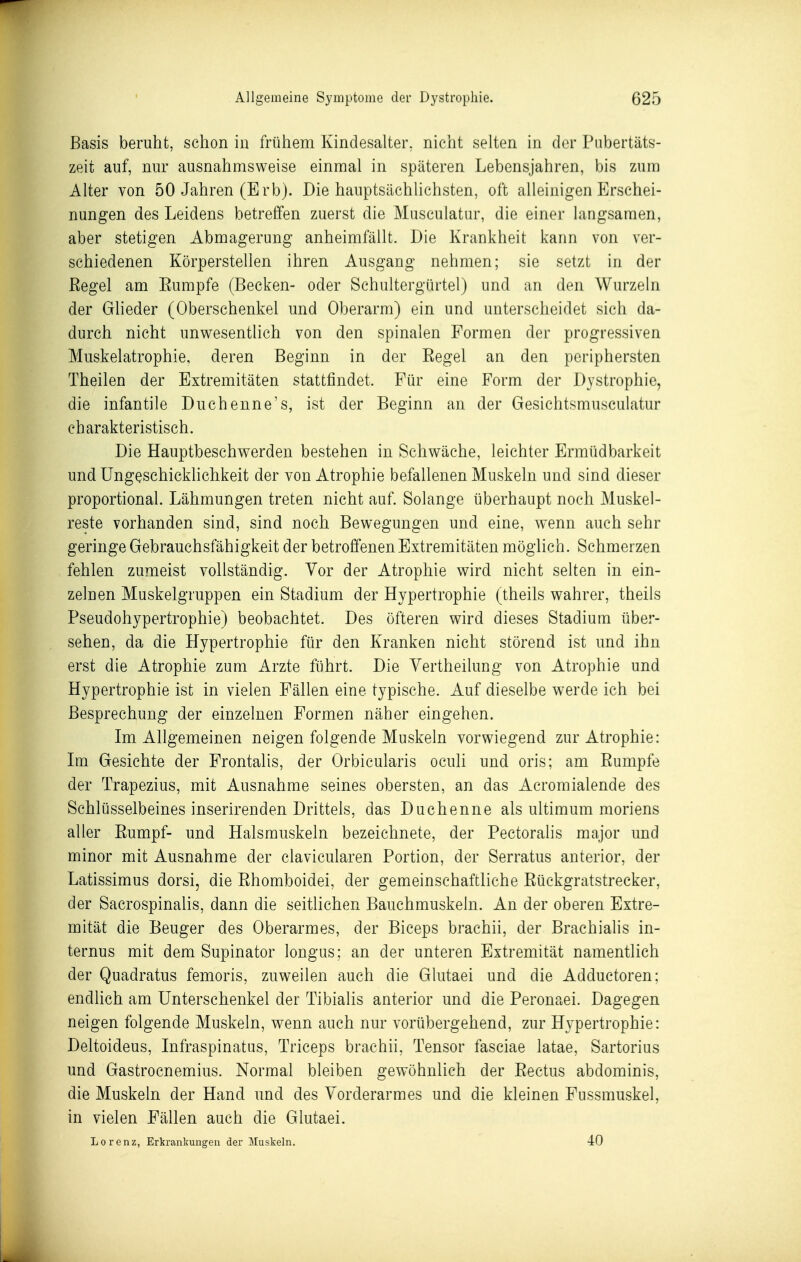 Basis beruht, schon in frühem Kindesalter, nicht selten in der Pubertäts- zeit auf, nur ausnahmsweise einmal in späteren Lebensjahren, bis zum Alter von 50 Jahren (Erb). Die hauptsächlichsten, oft alleinigen Erschei- nungen des Leidens betreffen zuerst die Musculatur, die einer langsamen, aber stetigen Abmagerung anheimfällt. Die Krankheit kann von ver- schiedenen Körperstellen ihren Ausgang nehmen; sie setzt in der ßegel am Eumpfe (Becken- oder Schultergürtel) und an den Wurzeln der Glieder (Oberschenkel und Oberarm) ein und unterscheidet sich da- durch nicht unwesentlich von den spinalen Formen der progressiven Muskelatrophie, deren Beginn in der Eegel an den pcriphersten Theilen der Extremitäten stattfindet. Für eine Form der Dystrophie, die infantile Duchenne's, ist der Beginn an der Gesichtsmusculatur charakteristisch. Die Hauptbeschwerden bestehen in Schwäche, leichter Ermüdbarkeit und üngeschickhchkeit der von Atrophie befallenen Muskeln und sind dieser proportional. Lähmungen treten nicht auf. Solange überhaupt noch Muskel- reste vorhanden sind, sind noch Bewegungen und eine, wenn auch sehr geringe Gebrauchsfähigkeit der betroffenen Extremitäten möglich. Schmerzen fehlen zumeist vollständig. Vor der Atrophie wird nicht selten in ein- zelnen Muskelgruppen ein Stadium der Hypertrophie (theils wahrer, theils Pseudohypertrophie) beobachtet. Des öfteren wird dieses Stadium über- sehen, da die Hypertrophie für den Kranken nicht störend ist und ihn erst die Atrophie zum Arzte führt. Die Yertheilung von Atrophie und Hypertrophie ist in vielen Fällen eine typische. Auf dieselbe werde ich bei Besprechung der einzelnen Formen näher eingehen. Im Allgemeinen neigen folgende Muskeln vorwiegend zur Atrophie: Im Gesichte der Frontalis, der Orbicularis oculi und oris; am Rumpfe der Trapezius, mit Ausnahme seines obersten, an das Acromialende des Schlüsselbeines inserirenden Drittels, das Duchenne als ultimum moriens aller Eumpf- und Halsmuskeln bezeichnete, der Pectoralis major und minor mit Ausnahme der clavicularen Portion, der Serratus anterior, der Latissimus dorsi, die Rhomboidei, der gemeinschaftliche Rückgratstrecker, der Sacrospinalis, dann die seitlichen Bauchmuskeln. An der oberen Extre- mität die Beuger des Oberarmes, der Biceps brachii, der Brachialis in- ternus mit dem Supinator longus; an der unteren Extremität namentlich der Quadratus femoris, zuweilen auch die Glutaei und die Adductoren: endhch am Unterschenkel der Tibialis anterior und die Peronaei. Dagegen neigen folgende Muskeln, wenn auch nur vorübergehend, zur Hypertrophie: Deltoideus, Infraspinatus, Triceps brachii, Tensor fasciae latae, Sartorius und Gastrocnemius. Normal bleiben gewöhnlich der Rectus abdominis, die Muskeln der Hand und des Vorderarmes und die kleinen Fussmuskel, in vielen Fällen auch die Glutaei. Lorenz, Erkrankungen der Muskeln. 40