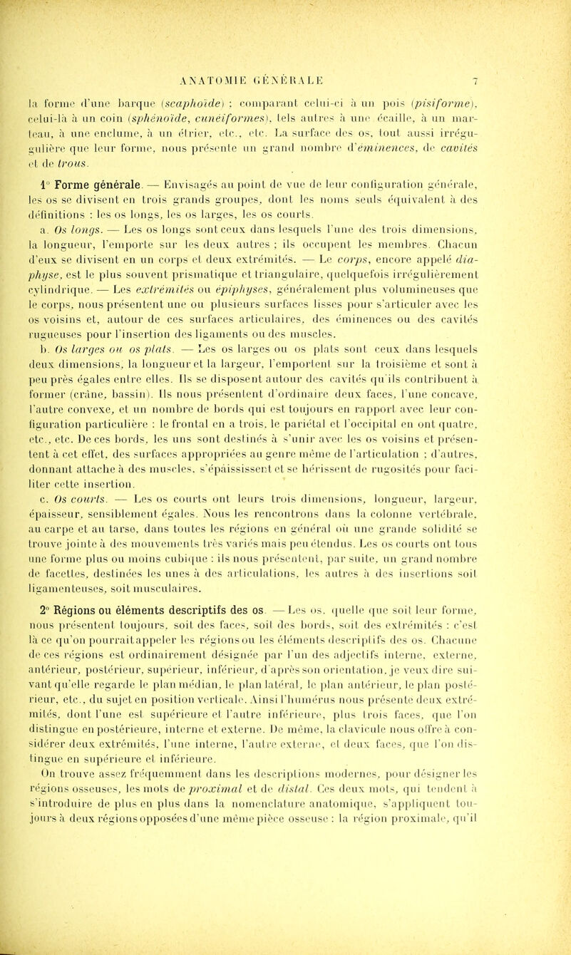 la forme d'une barque iscaphoïde) : coiuparant celui-ci à uti pois (pisiforme). celui-là à un coin (sphénoïde, cunéiformes), lels autres à une écaille, à un niar- leau, à une enclume, à un (Mrier, elc, etc. La surface des os, tout aussi irrégu- gulière que leur forme, nous présente un grand lunnhre à'éminences, de cavités et de Irons. \° Forme générale. — Envisagés au point de vue de leur configuration générale, les os se divisent en trois grands groupes, dont les noms seuls équivalent à des définitions : les os longs, les os larges, les os courts. a. Os longs. — Les os longs sont ceux dans lesquels l'une des trois dimensions, la longueur, l'emporte sur les deux autres ; ils occupent les membres. Chacun d'eux se divisent en un corps et deux extrémités. — Le corps, encore appelé dia- physe, est le plus souvent prismatique et triangulaire, quelquefois irrégulièrement cylindrique. — Les exirémités ou épiphyses, généralement plus volumineuses que le corps, nous présentent une ou plusieurs surfaces lisses pour s'articuler avec les os voisins et, autour de ces surfaces articulaires, des éminences ou des cavités rugueuses pour l'insertion des ligaments ou des muscles. b. Os larges ou os plats. — Les os larges ou os plats sont ceux dans lesquels deux dimensions, la longueur et la largeur, l'emportent sur la troisième et sont à peu près égales entre elles. Ils se disposent autour des cavités qu'ils contribuent à former (crâne, bassin). [Is nous présentent d'ordinaire deux faces, l'une concave, l'autre convexe, et un nombre de bords qui est toujours en rapport avec leur con- figuration particulière : le frontal en a trois, le pariétal et roccipital en ont quatre, etc., etc. De ces bords, les uns sont destinés à s'unir avec les os voisins et présen- tent à cet effet, des surfaces appropriées au genre même de l'articulation ; d'autres, donnant attache à des muscles, s'épaississent et se héi'issent de rugosités pour faci- liter cette insertion. c. Os courts. — Les os courts ont leurs trois dimensions, longueur, largeur, épaisseur, sensiblement égales. Nous les rencontrons dans la colonne vertébrale, au carpe et au tarse, dans toutes les régions en général oii une grande solidité se trouve jointe à des mouvements très variés mais peu étendus. Les os courts ont tous une forme plus ou moins cubique : ils nous présentent, par suite, un grand nombre de facettes, destinées les unes à des arliculalions, les autres à des insertions soit ligamenteuses, soit musculaires. 2 Régions ou éléments descriptifs des os. —Les os. (pielle que soit leur forme, nous présenteni toujours, soit des faces, soit des bords, soit des extrémités : c'est là ce qu'on pourraitappeler les régions ou les éléments descriptifs des os. Chacune de ces régions est ordinairement désignée par l'un des adjectifs interne, externe, antérieur, postérieur, supérieur, inférieur, d'après son orientation, je veux dire sui- vant qu'elle regarde le plan médian, le plan latéral, le plan antérieur, le plan posté- rieur, etc., du sujet en position verticale. Ainsi l'iuanérus nous présente deux extré- mités, dont l'une est supérieure et l'autre inférieure, plus trois faces, que l'on distingue en postérieure, interne et externe. De même, la clavicule nous offre à con- sidérer deux extrémilés. l'une interne, l'autre externe, el deux faces, que l'on dis- tingue en supérieure et inférieure. On trouve assez fréquemment dans les descriptions modernes, pour désigner les régions osseuses, les mots de proximal et de distal. Ces deux mots, qui tendent à s'introduire de plus en plus dans la nomenclature anatomique, s'appliquent tou- jours à deux régions opposées d'une même pièce osseuse : la région proximale, qu'il