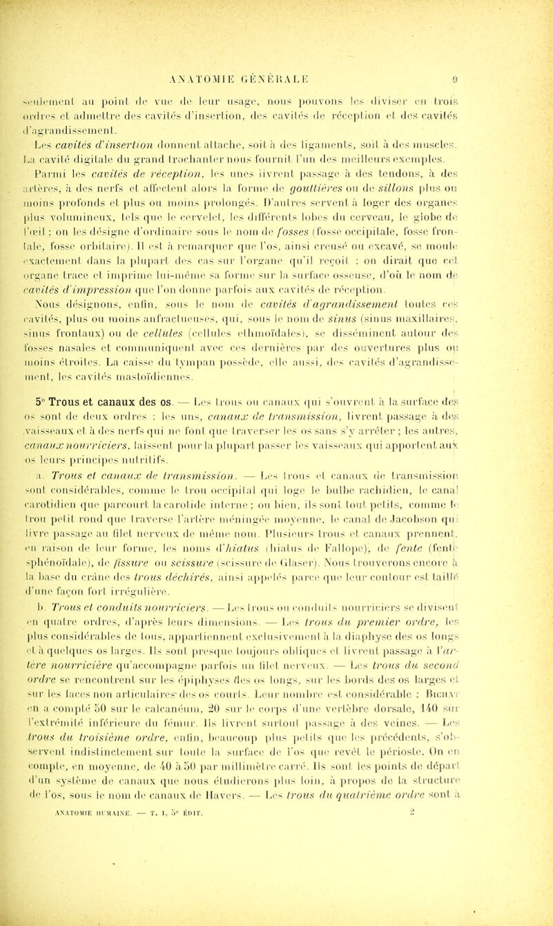 si-iileiiii.Mil au puiiil (11' vue de Inii' usage, nous iiouvons les (liviscc tui trois ordres oL luliiuîttre des cavilés d'iiiscrlion. dos cavil(''s de réceplion et, de,K cavités d'agi-andisseinenl. Les cavités (Tinserlion doimeiil altach(\ soit à des liganienls, suil <à d(>s inuscles. Ij.'i cavilc digilalc du grand IrocliauLer nous fournil fuu des meilleurs exemples. i'arjni les cavités de réception, les unes livrent passage à des tendons, à des artères, à des nerfs et alfecleid alors l,i forme de gouttières ou de sillons plus ou moins profonds et plus ou moins prolongés. J)'autres servent à loger des organes plus volumineux, tels que le cervelet, les différents lobes du cerveau, le globe do l'œil ; on les désigne d'ordinaire sous le nom de fosses (fosse occipitale, fosse fron- tale, fosse orbitaire). Il est à remarquer que l'os, ainsi creusé ou excavé, se moule •■xactement dans la plupart des cas sur l'organe qu'il reçoit : on dirait que cet organe trace et imprime lui-m('me sa foruu.' sur la surface osseuse, d'où le rmm de cavités d'inipressio». que l'on donne parfois aux cavités de réception. Nous désignons, enfin, sous le nom de cavités d'agrandissement toutes ces cavités, plus ou moins anfraclnenses. qui. sous le nom de sinus (sinus maxillaires, sinus frontaux) ou de cellules (cellules ellimoïdales), se disséminent autour des fosses nasales et communiquenl avec ces dernières par des ouvertures plus ou moins étroites. La caisse du tympan ]ios>r(ii'. elle aussi, des cavilés d'agrandisse- ment, les cavités mastoïdiennes. 5° Trous et canaux des os. — Les Irons ou canaux qui s'ouvrent à la surface des os soni de deux (udres ; les uns, canaux de transmission, livrent passage à dcis .vaisseaux et à des nerfs qui ne fonl que traverser les os sans s'y arrêter ; les autres, canaux nourriciers, laisseni pour in jdupart passer les vaisseaux qui apporl(Mit auk os leurs principes nul ri! ifs. a. Trous et canaux de transmission. — Les Irons et canaux ûr. transmission sont considérables, coinnu' le trou occipilal qui loge le bulbe rachidien, le canal carotidien que parcourt lacarol ide inlerne: on bien, ils sont tout petits, comme I< trou pelil rond que Ir.-i verse Tarière jiM'ningé'c moyenne, le canal de Jacobson qui livre passage au lilet nerveux de même nom. l'iusieurs trous et canaux prennent, en raison de leur forme, les nojus (Vhiatus (liiatus de 1^'allope)!, de fente (fcntî' sphénoïdale), de fissure ou scissure (scissure de Glaser). Nous trouverons encore à la base du crâne des trous déchirés, ainsi appelés parce que leur contour est taillé d'une façon foj-t irrégnlière. b. Trous et conduits nourriciers. —Leslron<on condnils noui'riciers se divisent en quatre ordres, d'après leurs dinumsion> — l^'s trous du premier ordre, les plus considérables de tous, appartiennent exclusivemeni ii la diapbyse des os longs et à quelques os larges. Ils sont presque toujonis obliques et livrent passage à Var~ 1ère nourricière qu'accompagne parfois un lilet nerveux. — i^es trous du second ordre se rencontrent sur les épiphyses des os longs, sur les bords des os larges et sur les faces non articulaires-des os couiis. Leirr nombre est considérable ; Bich.m' tm a eonqjté oO sur le calcanéum, 20 sur le corps d'une vertèbre dorsale, 140 sur rextréuiit('' inférieure du fémur. Us livrent surloni passage à des veines. — L(>s trous du troisième ordre, enlln, beavu'oup plus petits que les précédents, s'ob- servent indistinctement sur louh^ la surface de l'os que revêt le périoste. On en <-.ompte, en moyenne, d(^ 40 à 50 par jnillimètie carr(''. Ils sont les points de départ d'tm système de canaux que nous étudierons plus loin, à propos de la structure de l'os, sous le nom d(> canaux de llavers. — Les trous du quatrième ordre sont à .\N,\TOMIE III MAINE. — T. I, -J'' ÉIUT. 2