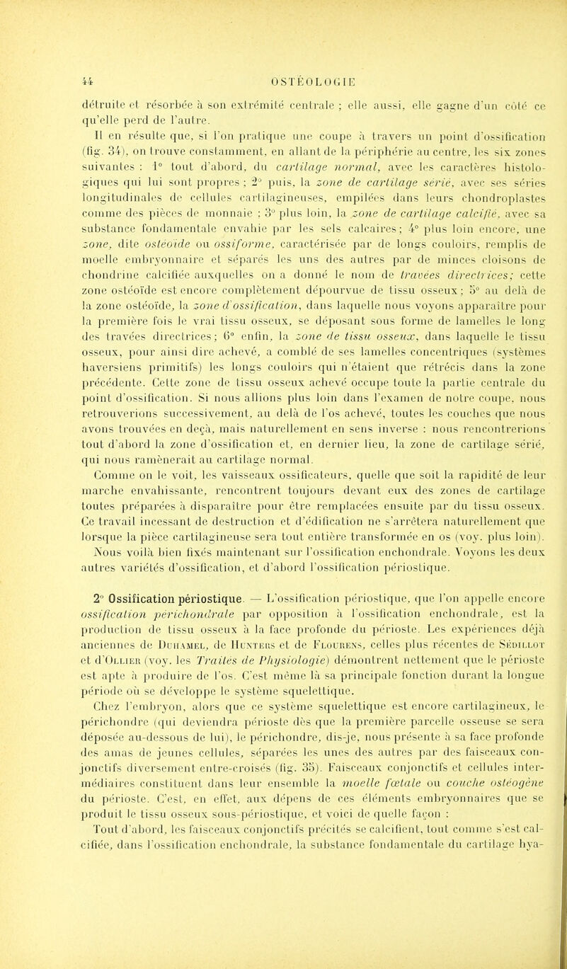 détruite et résorbée à son extrémité cenlrale ; elle aussi, elle gagne dun côté ce qu'elle perd de l'autre. Il en résulte que, si l'on pratique une coupe à travers un point d'ossification (fig. 34), on trouve constamment, en allant de la périphérie au centre, les six zones suivantes : 1° tout d'abord, du cartilage normal, avec les caractères histolo- giques qui lui sont propres ; 2 puis, la zone de cartilage sérié, avec ses séries longitudinales de cellules cartilagineuses, empilées dans leurs chondroplastes comme des pièces de monnaie : 3^ plus loin, la zone de cartilage calcifié, avec sa substance fondamentale envahie par les sels calcaires; -4° plus loin encore, une zone, dite ostéo'ide ou ossiforme, caractérisée par de longs couloirs, remplis de moelle embryonnaire et séparés les uns des autres par de minces cloisons de chondrine calcifiée auxquelles on a donné le nom de travées directr ices ; cette zone ostéoïde est encore complètement dépourvue de tissu osseux; 5 au delà de la zone ostéoïde, la zone d'ossification, dans laquelle nous voyons apparaître pour la première fois le vrai tissu osseux, se déposant sous foi'me de lamelles le long des travées directrices; 6 enfin, la zone de tissu osseux, dans laquelle le tissu osseux, pour ainsi dire achevé, a comblé de ses lamelles concentriques (systèmes haversiens primitifs) les longs couloirs qui n'étaient que rétrécis dans la zone précédente. Cette zone de tissu osseux achevé occupe toute la partie centrale du point d'ossification. Si nous allions plus loin dans l'examen de notre coupe, nous retrouverions successivement, au delà de l'os achevé, toutes les couches que nous avons trouvées en deçà, mais naturellement en sens inverse : nous rencontrerions tout d'abord la zone d'ossification et, en dernier lieu, la zone de cartilage sérié, qui nous ramènerait au cartilage normal. Comme on le voit, les vaisseaux ossificateurs, quelle que soit la rapidité de leur marche envaliissante, rencontrent toujours devant eux des zones de cartilage toutes préparées à disparaître pour être remplacées ensuite par du tissu osseux. Ce travail incessant de destruction et d'édification ne s'arrêtera naturellement que lorsque la pièce cartilagineuse sera tout entière transformée en os (voy. plus loin). Nous voilà bien fixés maintenant sur l'ossification enchondi'ale. Voyons les deux autres variétés d'ossification, et d'abord l'ossification périostique. 2 Ossification périostique. — L'ossification périostique. que l'on appelle encore ossification •})ériciiundrale par opposition à l'ossification enchondrale, est la production de tissu osseux à la face pi'ofonde du périoste. Les expériences déjà anciennes de Duh.\mel, de Hunteus et de Flourens, celles plus récentes de Sédillot et d'OLLiER (voy. les Traités de Physiologie) démontrent nettement que le périoste est apte à produire de l'os. C'est même là sa principale fonction durant la longue période où se développe le système squelcttique. Chez l'embryon, alors que ce système squelcttique est encore cartilagineux, le périchondre (qui deviendra périoste dès que la première parcelle osseuse se sera déposée au-dessous de lui), le périchondre, dis-je, nous présente à sa face profonde des amas de jeunes cellules, séparées les unes des autres par des faisceaux con- jonctifs diversement entre-croisés (fig. 35). Faisceaux conjonctifs et cellules inter- médiaires constituent dans leur ensemble la moelle fœtale ou couche osléogène du périoste. C'est, en effet, aux dépens de ces éléments embryonnaires que se produit le tissu osseux sous-périostique, et voici de quelle façon : Tout d'abord, les faisceaux conjonctifs précités se calcifient, tout comme s'est cal- cifiée, dans l'ossification enchondrale, la substance fondamentale du cartilage hya-