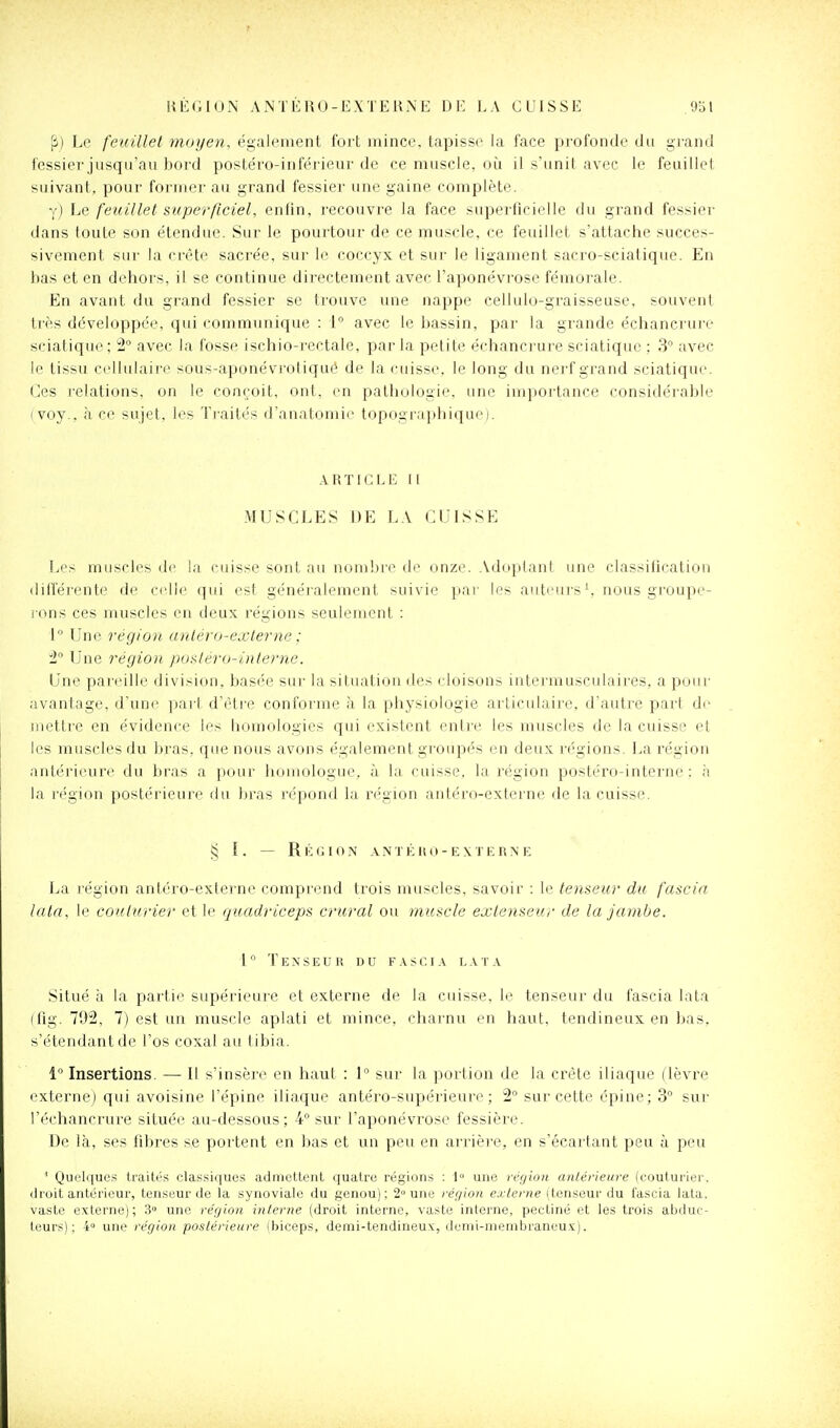 'p) Le feuillel moyen, également fort mince, tapisse la face profonde du grand fessier jusqu'au bord postéro-inférieur de ce muscle, oii il s'unit avec le feuillet suivant, pour former au grand fessier une gaine complète. y) Le feuillet superficiel, enfin, recouvre la face superficielle du grand fessier dans toute son étendue. Sur le pourtour de ce muscle, ce feuillet s'attache succes- sivement sur la crête sacrée, sui' le coccyx et sur le ligament sacro-sciatique. En bas et en dehors, il se continue directement avec l'aponévrose fémorale. En avant du grand fessier se trouve une nappe cellulo-graisseuse, souvent très développée, qui communique : 1° avec le bassin, par la grande échancrure sciatique; 2° avec la fosse ischio-rectale, par la petite échanci'ui'e sciatique ; 3 avec le tissu cellulaire sous-aponévrotiqué de la cuisse, le long du nerf grand sciatique. Ces relations, on le conçoit, ont, en pathologie, une importance considéi'able I voy., à ce sujet, les Ti'aités d'anatomic topographique;. ARTICLE II MUSCLES DE LA CUISSE Les muscles de la cuisse sont au nombre de onze. .Vdoptant une classification différente de celle qui est généralement suivie par les auteurs', nous groupe- rons ces muscles en deux régions seulement : 1 Une région anléro-exlerne ; 2 Une région posléro-inlerne. Une pareille division, basée sur la situation des cloisons inlei-inusculaires, a pour avantage, d'une part d'èti'e conforme à la physiologie articulaire, d'autre pari de mettre en évidence les homologies qui existent entre les muscles de la cuisse et les muscles du bras, que nous avons également groupés en deux régions. La région antérieure du bras a pour homologue, à la cuisse, la région postéro-interne : à la région postérieure du bras répond la région antéro-externe de la cuisse. § l. — R KG ION ANTKItO-EXTKRNE La région aniéro-externe comprend trois muscles, savoir : le tenseur du fascia latn, le couturier et le quadriceps crural ou muscle extenseur de la jambe. 1° Tenseur du f.\.>ci.\ l.vta Situé à la partie supérieure et externe de la cuisse, le tenseur du fascia lata (fig. 792, 7) est un muscle aplati et mince, charnu en haut, tendineux en bas. s'(îtendant de l'os coxal au tibia. ï Insertions. —- Il s'insère en haut : 1 sur la portion de la crête iliaque (lèvre externe; qui avoisine l'épine iliaque antéro-supérieure ; 2 sur cette épine; 3 sur l'échancrure située au-dessous; 4° sur l'aponévrose fessière. De là, ses fibres se portent en bas et un peu en arrièi-e, en s'écartant peu à peu ' Quelques traités classiques admettent quatre régions : 1° une reçjion antérieure (i-outurier. ilroit antérieur, tenseur de la synoviale du genou); 2 une région externe (tenseur du fascia lata. vaste externe); 3» une région interne (droit interne, vaste interne, pectine et les trois abduc- teurs); l une région postérieure (biceps, demi-tendineu\, i.lemi-nienibraneu.v).