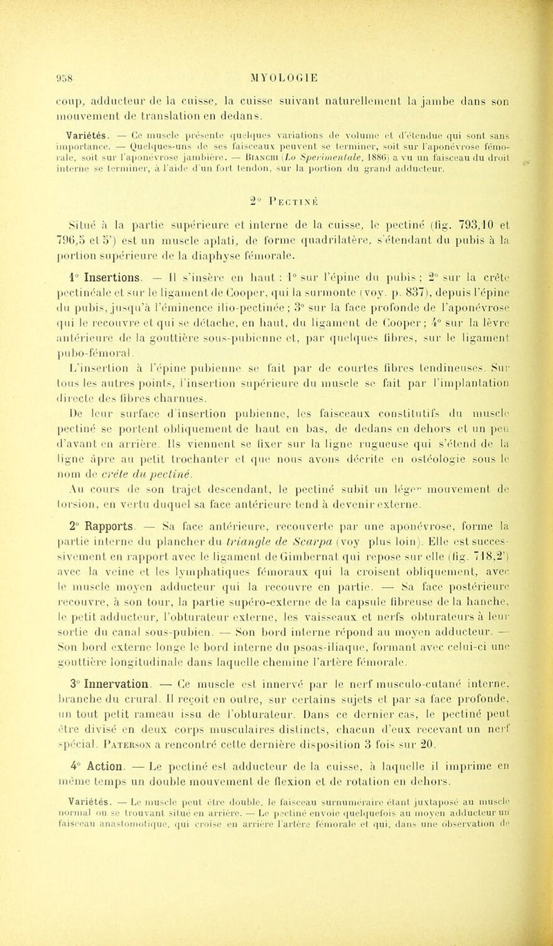 coup, adducteui' de la caisse, la caisse suivant naturellement la jambe dans son mouvement de translation en dedans. Variétés. — Ce inuselo piéseiile quelques vaviations de volume et dVHeudue qui sont sans importance. — Quelques-uns de ses faisceaux peuvent se terminer, soit sur l'aponévrose fémo- rale, soit sur l'aponévrose jambière. — Bianchi (Lo Sperimentale, 1886) a vu un faisceau du droit interne se terminer, à l'aide d'un fiirt tendon, sur la portion du grand adducteur. Pectixé Situé à la partie supérieure et interne de la cuisse, le pectiné (lîg. 793,10 et 796,5 et 5') est un muscle aplati, de forme quadrilatère, s'étendant du pubis à la portion supérieure de la diaphyse fémorale. 1° Insertions. — Il s'insère en haut : 1° sur répiiie du pubis ; sur la crête pectinéale et sur le ligament de Cooper, qui ia surmonte ( vo,y. p. 837), depuis l'épine du pubis, jusqu'à l'émiuence ilio-pectinée ; 3 sur la face profonde de l'aponévrose (jui le recouvre et qui se détache, en haut, du ligament de Cooper; i sur la lèvre antérieure de la gouttière sous-pubi(Mine et, par quelques libres, sur le ligament ])ubo-fémoraI. L'insertion à l'épine pubienne se l'ait par de courtes libres tendineuses. Sui- tous les autres points, l'insertion supérieure du muscle se fait par l'implanlation directe des fibres charnues. De leur surface d'insertion pubienne, les faisceaux constitutifs du muscle pectiné se portent obliquement de haut en bas, de dedans en dehors et un peu d'avant en arrière. Ils viennent se fixer sur la ligne rugueuse qui s'étend de lu ligne âpre au petit trochanter et que nous avons décrite en ostéologie sous le nom de creïe du pectiné. Au cours de son trajet descendant, le pectiné subit un lége mouvement de torsion, en vei'tu duquel sa face antérieure tend à devenir externe. 2 Rapports. — Sa face antérieure, recouverte par une aponévrose, forme la partie interne du plancher du triangle de Scarpa (voy plus loin). Elle est succes- sivement en rapport avec le ligament deGimbernat qui repose sur elle (fig. 718,2') avec la veine et les lymphatiques fémoraux qui la croisent obliquement, avec le muscle moyen adducteur qui la recouvre en partie. —■ Sa face postérieure recouvre, à son tour, la partie supéro-externe de la capsule fibreuse de la hanche, le petit adducteur, l'obturateur externe, les vaisseaux et nerfs obturateurs à leui- sortie du canal sous-pubien. — Son bord interne r(''pond au moyen adducteur. — Son bord externe longe le bord iutei'ne du psoas-iliaque, formant avec celui-ci une gouttière longitudinale dans laquelle chemine l'artère fémorale. 3* Innervation. — Ce muscle est innervé par le nerf musculo-cutané interne. ])rancbe du crural. Il reçoit en outre, sur certains sujets et par sa face profonde, un tout petit rameau issu de l'obturateur. Dans ce dernier cas, le pectiné peut être divisé en deux corps musculaires distincts, chacun d'eux recevant un nej'f >pécial. P.iTERsoN a rencontré cette dernière disposition 3 fois sur 20. 4 Action. — Le pectiné est adducteur de la cuisse, à laquelle il imprime en même temps un double mouvement de flexion et de rotation en dehors. 'Variétés. — Le muscle peut être double, le faisceau surnuméraire étant juxtaposé au muscle iioi-nial ou se trouvant situé en arrière. — Le pectiné envoie quelquefois au moyen adducteur un faisi-eau anastomotique. (|ui ci'oise en ari'iére l'artère fémorale et qui. dans une observation di'