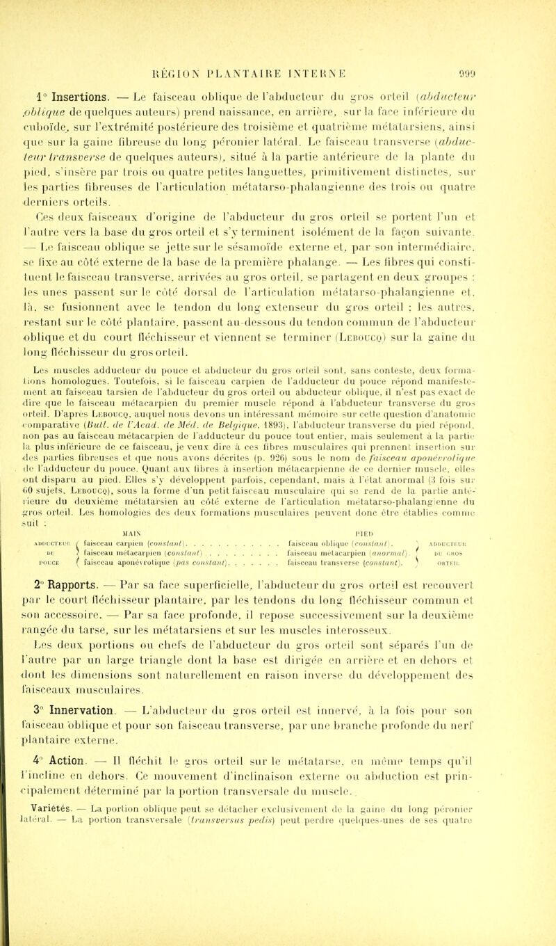 1 Insertions. — Le faisceau oblique de Fabducteur du gros orteil (abducteur .oblique de quelques auteurs) prend naissance, en arrière, sur la face inférieure du ciiboïdej sur l'extrémité postérieure des troisième et quatrième métatarsiens, ainsi que sur la gaine fibreuse du long péronier latéral. Le faisceau transverse (abduc- (etir Iransverse ÙQ quelques auteurs), situé à la partie antérieure de la plante du pied, s'insère par trois ou quatre petites languettes, primitivement distinctes, sur les parties fibreuses de Farticulation métatarso-phalangienne des trois ou quatre derniers orteils. Ces deux faisceaux dorigine de l'abducteur du gros orteil se portent l'un et l'autre vers la base du gros orteil et s'y terminent isolément de la façon suivante. — Le faisceau oblique se jette sur le sésamoïde externe et, par son intermédiaire, se fixe au côté externe de la base de la première phalange. — Les fibres qui consti- tuent le faisceau transverse, arrivées au gros orteil, se partagent en deux groupes : les unes passent sur le côté dorsal de l'articulation métatarso-phnlangienne et, là. se fusionnent avec le tendon du long extenseur du gros orteil ; les autres, restant sur le côté plantaire, passent au-dessous du tendon commun de l'abducteui' oblique et du court fléchisseur et viennent se terminer (Leboucq) sur la gaine du long fléchisseur du gros orteil. Les muscles adducteur du pouce et abducteur du gros orteil sont, sans conteste, deu.v forma- lions homologues. Toutefois, si le faisceau carpien de l'adducteur du pouce répond manifeste- ment au faisceau tarsien de l'abducteur du gi'os orteil ou abducteur oblique, il n'est pas exact de <lire que le faisceau métacarpien du premier muscle répond à l'abducteur transverse du gvo^ orteil. D'après Leboucq, auquel nous devons un intéressant mémoire sur cette question d'anatomic comparative {IJttll. de l'Acad. de Me'd. de Belfjique, 1893). l'abducteur transverse du pied répond, non pas au faisceau métacarpien de l'adducteur du pouce tout entier, mais seulement à la partie la plus inférieui e de ce faisceau, Je veu-t dire à ces fibres musculaires qui prennent insei-tion sur ^les parties lîbreuses et que nous avons décrites (p. 926) sous le nom de faisceau aponévrotique de l'adducteur du pouce. Quant aux libres à insei-tion métacarpienne de ce dernier muscle, elles ont disparu au pied. Elles s'y développent parfois, cependant, mais à l'état anormal (3 fois sur (iO sujets. Leboucq), sous la forme d'un petit faisceau musculaire qui se rend de la partie anté- lieure du deuxième métataisien au côté externe de l'articulation métatarso-phalangienne du gros orteil. Les homologies des tleux formations musculaiies peuvent donc être établies comme i^uit ; 2 Rapports. — l^ar sa face superficielle, Fabducteur du gros orteil est recouvert par le court lléchisseur plantaire, par les tendons du long lléchisseur commun et i^on accessoire. — Par sa face profonde, il repose successivement sur la deuxième rangée du tarse, sur les métatarsiens et sur les muscles interosseux. Les detix portions ou chefs de l'abducteur du gros orteil sont séparés l'un de Fautre par un large triangle dont la base est dirigée en arrière et en dehors et ■dont les dimensions sont nalurellement en raison inversi' du développement des l'a isceaux m uscidaires. 3 Innervation. — L'abducteur du gros orteil est innervé, à la fois pour son faisceau oblique et pour son faisceau transverse, par une branche profonde du nerf plantaire externe. 4 Action. — Il fléchit le gros orteil sur le métatarse, en même temps qu'il Fincline (mi dehors. Ce mouvement d'inclinaison externe ou abduction est prin- i ipalement <léterminé par la portion transversale du muscle.. Variétés. — La portion oblique peut se détacher exclusivement de la gaine du long péroniei- Jutéral. — La portion transversale [Iransversus pedis) peut perdre quelques-unes de ses quatre faisceau oblique (coHSlaiii). faisceau métacarpien (anormal) faisceau transversc [conslant). PIED OBTRII.